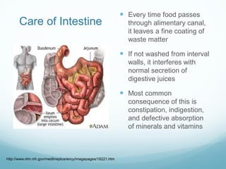 Care of Intestine
 Every time food passes
through alimentary canal,
it leaves a fine coating of
waste matter
 If not washed from interval
walls, it interferes with
normal secretion of
digestive juices
 Most common
consequence of this is
constipation, indigestion,
and defective absorption
of minerals and vitamins
http://www.nlm.nih.gov/medlineplus/ency/imagepages/19221.htm
 