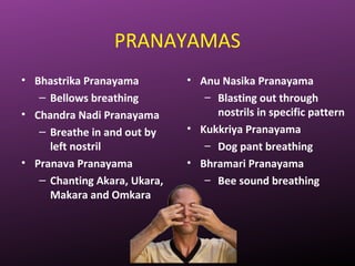 PRANAYAMAS
• Bhastrika Pranayama
– Bellows breathing
• Chandra Nadi Pranayama
– Breathe in and out by
left nostril
• Pranava Pranayama
– Chanting Akara, Ukara,
Makara and Omkara
• Anu Nasika Pranayama
– Blasting out through
nostrils in specific pattern
• Kukkriya Pranayama
– Dog pant breathing
• Bhramari Pranayama
– Bee sound breathing
 