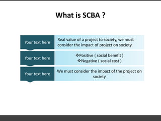 What is SCBA ?
Your text here
Real value of a project to society, we must
consider the impact of project on society.
Positive ( social benefit )
Negative ( social cost )
Your text here
We must consider the impact of the project on
society
Your text here
 