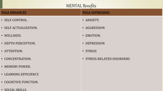 MENTAL Benefits
YOGA ENHANCES YOGA SUPRESSESS
• SELF CONTROL.
• SELF ACTUALIZATION.
• WELLNESS.
• DEPTH PERCEPTION.
• ATTENTION.
• CONCENTRATION.
• MEMORY POWER.
• LEARNING EFFICIENCY.
• COGNITIVE FUNCTION.
• SOCIAL SKILLS.
• ANXIETY.
• AGGRESSION
• EMOTION.
• DEPRESSION
• STRESS
• STRESS-RELATED DISORDERS
 