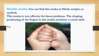 Shankh mudra: You can find this mudra in Hindu temples as
symbols.
This mudra is very effective for throat problems. The clasping
positioning of the fingers in this mudra simulates a conch shell.
Fig:
 