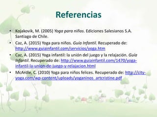 Referencias
• Kojakovik, M. (2005) Yoga para niños. Ediciones Salesianos S.A.
Santiago de Chile.
• Caz, A. (2015) Yoga para niños. Guía Infantil. Recuperado de:
http://www.guiainfantil.com/servicios/yoga.htm
• Caz, A. (2015) Yoga infantil: la unión del juego y la relajación. Guía
Infantil. Recuperado de: http://www.guiainfantil.com/1470/yoga-
infantil-la-union-de-juego-y-relajacion.html
• McArdle, C. (2010) Yoga para niños felices. Recuperado de: http://city-
yoga.com/wp-content/uploads/yoganinos_artcristine.pdf
 