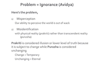 Problem = Ignorance (Avidya)Here’s the problem,MisperceptionOur ability to perceive the world is out of wackMisidentification with physical reality (prakriti) rather than transcendent reality (purusha)Prakriti is considered illusion or lower level of truth because it is subject to change while Purusha is considered unchanging Change = TemporaryUnchanging = Eternal