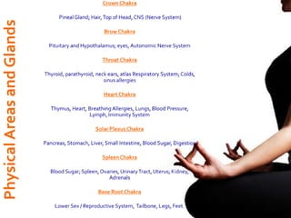 Crown Chakra Pineal Gland; Hair, Top of Head, CNS (Nerve System)Brow ChakraPituitary and Hypothalamus; eyes, Autonomic Nerve SystemThroat ChakraThyroid, parathyroid, neck ears, atlas Respiratory System; Colds, sinus allergiesHeart ChakraThymus, Heart, Breathing Allergies, Lungs, Blood Pressure, Lymph, Immunity SystemSolar Plexus ChakraPancreas, Stomach, Liver, Small Intestine, Blood Sugar, DigestionSpleen Chakra Blood Sugar; Spleen, Ovaries, Urinary Tract, Uterus; Kidney, AdrenalsBase Root ChakraLower Sex / Reproductive System,  Tailbone, Legs, Feet.Physical Areas and Glands 