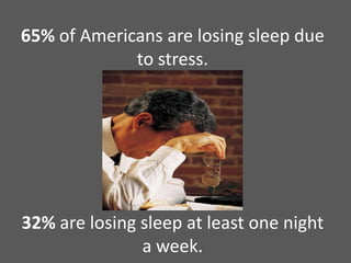 65% of Americans are losing sleep due to stress.32% are losing sleep at least one night a week.