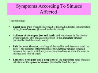 Symptoms According To Sinuses Affected   These include: Facial pain . Pain when the forehead is touched indicates inflammation of the  frontal sinuses   (located in the forehead). Achiness of the upper jaw and teeth , and tenderness in the cheeks when touched. This indicates infection in the  maxillary sinuses  (located behind the cheekbones). Pain between the eyes , swelling of the eyelids and tissues around the eyes. This indicates inflammation of the  ethmoid sinuses  (located between the eyes), which may also cause tenderness when the nose is touched and loss of smell. Earaches, neck pain and a deep ache  at the  top of the head  indicate infection of the  sphenoid sinuses  (located behind the eyes).  