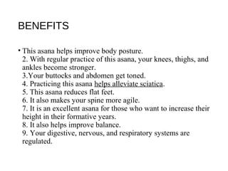 BENEFITS
• This asana helps improve body posture.
2. With regular practice of this asana, your knees, thighs, and
ankles become stronger.
3.Your buttocks and abdomen get toned.
4. Practicing this asana helps alleviate sciatica.
5. This asana reduces flat feet.
6. It also makes your spine more agile.
7. It is an excellent asana for those who want to increase their
height in their formative years.
8. It also helps improve balance.
9. Your digestive, nervous, and respiratory systems are
regulated.
 