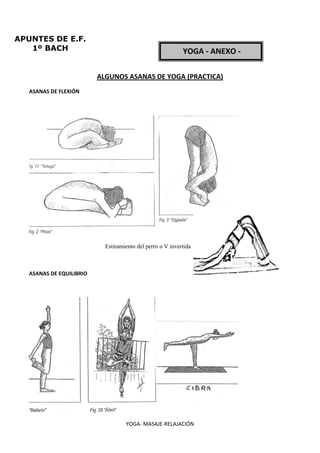 YOGA- MASAJE-RELAJACIÓN
APUNTES DE E.F.
1º BACH
ALGUNOS ASANAS DE YOGA (PRACTICA)
ASANAS DE FLEXIÓN
Estiramiento del perro o V invertida
ASANAS DE EQUILIBRIO
YOGA - ANEXO -
 