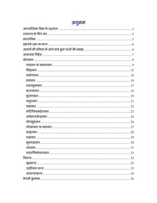 अनुबम
आध्याित्मक िव ा क उदगाता ............................................................................................... 3
                 े
ःवाःथ्य क िलए मंऽ .............................................................................................................. 5
         े
ूाःतािवक ............................................................................................................................ 5
ॄ चयर्-रक्षा का मन्ऽ............................................................................................................. 6
आसनों की ूिकया में आने वाले कछ शब्दों की समझ .............................................................. 6
                             ु
आवँयक िनदश .................................................................................................................... 7
योगासन ............................................................................................................................... 9
   प ासन या कमलासन ....................................................................................................... 9
   िस ासन ......................................................................................................................... 12
   सवागासन....................................................................................................................... 14
   हलासन........................................................................................................................... 16
   पवनमु ासन .................................................................................................................. 17
   मत्ःयासन...................................................................................................................... 18
   भुजगासन ....................................................................................................................... 19
      ं
   धनुरासन ........................................................................................................................ 21
   चबासन.......................................................................................................................... 22
   किटिपण्डमदर्नासन ......................................................................................................... 23
   अधर्मत्ःयेन्िासन............................................................................................................ 24
   योगमुिासन .................................................................................................................... 26
   गोरक्षासन या भिासन ..................................................................................................... 27
   मयूरासन ........................................................................................................................ 28
   वळासन .......................................................................................................................... 29
   सु वळासन..................................................................................................................... 30
   शवासन........................................................................................................................... 31
   पादपि मो ानासन ......................................................................................................... 33
िऽबन्ध................................................................................................................................ 35
   मूलबन्ध ......................................................................................................................... 35
   उड्डीयान बन्ध ................................................................................................................ 35
   जालन्धरबन्ध ................................................................................................................. 36
कवली कम्भक..................................................................................................................... 36
 े    ु
 