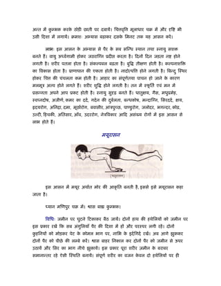 अन्त में कम्भक करक ठोड़ी छाती पर दबायें। िच वृि
          ु       े                                       मूलाधार चब में और      ि     भी
उसी िदशा में लगायें। बमशः अ यास बढ़ाकर दसक िमनट तक यह आसन करें ।
                                         े

       लाभः इस आसन क अ यास से पैर क सब सिन्ध ःथान तथा ःनायु सश
                    े              े
बनते ह। वायु ऊध्वर्गामी होकर जठराि न ूदी           करता है । िदनों िदन जड़ता न        होने
लगती है । शरीर पतला होता है । संकल्पबल बढ़ता है । बुि         तीक्षण होती है । कल्पनाशि
का िवकास होता है । ूाणापान की एकता होती है । नादोत्पि          होने लगती है । िबन्द ु िःथर
होकर िच     की चंचलता कम होती है । आहार का संपूणतया पाचन हो जाने क कारण
                                                र्                े
मलमूऽ अल्प होने लगते ह। शरीर शुि            होने लगती है । तन में ःफितर् एवं मन में
                                                                    ू
ूसन्नता अपने आप ूकट होती है । ःनायु सु ढ़ बनते ह। धातुक्षय, गैस, मधुूमेह,
ःवप्नदोष, अजीणर्, कमर का ददर् , गदर् न की दबर्लता, बन्धकोष, मन्दाि न, िसरददर्, क्षय,
                                           ु
 दयरोग, अिनिा, दमा, मूछार्रोग, बवासीर, आंऽपुच्छ, पाण्डु रोग, जलोदर, भगन्दर, कोढ़,
उल्टी, िहचकी, अितसार, आँव, उदररोग, नेऽिवकार आिद असं य रोगों में इस आसन से
लाभ होते ह।


                                            मयूरासन




       इस आसन में मयूर अथार्त मोर की आकृ ित बनती है , इससे इसे मयूरासन कहा
जाता है ।

       ध्यान मिणपुर चब में।         ास बा    कम्भक।
                                              ु

       िविधः जमीन पर घुटने िटकाकर बैठ जायें। दोनों हाथ की हथेिलयों को जमीन पर
इस ूकार रखें िक सब अंगिलयाँ पैर की िदशा में हों और परःपर लगी रहें । दोनों
                      ु
कहिनयों को मोड़कर पेट क कोमल भाग पर, नािभ क इदर् िगदर् रखें। अब आगे झुककर
 ु                    े                   े
दोनों पैर को पीछे की लम्बे करें ।    ास बाहर िनकाल कर दोनों पैर को जमीन से ऊपर
उठायें और िसर का भाग नीचे झुकायें। इस ूकार पूरा शरीर ज़मीन क बराबर
                                                           े
समानान्तर रहे ऐसी िःथित बनायें। संपूणर् शरीर का वजन कवल दो हथेिलयों पर ही
                                                     े
 