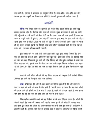 बढ़ जाती है । अन्तर में महानता का अनुभव होता है । काम, बोध, लोभ, मोह, मद और
मत्सर इन छः शऽुओं पर िवजय ूा          होती है । कवली कम्भक की मिहमा अपार है ।
                                                 े    ु


                                      जलनेित

       िविधः एक िलटर पानी को गुनगुना सा गरम करें । उसमें करीब दस माम शु
नमक डालकर घोल दें । सैन्धव िमल जाये तो अच्छा। सुबह में ःनान क बाद यह पानी
                                                             े
चौड़े मुहवाले पाऽ में, कटोरे में लेकर पैरों पर बैठ जायें। पाऽ को दोनों हाथों से पकड़ कर
       ँ
नाक क नथुने पानी में डु बो दें । अब धीरे -धीरे नाक क
     े                                              े   ारा    ास क साथ पानी को भीतर
                                                                   े
खींचें और नाक से भीतर आते हए पानी को मुह से बाहर िनकालते जायें। नाक को पानी
                           ु           ँ
में इस ूकार बराबर डु बोये रखें िजससे नाक     ारा भीतर जानेवाले पानी क साथ हवा न
                                                                     े
ूवेश करे । अन्यथा आँतरस-खाँसी आयेगी।

       इस ूकार पाऽ का सब पानी नाक          ारा लेकर मुख       ारा बाहर िनकाल दें । अब
पाऽ को रख कर खड़े हो जायें। दोनों पैर थोड़े खुले रहें । दोनों हाथ कमर पर रखकर             ास
को जोर से बाहर िनकालते हए आगे की ओर िजतना हो सक झुक। भिॐका क साथ यह
                        ु                      े   ें       े
िबया बार-बार करें , इससे नाक क भीतर का सब पानी बाहर िनकल जायेगा। थोड़ा बहत
                              े                                         ु
रह भी जाये और िदन में कभी भी नाक से बाहर िनकल जाये तो कछ िचन्ताजनक नहीं
                                                       ु
है ।

       नाक से पानी भीतर खींचने की यह िबया ूारम्भ में उलझन जैसी लगेगी लेिकन
अ यास हो जाने पर िबल्कल सरल बन जायेगा।
                      ु

       लाभः मिःतंक की ओर से एक ूकार का िवषैला रस नीचे की ओर बहता है ।
यह रस कान में आये तो कान क रोग होते ह, आदमी बहरा हो जाता है । यह रस आँखों
                          े
की तरफ जाये तो आँखों का तेज कम हो जाता है , चँमे की ज रत पड़ती है तथा अन्य
रोग होते ह। यह रस गले की ओर जाये तो गले क रोग होते ह।
                                         े

       िनयमपूवक जलनेित करने से यह िवषैला पदाथर् बाहर िनकल जाता है । आँखों की
              र्
रोशनी बढ़ती है । चँमे की ज रत नहीं पड़ती। चँमा हो भी तो धीरे -धीरे नम्बर कम
           ू
होते-होते छट जाता भी जाता है ।     ासोच्छोवास का मागर् साफ हो जाता है । मिःतंक में
ताजगी रहती है । जुकाम-सद होने क अवसर कम हो जाते ह। जलनेित की िबया करने
                               े
 