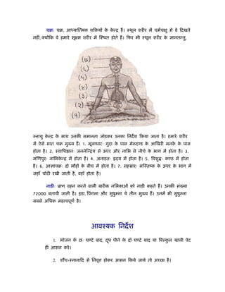 चबः चब, आध्याित्मक शि यों क कन्ि ह। ःथूल शरीर में चमर्चक्षु से वे िदखते
                                  े े
नहीं, योंिक वे हमारे सूआम शरीर में िःथत होते ह। िफर भी ःथूल शरीर के          ानतन्तु,




ःनायु कन्ि क साथ उनकी समानता जोड़कर उनका िनदश िकया जाता है । हमारे शरीर
       े    े
में ऐसे सात चब मु य ह। 1. मूलाधारः गुदा क पास मे दण्ड क आिखरी मनक क पास
                                         े             े         े े
होता है । 2. ःवािध ानः जननेिन्िय से ऊपर और नािभ से नीचे क भाग में होता है । 3.
                                                         े
मिणपुरः नािभकन्ि में होता है । 4. अनाहतः
             े                                दय में होता है । 5. िवशु ः कण्ठ में होता
है । 6. आ ाचबः दो भौहों क बीच में होता है । 7. सहॐारः मिःतंक क ऊपर क भाग में
                         े                                    े     े
जहाँ चोटी रखी जाती है , वहाँ होता है ।

       नाड़ीः ूाण वहन करने वाली बारीक निलकाओं को नाड़ी कहते ह। उनकी सं या
72000 बतायी जाती है । इड़ा, िपंगला और सुषुम्ना ये तीन मु य ह। उनमें भी सुषुम्ना
सबसे अिधक मह वपूणर् है ।




                                आवँयक िनदश

           1. भोजन क छः घण्टे बाद, दध पीने क दो घण्टे बाद या िबल्कल खाली पेट
                    े               ू       े                     ु
      ही आसन करें ।

           2. शौच-ःनानािद से िनवृ        होकर आसन िकये जाये तो अच्छा है ।
 