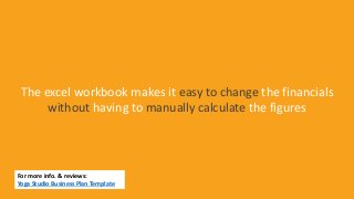 The excel workbook makes it easy to change the financials
without having to manually calculate the figures
For more info. & reviews:
Yoga Studio Business Plan Template
 