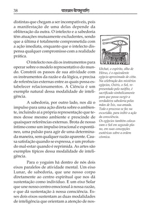 38                          paataÕala ya{gasaU«aaiNa

distintas que chegam a ser incompatíveis, pois
a manifestação de uma delas depende da
obliteração da outra. O intelecto e a sabedoria
têm atuações mutuamente excludentes, sendo
que a última é totalmente comprometida com
a ação imediata, enquanto que o intelecto dis-
pensa qualquer compromisso com a realidade
prática.
        O intelecto nos dá os instrumentos para
operar sobre o modelo representativo do mun-           Utchat, o espírito, olho de
do. Constrói os passos de sua atividade com            Hórus, é o equivalente
os instrumentos da razão e da lógica, e precisa        egípcio aproximado de citta.
de referências externas entre as quais possa es-       Na celebração dos mistérios
                                                       egípcios, Osíris, o Sol, re-
tabelecer relacionamentos. A Ciência é um
                                                       presentado pelo neófito, é
exemplo natural dessa modalidade de inteli-            sacrificado simbolicamente
gência.                                                para que possa surgir a
                                                       verdadeira sabedoria pelas
         A sabedoria, por outro lado, nos dá o
                                                       mãos de Ísis, sua amada.
impulso para uma ação direta sobre o ambien-           Todo o processo se faz na
te, incluindo aí a própria representação que te-       escuridão, para inibir a ação
mos desse mesmo ambiente e prescinde de                da consciência.
quaisquer referências externas. Brota de nosso         Os egípcios também coloca-
                                                       vam o Sol em segundo pla-
íntimo como um impulso irracional e espontâ-           no, em suas concepções
neo, uma pulsão para agir de uma determina-            esotéricas sobre a ordem
da maneira, sem qualquer razão aparente. Cau-          cósmica.
sa satisfação quando se expressa, e um profun-
do mal-estar quando é reprimida. As artes são
exemplos típicos dessa modalidade de inteli-
gência.
        Para o yoguim há dentro de nós dois
eixos paralelos de atividade mental. Um eixo
Lunar, de sabedoria, que une nosso corpo
diretamente ao centro espiritual que nos dá
sustentação como indivíduo. E um eixo Solar
que une nosso centro emocional à nossa razão,
e que dá sustentação à nossa consciência. Es-
ses dois eixos sustentam as duas modalidades
de inteligência que orientam a atenção de nos-
 