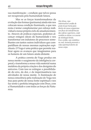 40                         paataÕala ya{gasaU«aaiNa

sua manifestação – condição que talvez possa
ser recuperada pela humanidade futura.
         Mas se as forças transformadoras da
                                                      Um tênue, mas
evolução das formas (parinama) ainda não nos          indestrutível cordão de
colocam nessa condição iluminada, o que nos           prata (Lua) traria para
resta é tentar complementar por esforço indi-         dentro de nosso organismo
vidual o nosso próprio ciclo de amadurecimen-         um fluxo de interferências
                                                      das esferas superiores, onde
to. Através de práticas especiais, podemos al-
                                                      residem os devas e os asuras
cançar estágios ideais da humanidade e nos            da mitologia hindu.
transformar em indutores de processos seme-           Esse cordão, seja simbólico
lhantes em tantos outros indivíduos que com-          ou real, tornaria presente a
partilham de nossas mesmas aspirações espi-           vida espiritual dentro do
                                                      nosso corpo.
rituais. O Yoga é uma prática que permite rea-
lizar agora os avanços que imaginamos para
os homens de um futuro ainda distante.
        A prática correta do Yoga produz em
nossa mente o surgimento da inteligência cor-
poral, e transforma a nossa vida material numa
metáfora da própria criação e dos desígnios do
universo. Com isso se extingue a possibilida-
de do erro, da dor, e da impermanência nas
atividades de nossa mente. A iluminação de
nossa consciência pela realização do Yoga nos
traz para perto de nossa fonte espiritual e nos
faz sentir a perfeita integração com Deus, com
a Humanidade e com todas as forças da Natu-
reza.
 
