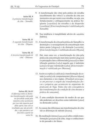 (III, 9-16)                      Os Yogasutras de Patañjali                              71

                                 9. A transformação [de citta] pela prática do nirodha
                Sutra III, 9         (recolhimento das vrttis) é a conexão de citta aos
  A primeira transformação           momentos em que ocorre esse nirodha, ou seja, seu
        de citta - Samadhi.          fortalecimento e enfraquecimento na prática fre-
                                     qüente [ sa,skára ] do nirodha e da dispersão
                                     [vyutthána]. [Esta transformação é viabilizada pelo
                                     Samadhi]

                                 10. Sua tendência à tranqüilidade advém do sa,skára
                                     [hábito].
              Sutra III, 11
  A segunda transformação        11. A transformação de citta pela prática do Samadhi é a
        de citta - Dhyana.            destruição e o ressurgimento da concentração num
                                      único ponto [ekágrata] e da distração [sarvártha].
                                      [Esta transformação é viabilizada durante Dhyana]
                Sutra III, 12
A terceira transformação de      12. Daí, mais uma vez, a transformação de citta pela
            citta - Dharana.         prática da concentração num único ponto [ekagrata]
                                     é a percepção clara e diferenciada [pratyaya] e a iden-
                                     tificação genérica [tulya] naquilo que é indistinto
                                     [çánta] e no que é destacado [udita]. [Esta transfor-
                                     mação é viabilizada por Dharana]

                                 13. Assim se explica [vyákhyáta] a transformação de es-
                                      tado [avastha] e de comportamento [dharma lakõana]
                                      nos elementos e nos órgãos. [Patañjali preocupa-
                                      se em precisar a origem das transformações físi-
                                      cas e psíquicas que acontecem no organismo do
                                      praticante de Yoga. Todas elas são conseqüência
                                      das transformações da condição de citta durante a
           Sutras III, 14-15          prática do samyama].
 A diferença entre as distin-
tas transformações não pode
     ser percebida senão pela
                                 14. É uma condição decorrente de modos de ser que
    maneira como acontecem           não poderiam ser descritos como indistinto [çánta]
   por isso não importa qual         ou destacado [udita].
     delas opera, mas sim os
  resultados que são percebi-    15. As causas das diferenças nas transformações de citta
      dos, e que passam a ser         são as diferenças de método [krama].
         descritos a partir do
                     sutra 16.   16. Da meditação intensa [sa,yama] sobre a tripla trans-
                                      formação [pariñáma] de citta, surge o conhecimen-
                                      to do passado e do futuro.
 