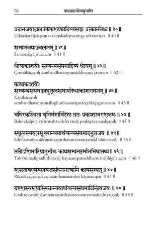 78                            paataÕala ya{gasaU«aaiNa



odanajayaaÌalapakªkªNqkªaidSvasaü otk®ªanitaéa || 40 ||
Udánajayájjalapa,kakañóakádiõvasa,ga utkrántiçca || 40 ||

samaanajayaaÌvalanama/ || 41 ||
Samánajayájjvalanam || 41 ||

êa{«aakªaxaya{: sambanDasayamaaiövya êa{«ama/ || 42 ||
Çrotrákáçayof sambandhasa,yamáddivya, çrotram || 42 ||

kªayaakªaxaya{:
sambanDasayamaaÎaGautaUlasamaapaºaeéaakªaxagamanama/ || 43 ||
Káyákáçayof
sambandhasa,yamállaghutúlasamápatteçcákáçagamanam || 43 ||

baihrkªilpataa va&iºama*haivadeha tata: paRkªaxaavarNa§aya: || 44 ||
Bahirakalpitá vqttirmahávidehá tataf prakáçávarañakõayaf || 44 ||

sTaUlasvaÚpasaU§maanvayaaTa*vaºvasayamaad/BaUtajaya: || 45 ||
Sthúlasvarúpasúkõmánvayárthavattvasa,yamád bhútajayaf || 45 ||

tata{HiNamaaidpaRaduBaa*va: kªayasampaºaõmaa*naiBaGaataéa || 46 ||
Tato;ñimádiprádurbhávaf káyasampattaddharmánabhighátaçca || 46 ||

ÚpalaavaNyabalavajaRsahnanatvaaina kªayasampata/ || 47 ||
Rúpalávañyabalavajrasa,hananatváni káyasampat || 47 ||

gaRhNasvaÚpaaismataanvayaaTa*vaºvasayamaaidind#yajaya: || 48 ||
Grahañasvarúpásmitánvayárthavattvasa,yamádindriyajayaf || 48 ||
 
