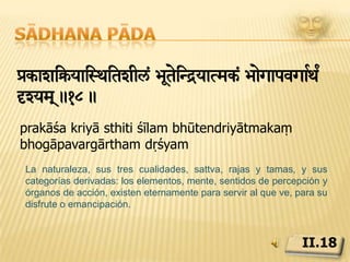 Sādhana pādaivze;aivze;il¼maÇail¼ain gu[pvaRi[.19.viśeṣa aviśeṣa liṅgamātra aliṅgāni guṇáparvāṇiLos gunas generan sus divisiones y energías características en el que ve.  Sus estadios son distinguibles e indistinguibles, diferenciables e indiferenciables.II.19