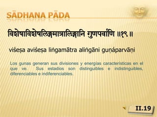 Sādhana pādaÔòa †izmaÇ> zuÏae=ip àTyyanupZy>.20.draṣṭā dṛśimātraḥ śuddhaḥ api pratyayānupaśyaḥEl que ve es pura consciencia. Observa la naturaleza sin depender de ella.II.20