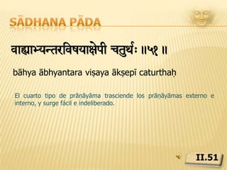 Sādhana pādatt> ]Iyte àkazavr[m!.52.tataḥ kshīyate prakāśa āvaranamPrāṇāyāma aparta el velo que cubre la luz del conocimiento y anuncia el principio de la sabiduría.II.52