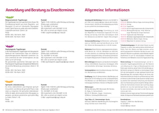 50 51AlleSeminareundAufenthaltemitYogastunden,Meditation,Mantra-Singen.Abkürzungen,Tagesablaufs.Seite51. Anmeldeformulars.Seite 49,Tel.Anmeldung+Infostägl.8-20UhrBM:05234/870;WW:02685/80020;NO:04426/9041610,AL:08361/925300
Körperorientierte Yogatherapie
DieYogatherapiehateinenganzheitlichen Ansatz. Die
Einzelberatung besteht aus einem Gesprächs- und
Übungsteil. Es wird ein individueller Übungsplan
erstellt. Damit kannst du selber aktiv deine Selbsthei-
lungskräfte aktivieren. (Siehe S. 8)
Preise
60 Min. 40€, 10er Karte: 358€
90 Min 60€, 10er Karte: 542€
Kontakt
Täglich13:00-14:00Uhr,außerDienstagundSonntag
(Änderungen vorbehalten)
Tel.: 05234/87-22 45 oder
AB ist geschaltet unter 05234/87-22 50
Wir rufen so schnell wie möglich zurück.
E-Mail: yogatherapie@yoga-vidya.de
Spirituelle Lebensberatung
Du lernst, Lebensthemen und Ereignisse spirituell
einzuordnen und ebenso die spirituelle Praxis in das
Leben zu integrieren. Die spirituellen Lebensberater
helfen dir dabei, deinen persönlichen Übungsplan zu
gestalten und deinen persönlichen spirituellen Weg
zu finden. (Siehe S. 18)
Preise
45 Min. 32€
Kontakt
Täglich13:00-14:00Uhr,außerDienstagundSonntag
(Änderungen vorbehalten)
Tel.: 05234/87-22 45 oder
AB ist geschaltet unter 05234/87-22 50
Wir rufen so schnell wie möglich zurück.
E-Mail: yogatherapie@yoga-vidya.de
Psychologische Yogatherapie
InderPsychologischenYogatherapiewirddasgesamte
Spektrum des traditionellen Yoga mit modernen
psychotherapeutischen Methoden kombiniert. Du
wirst unterstützt bei allen Schwierigkeiten, die das
Leben so mit sich bringt.
Bei gravierenden psychischen Störungen kann die
PsychologischeYogatherapiealsbegleitendeMaßnahme
die ärztliche Behandlung unterstützen. (Siehe S. 14)
Preise
60 Min. 40€, 10er Karte: 358€
90 Min 60€, 10er Karte: 542€
Kontakt
Täglich13:00-14:00Uhr,außerDienstagundSonntag
(Änderungen vorbehalten)
Tel.: 05234/87-22 45 oder
AB ist geschaltet unter 05234/87-22 50
Wir rufen so schnell wie möglich zurück.
E-Mail:psychologische-yogatherapie@yoga-vidya.de
AnmeldungundBeratungzuEinzelterminen Allgemeine Informationen
AnmeldungfürBadMeinberg:Telefonischunter05234/87-0,
per E-Mail unter rezeption@yoga-vidya.de oder Anmelde-
formular (siehe S. 49). Mit der Anmeldebestätigung erhältst
du eine ausführliche Anreisebeschreibung.
Seminarbeginn/Anreisetag: Zimmerbezug ab 15:00
Uhr, Möglichkeit zur Ankommens-Yogastunde 16:15 Uhr
(Freitag und Sonntag 16:30 Uhr), Seminarbeginn 20:00
Uhr. Abholservice vom Bahnhof möglich. Bitte anfragen!
Seminarende/Abreisetag: bei Wochenend- und Kurzsemi-
naren ca. 15:00 Uhr, sonst nach dem Brunch um ca. 12:00
Uhr. Zimmer am Abreisetag bitte bis 12:30 Uhr räumen.
Mahlzeiten: Biozertifiziertes,vegan/vegetarischesVollwert-
buffet (Brunch ab 11:00 Uhr, Abendessen ab 18:00 Uhr),
mit Liebe zubereitet, mit vollwertigen Nahrungsmitteln aus
kontrolliert-biologischemAnbau.AufSonderwünschekönnen
wireingehen(AbsprachebittemindestenseineWochevorher).
Bitte mitbringen: Bettwäsche und Handtücher (Leihgebühr
5€ bzw. 3€/2€) Wecker, Hausschuhe, Schreibpapier, Stifte
und Schnellhefter. Brillenträger: Hartschalen-Brillenetui.
Seminargebühren: Siehe Einzelbeschreibungen. Alle Preise
inkl. Übernachtung und Mahlzeiten.
Ermäßigung: Unter25-JährigeerhalteninBadMeinbergund
Westerwald 25 % Ermäßigung auf den Schlafsaal/Zeltplatz
Preis (Nordsee nur in der Nebensaison). 5 % Rabatt auf den
Individualgast Aufenthalt in Ashrams für Mitglieder des BYV.
Abkürzungen:
BM: Bad Meinberg; WW: Westerwald; NO: Nordsee,
AL: Allgäu, SL: Seminarleiter/in
MZ, DZ, EZ: Mehrbett-, Doppel-, Einzelzimmer;
S/Z/Womo: Schlafsaal/Zelt/Wohnmobil
Yoga Vidya e.V., Gemeinnütziger Verein,
Vereinssitz:32805Horn-BadMeinberg,VR1274,Amtsgericht
Lemgo. Vertreten durch: Volker Bretz.
Tagesablauf
07:00 Uhr Meditation,Mantra-Singen,kurzeLesung,Vortrag
08:05 Uhr Vortrag
09:15 Uhr Yogastunde
11:00 Uhr Brunch vegan/vegetarisches Bio-Vollwertbuffet
14:30 Uhr Workshop/Vortrag bzw. 14:00-18:00 Uhr
langer Workshop bei einigen Seminaren
16:15 Uhr Yogastunde (oder Workshop)
18:00 Uhr Abendessenvegan/vegetarischesBio-Vollwertbuffet
20:00 Uhr Meditation, Mantra-Singen, Vortrag
21:00 Uhr Möglichkeit für weiteren Vortrag
Teilnahmebedingungen: Um den besten Nutzen aus dem
Programm zu ziehen, bitte während deines Aufenthalts auf
Fleisch, Fisch, Eier, Alkohol und Tabak verzichten und an
allen Kursprogrammen teilnehmen. Das Haus ist rauch- und
alkoholfrei.(RauchenistaußerhalbunseresGeländesmöglich).
Verpflichtend ist auch für Individualgäste mindestens die
TeilnahmeaneinerMeditationundaneinerYogastundeamTag.
Rückerstattung: Für Einzelanwendungen und bei in-
dividuellen Yogatherapieaufenthalten gilt: Bei Rücktritt
und Umbuchung bis 2 Tage vor Behandlungstermin sind
Änderungen kostenlos, danach fallen 50 % des Betrages an.
Bei Rücktritt weniger als 2 Wochen vor Seminarbeginn fallen
50 % der Seminargebühr an (oder wahlweise Gutschrift des
Gesamtbetrags). Bei vorzeitigem Abbruch des Kurses bzw.
Aufenthalts besteht kein Anspruch auf Rückerstattung. Sollte
einSeminarausdenGründena)oderb)storniertwerden,kannst
du zwischen einer kostenlosen Umbuchung, einer Gutschrift
oder einer Rückerstattung bereits bezahlter Beträge wählen:
a) Falls der Seminarleiter erkrankt oder kurzfristig absagt,
bemühen wir uns, einen gleichwertigen Ersatz zu finden.
Du kannst entscheiden, ob du dann an dem Seminar teil-
nimmst oder nicht.
b)SollteeinSeminarwegengeringerTeilnehmerzahlabgesagt
werden.EinAnspruchaufFahrtkostenrückerstattungbestehtnicht.
Kontaktadresse:
Yogaweg 7, 32850 Horn-Bad Meinberg
Tel. 05234/87-0
rezeption@yoga-vidya.de
 