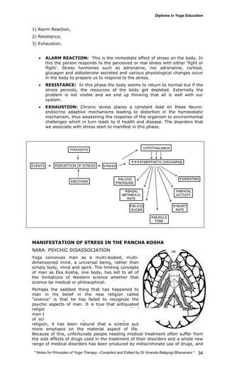 1) Alarm Reaction, 
2) Resistance, 
3) Exhaustion. 
• ALARM REACTION: This is the immediate effect of stress on the body. In 
* Notes for Yoga Therapy –Compiled and Edited by Dr Ananda Balayogi Bhavanani * 
34 
THOUGHTS HYPOTHALAMUS 
ÇÇÇÇÇÇSYMPATHETIC DISCHARGE 
ÇBLOOD 
ÇÇSWEATING 
PRESSURE 
ÇBASAL 
METABOLIC 
RATE 
ÇBLOOD 
SUGAR 
ÇMUSCLE 
TONE 
ÇMENTAL 
ACTIVITY 
ÇHEART 
RATE 
PERCEPTION OF STRESS STRESS 
EMOTIONS 
EVENTS 
this the person responds to the perceived or real stress with either ‘fight or 
flight’. Stress hormones such as adrenaline, nor adrenaline, cortisol, 
glucagon and aldosterone secreted and various physiological changes occur 
in the body to prepare us to respond to the stress. 
• RESISTANCE: In this phase the body seems to return to normal but if the 
stress persists, the resources of the body get depleted. Externally the 
problem is not visible and we end up thinking that all is well with our 
system. 
• EXHAUSTION: Chronic stress places a constant load on these Neuro-endocrine 
adaptive mechanisms leading to distortion in the homeostatic 
mechanism, thus weakening the response of the organism to environmental 
challenges which in turn leads to ill health and disease. The disorders that 
we associate with stress start to manifest in this phase. 
MANIFESTATION OF STRESS IN THE PANCHA KOSHA 
NARA: PSYCHIC DISASSOCIATION 
Yoga conceives man as a multi-bodied, multi-dimensioned 
mind, a universal being, rather than 
simply body, mind and spirit. The limiting concepts 
of man as Eka Kosha, one body, has led to all of 
the limitations of Western science whether that 
science be medical or philosophical. 
Perhaps the saddest thing that has happened to 
man in his belief in the new religion called 
“science” is that he has failed to recognize the 
psychic aspects of man. It is true that antiquated 
religions put more emphasis on “saving the soul” of 
man than upon his material evolution. With the rise 
of science and its antagonism towards organized 
religion, it has been natural that a science put 
more emphasis on the material aspect of life. 
Because of this, unfortunate people needing medical treatment often suffer from 
the side effects of drugs used in the treatment of their disorders and a whole new 
range of medical disorders has been produced by indiscriminate use of drugs, and 
 