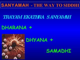 TRAYAM EKATHRA SANYAMAH SANYAMAH   - THE WAY TO SIDDHI DHARANA  +  DHYANA  +   SAMADHI 