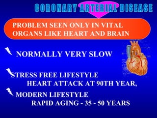 CORONARY ARTERIAL DISEASE NORMALLY VERY SLOW PROBLEM SEEN ONLY IN VITAL ORGANS LIKE HEART AND BRAIN MODERN LIFESTYLE  RAPI...