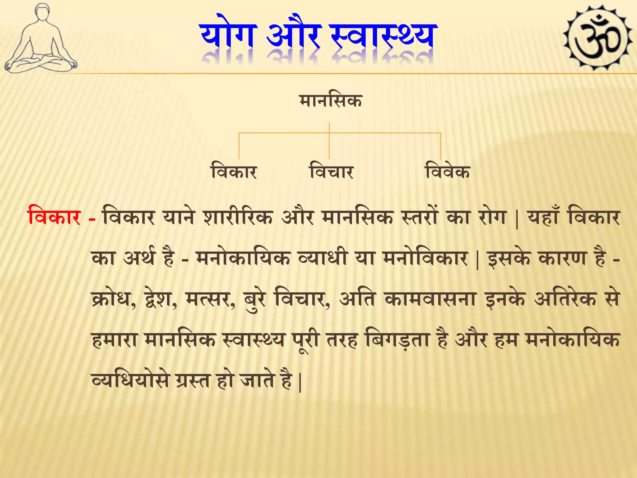 योग और स्वास््य 
मानलसक 
लवकार लवचार लववेक 
लवकार - लवकार याने शारीररक और मानलसक स्तरों का रोग | यहााँलवकार 
का अर्थ है - मनोकालयक व्यािी या मनोलवकार | इसके कारण है - 
िोि, द्वेश, ममसर, बुरे लवचार, अलत कामवासना इनके अलतरेक से 
हमारा मानलसक स्वास््य पूरी तरह लबगड़ता हैऔर हम मनोकालयक 
व्यलियोसे ग्रस्त हो जाते है| 
 