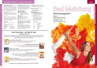 Abkürzungen:MZ=Mehrbett-,EZ=Einzel-,DZ=Doppelzimmer,Z/S/Womo=Zelt,Schlafsaal,Wohnmobil,BM=BadMeinberg,WW=Westerwald,NO=Nordsee,AL=Allgäu
18
Unser Online-Shop – von Yogis für Yogis
shop .yoga-vidya .de
In unserem Online-Shop findest du alles rund um Yoga, Entspannung, Meditation, Ayurveda und spirituelles Leben .
Neben Büchern, CDs, DVDs und Schreibwaren des hauseigenen Yoga Vidya Verlags kannst du Yogazubehör wie
Matten, Meditationskissen und vieles mehr entdecken .
Zu bestellen unter shop@yoga-vidya .de oder Tel . 05234 - 872209 .
Seminarbeginn / Anreisetag:
Bittereisebisspätestens19:00an.DieAnreiseist
möglichab13:00;Zimmersindab15:00bezieh-
bar.16:30Ankommens-YogastundemitAsanas
(Yogastellungen), Pranayama (Atemübungen)
und Tiefenentspannung. 18:00 Abendessen.
20:00 Seminarbeginn mit Meditation, Mantra-
Singen, Vorstellrunde, Vortrag .
Seminarende bei Wochenend- und Kurz-
seminaren ca. 14:00, sonst nach dem Brunch
um ca. 12:00. Zimmer am Abreisetag bitte bis
12:30 räumen.
Preise: Alle Preise sind Pauschalpreise.
Sie beinhalten das gesamte Seminar-, Aus-
bildungs-, Wellnessprogramm, Unterkunft in
der gewählten Zimmerkategorie und vegan/
vegetarische Bio-Verpflegung.
Anmeldung:
Anmeldeformular siehe S. 188-189.
Telefonische Info und Anmeldung:
täglich 8:00 - 20:00
Bad Meinberg 05234 / 87-0
Westerwald 02685 / 8002-0
Nordsee 04426 / 904161-0
Allgäu 08361 / 92530-0
Bitte mitbringen:Bettwäsche(Ausleihgebühr:
5 €), Handtuch (Ausleihgebühr 3 €/2€), Haus-
schuhe, Wecker, Hartschalen-Brillenetui. Wenn
vorhanden:Yoga-Matte,Meditationskissenund
-decke(auchkostenlosausleihbaroderimYoga
Vidya Shop käuflich zu erwerben).
Standard-Tagesablauf
in den Yoga Vidya Häusern
7:00 Meditation, Mantra-Singen,
kurze Lesung und Vortrag
(bei Intensiv-Seminaren ab 6:00)
9:15 Yogastunde
11:00 Brunch
14.00/14:30 Workshop/Vortrag
16:15 Yogastunde oder Workshop
18:00 Abendessen
20:00 Meditation, Mantra-Singen, Vortrag
Änderungen ergeben sich aus der Thematik
des jeweiligen Seminars . Ferien- /Wander-
seminare haben z .B . nachmittags in der Regel
andere Programme .
Bei Wohlfühlpaketen sind die Massagen / An-
wendungen entweder vormittags oder nach-
mittags, sodass in jedem Fall eine Yogastunde,
ein Vortrag sowie die Meditation und das Man-
tra-Singen besucht werden können.
Alle Seminare mit Meditation, Mantra-Singen
und Yoga. Wenn nicht anders beschrieben, sind
für Seminare keine Vorkenntnisse nötig.
Anreisebeschreibung siehe S. 186
Teilnahmebedingungen siehe S. 187
Unter yoga-vidya.de
findest du ausführliche Infos zu:
 den 4 Ashrams und den Stadtcentern
 Ausbildungen und Weiterbildungen
yoga-vidya.de/ausbildung
 Seminarsuche:
yoga-vidya.de/seminar. Du kannst
nach Ort, Thema, Seminartitel,
Seminarleiter und Datum filtern.
 Yoga Vidya Wissensportale
 Videos, Bilder, Anleitungen u.v.m.
Abkürzungen
SL: Seminarleiter/in
MZ: Mehrbettzimmer
DZ: Doppelzimmer
EZ: Einzelzimmer
S/Z/Womo: Schlafsaal/Zelt/Wohnmobil
BM: Bad Meinberg
WW: Westerwald
NO: Nordsee
AL: Allgäu
KIRTANDas kleineYogaVidya Kirtan-Buch
Mantras und Liedertexte zum Singen mit
Übersetzungen und Erläuterungen
YOGA VIDYA VERLAG
20. neu
überarbeitete
Auflage
Das große Yoga Vidya Hatha Yoga Buch
Der Yoga-Vidya-Stil in seiner Vielfalt gut erklärt mit über 650 farbigen Fotos . Als Einstieg für Anfänger,
als Begleiter für die Praxis und als Inspiration für Unterrichtende . Paperback, 256 Seiten
ISBN 978-3-943376-16-6, Preis 19,90 € (inkl . 7% MwSt . und zzgl . Versandkosten)
Die Bhagavad Gita für Menschen von heute
Kommentar von Sukadev Bretz . Die alte indische Schrift zugänglich erklärt . Das Standardwerk
für die Yogalehrer-Ausbildung bei Yoga Vidya . Hardcover, 600 Seiten
ISBN 978-3-943376-09-8, Preis 19,90 € (inkl . 7% MwSt . und zzgl . Versandkosten)
Yoga der Liebe von James Swartz
James Swartz kommentiert jeden Vers des Bhakti Sutra, einer klassischen indischen Schrift und einem Leitfaden
für Bhakti Yoga (Yoga der Hingabe) aus der Sicht der Vedanta-Philosophie . Softcover (A5) mit 240 Seiten
ISBN 978-3-943376-35-7, 14,90 € (inkl . 7% MwSt . und zzgl . Versandkosten)
Meditieren lernen in 10 Wochen
Ein Meditationskurs für Anfänger mit Audio-CD im MP3-Format . Ein umfangreiches, farbig illustriertes
Buch mit angeleiteten Meditationen von Sukadev . Softcover inkl . CD (MP3) mit 224 Seiten
ISBN 9783943376388, €19,90 (inkl . 7% MwSt . und zzgl . Versandkosten)
KIRTAN Das kleine Yoga Vidya Kirtan-Buch
Mantras und Liedertexte zum Singen mit Übersetzungen und Erläuterungen . Als Hilfe für eine korrekte
Aussprache beim Singen und der Rezitation der Mantras auf Sanskrit wurde die 20 . Auflage umfangreich
bearbeitet und beinhaltet nun die wissenschaftliche Umschrift . Softcover (A5) mit 140 Seiten
ISBN 978-3-931854-22-5, 4,90 € (inkl . 7% MwSt . und zzgl . Versandkosten)
INFOS
INFORMATIONEN ZU DEN SEMINAREN
Anmeldeformulars.letzteSeite.Tel.InfoundAnmeldungtägl.8-20Uhr:BM05234/87-0·WW02685/8002-0·NO04426/904161-0·AL08361/92530-0
19
Bad MeinbergSeminarprogramm
Yogaweg 7
32805 Horn-Bad Meinberg
Tel. 05234/87-0, Fax-1875
info@yoga-vidya.de
yoga-vidya.de/badmeinberg
YOGA VIDYA
BADMEINBERG
2020
 