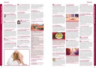 Tagesablauf,Seminarbeginnund–ende:Seite18.AlleSeminaremitMeditation,Mantra-Singen,Yogastunden.SeminarleiterabSeite165.
24 25
Anmeldeformulars.letzteSeite.Tel.InfoundAnmeldungtägl.8-20Uhr:BM05234/87-0·WW02685/8002-0·NO04426/904161-0·AL08361/92530-0BADMEINBERG
BADMEINBERG
JanuarJanuar
NEU 12.-17.1. Hatha Yoga
Prävention Ferienwoche
YogaalsganzheitlichesÜbungssystemerhöhtdie
Beweglichkeit, stärkt das Immunsystem, kräftigt
unseren Organismus und fördert die Fähigkeit
zur Entspannung. Yoga beugt auf umfassende
Weise Krankheiten vor. Der Präventionskurs in
dieser Ferienwoche fördert mittels Asanas, Pra-
nayama, Tiefentspannung und Meditation dein
Körperbewusstsein und ist von den Kranken-
kassen anerkannt.
MZ 386 €; DZ 469 €; EZ 555 €; S/Z/Womo 319 €.
12.-17.1. Karma Yoga Intensiv:
Unser Haus soll schöner werden
Mach mit! Kostenfrei Yoga kennen lernen und
vertiefen und ehrenamtlich mithelfen, so dass
sich unsere Gäste rundum wohlfühlen. Morgens
Satsang und Vortrag, nachmittags eine Yoga-
stundeunddazwischengeht’sansSaubermachen
im ganzen Haus. So leistest du einen wertvollen
BeitraginunseremgemeinnützigenVerein.Unter-
kunft im Schlafsaal oder MZ. SL: Sattva-Team
DZ 173 €; EZ 215 €.
12.-17.1. Themenwoche:
Spirituelle Selbstbefragung
Wie ist mein gegenwärtiger spiritueller Status
Quo und wie kann ich ihn benutzen um mich
von hier aus weiter zu entwickeln? Möglichkeiten
zur Weiterentwicklung mit Chandra Cohen. Mehr
Infos siehe Seite 7. Englisch mit dt. Übersetzung.
SL: Chandra Cohen.
12.-17.1. Vegane Kochausbildung
Spielerisch und genussvoll lernst du die vielfäl-
tigen Möglichkeiten einer yogisch-pflanzlichen
Ernährungkennen–vondeftigbisRohkost.Steige
ein in die Geheimnisse und Grundprinzipien der
veganen Küche! SL: Kai Treude.
MZ 483 €; DZ 568 €; EZ 654 €; S/Z/Womo 417 €.
12.-17.1. Yoga Erziehungsberater/in
Ausbildung
Fördere Kinder und Jugendliche in ihrer Ent-
wicklung: Ursachen von Konflikten ergründen
und lösen, gegenseitiges Verständnis, achtsamer
Umgang miteinander. SL: Kati Tripura Voß.
MZ 483 €; DZ 568 €; EZ 654 €; S/Z/Womo 417 €.
12.-17./19.1.Yoga Ferienwoche / Winter
Spezial: 7 Tage zum Preis von 5 Tagen
Eine Woche zum Aufladen, Regenerieren und
Verwöhnen. Siehe Seite 6.
MZ 324 €; DZ 409 €; EZ 496 €; S/Z/Womo 259 €.
12.-17.1. Yoga Psychology
Asana Intensive
You want to dive deeper into your
own practice and/or teaching? Come
for a play on an adventurous journey
throughyourbody,mindandsoul.Withinyourself,
youwillfindspaceforself-awareness,self-healing
and joy. Asana workshops in English without
translation. SL: Manisha Otterbeck.
MZ 386 €; DZ 469 €; EZ 555 €; S/Z/Womo 319 €.
17.-19.1. Asana Intensiv -
Musikalisch-Meditativ
Klangschwingungen harmonisieren, entspannen
und ermöglichen dir neue Erfahrungen in deiner
Praxis.LassdichdurchdasHörenvonKlängentief
nach innen führen. In verschiedenen Stellungen
wirst du auch deine eigene Stimme einsetzen und
beobachten, wie Singen und Tönen dein Körper-
gefühl und deine Geisteshaltung beeinflussen.
SL: Simon Bierwag, Anjali Gundert.
MZ 145 €; DZ 177 €; EZ 212 €; S/Z/Womo 117 €.
17.-19.1.Aerial Yoga - Fly-Float-Flow
Lerne verschiedene Arten kennen, Yoga mit dem
Tuch zu praktizieren: Neben Klassischem Aerial
Yoga hängt dein Tuch beim Aerial Deep nur 15cm
überdemBoden,sodassdusanftschwebenddoch
mit der Erde verbunden bleibst. Im Aerial Flow
verbinden sich verschiedene Grundstellungen zu
fließenden Sonnengrußvariationen.
SL: Nilakantha Gieseke, Adidivya Andre.
MZ 178 €; DZ 213 €; EZ 248 €; S/Z/Womo 153 €.
17.-19.1.Asana Intensiv - Schwerpunkt
Vorwärtsbeugen und Variationen
Mache erstaunliche Fortschritte! Du arbeitest
an der Vorwärtsbeuge und fortgeschrittenen
Variationen, entwickelst Geduld und übst, Geist
und Sinne zurückzuziehen. Deine Energie wird
stark erhöht und die Meditation vertieft sich.
TechnikenundTrickszurErhöhungderFlexibilität.
Täglich 4-6 Stunden Asanas, mit Meditation und
Mantra-Singen. SL: Rafaela Sauter.
MZ 145 €; DZ 177 €; EZ 212 €; S/Z/Womo 117 €.
NEU 17.-19.1. Ahimsa und Ich
ErforscheverschiedeneAspektevonAhimsa,dem
nicht verletzenden Verhalten, in Bezug auf dich
selbst. In den Asanas stellst du dir Fragen wie:
Praktiziere ich wirklich aus Ahimsa? Wie erlebe
ich Körper, Seele und Geist innerhalb der Asanas?
Zwingeoderbeobachteich?Machedieseninneren
Raum sichtbar. SL: Jana Vani Devi Janzen.
MZ 178 €; DZ 213 €; EZ 248 €; S/Z/Womo 153 €.
17.-19.1. Akasha Chronik
Viele Mythen weben sich um die Akasha Chronik.
EsistihrGeheimnis,dasssiemitALLEMverwoben
ist. Alles was war, alles was ist und sein wird, ist
in ihr verborgen. Akasha kommt aus dem Sanskrit
und heißt Äther. Mit Yoga- und schamanischen
Techniken wollen wir Zugang zu dieser feinen
Ebene bekommen und etwas über unser Leben
erfahren. SL: Satyadevi Bretz.
MZ 178 €; DZ 213 €; EZ 248 €; S/Z/Womo 153 €.
17.-19.1. Atem und Yoga
AtemistLeben,einAusdruckunsererLebendigkeit.
Yoga und bewusster Atem fördern Gesundheit,
geistige Stärke und Klarheit sowie spirituelles
Wachstum. In der reinen Luft fällt es besonders
leicht, die Zusammenhänge zwischen Atmung
und Lebensweise zu erkennen. Du lernst die
verändernde, positive Kraft des Atems ganz neu
kennen und schätzen. SL: Jyotidas Neugebauer.
MZ 178 €; DZ 213 €; EZ 248 €; S/Z/Womo 153 €.
17.-19.1. AyurYoga ThaiMassage
(AYTM) & Passive Yoga - Die Kunst
der Berührung
AYTM ist eine einzigartige Körpertherapie in
der Tradition des Leibarztes Buddhas. Sie ist das
Bindeglied zwischen Ayurveda und Yoga, und
wird auch als passives Yoga bezeichnet. Passive
Yogaübungen, zielgerichtete Berührung und
meditative Aufmerksamkeit intensivieren die
eigeneWahrnehmung.KörperundGemütkönnen
sich regenerieren. Yogalehrer und Therapeuten
können neue Dimensionen für sich entdecken.
SL: Lara-M. Vucemilovic.
MZ 178 €; DZ 213 €; EZ 248 €; S/Z/Womo 153 €.
17.-19.1. Den Tod annehmen
Tod und Geburt sind Erfahrungen der Seele auf
ihrer Reise zur Befreiung. Anhand alter Texte
erschließen wir uns deren Weisheiten und neue
Erkenntnisse, so dass wir den Tod furchtlos und
bewusst verstehen können: Wie stirbt man be-
wusst?WiebereitetmansichaufdenTodvor?Was
passiert zum Zeitpunkt des Todes und danach?
Wie helfen wir der Seele sich vom Körper zu
lösen? Rituale vor und nach dem Tod. Mantras.
Gesprächsrunden. SL: Vani Devi Beldzik.
MZ 178 €; DZ 213 €; EZ 248 €; S/Z/Womo 153 €.
NEU 17.-19.1. Hatha Yoga
Prävention für Anfänger
Beschreibung siehe Seite 5.
MZ 178 €; DZ 213 €; EZ 248 €; S/Z/Womo 153 €.
NEU 17.-19.1. Innere Heimat
Der größte Gewinn in unserem Leben ist, im Zu-
hause der Seele anzukommen, unabhängig von
traumatischen Erlebnissen. Innere Ausrichtung
deiner Seele ermöglicht dir immer wieder Er-
neuerung, Anbindung an das Sein und innere
Heilung. Bringe mit, was dir heilig ist oder ein
Symbol dafür, Rassel oder Trommel.
SL: Maharani Fritsch de Navarrete.
MZ 178 €; DZ 213 €; EZ 248 €; S/Z/Womo 153 €.
17.-19.1. Klang erleben mit Yoga
Genieße eine intensive Zeit der Entspannung,
Aktivierung, Harmonisierung und Stille. Ein
Praxisseminar in dem dich meditative sanfte
Klänge durch die Yogastunden und Meditatio-
nen begleiten. Mit einer ausgleichenden Chakra
Harmonisierung und einer Klangreise kannst du
entspannt in deiner Mitte ruhen. Vorkenntnisse
in Yoga und Meditation nötig.
SL: Jeannine Hofmeister, Maik Hofmeister.
MZ 178 €; DZ 213 €; EZ 248 €; S/Z/Womo 153 €.
17.-19.1. Yoga für den Rücken -
Yogalehrer Weiterbildung
Du lernst u.a die häufigsten Ursachen und Symp-
tomefürRückenprobleme,dieAnpassungderYoga
Vidya Reihe an spezifische Rückenbeschwerden
unddenAufbaueinerRückenstunde.SL:Ramashakti
Sikora. MZ 178 €; DZ 213 €; EZ 248 €; S/Z/Womo 153 €.
10.-12.1. Einführung in die
schamanischen Heiltechniken der Inka
Du lernst einfache und wirkungsvolle Heiltechni-
ken aus der spirituellen Tradition der Inka kennen.
Nach einer Einführung in das Weltbild der lnka
als Kosmos aus lebendiger Energie erfährst du
diese Energie in Reinigungsübungen, Energie-
lenkung und Reisen durch die Chakras und einer
schamanischen Heilreise. SL: Jürgen König.
MZ 178 €; DZ 213 €; EZ 248 €; S/Z/Womo 153 €.
10.-12.1. Energieschutz -
Yogalehrer Weiterbildung
Du lernst viel über den Energiekörper
undEnergieübungen,deinenYogaun-
terrichtnachenergetischenAspekten
zu gestalten und wie mit einfachen Techniken die
Positivität deiner Teilnehmer im Alltag aufrecht-
erhalten werden kann. SL: Erkan Batmaz.
MZ 178 €; DZ 213 €; EZ 248 €; S/Z/Womo 153 €.
NEU 10.-12.1. Feng Shui Workshop
Du fühlst dich in deinem Zuhause und Arbeits-
platz nicht wohl? Lass dir zeigen, wie es mit
Feng Shui besser geht! Mit Wissen und Tipps,
die du sofort anwenden und umsetzen kannst.
Gerne Grundriss der Wohnung/des Hauses und
alle Fragen mitbringen. SL: Petra Coll Exposito.
MZ 178 €; DZ 213 €; EZ 248 €; S/Z/Womo 153 €.
10.-12.1. Gefühle verstehen und
umwandeln in Wissen
Du kannst über deine Gefühle und körperliche
Wahrnehmungen Kontakt mit deinem Unterbe-
wusstsein aufnehmen, die Signale verstehen, sie
annehmenunddadurchbewussteVeränderungen
stattfinden lassen. Yogische, schamanische und
körpertherapeutische Techniken fließen mit ein.
SL: Kati Tripura Voß.
MZ 178 €; DZ 213 €; EZ 248 €; S/Z/Womo 153 €.
NEU 10.-12.1. Hatha Yoga Prävention
für Anfänger
Beschreibung siehe Seite 5.
MZ 178 €; DZ 213 €; EZ 248 €; S/Z/Womo 153 €.
10.-12.1.Kids backen und kochen vegan
- Yoga für Kinder 3-6  /  7-12 Jahre
MitvielFreudebackenundkochenwirzusammen
LeckeresundGesundesaufveganerBasis–damit
kannst du dann zu Hause auch Mama und Papa
überraschen! SL: Marcel Scherreiks.
MZ 87 €; DZ 104 €; S/Z/Womo 65 €.
NEU 10.-12.1. Lebe dein inneres Licht
Nimm dir Zeit. Zeit für dich und lass dein inneres
Licht strahlen! Mit kurzen Meditationen, Klang-
schalen,sanfterEnergiearbeitundeinerlichtvollen
Phantasiereise.Lerne,wieduselbstdeineIntuition
stärkst, um dann leicht dem leuchtenden Licht
in dir zu folgen. SL: Narayani Kreuch.
MZ 178 €; DZ 213 €; EZ 248 €; S/Z/Womo 153 €.
10.-12.1. Winterfeelings -
Workout und Yoga
Dutrainierst,aberdirfehltYoga?DumachstYoga,
würdest aber gern mehr für deine Fitness tun?
Und du willst beides, am besten gleichzeitig? Hier
lernst du den sportlich- körperlichen Aspekt von
Hatha Yoga kennen, während du ganz individuell
die tiefen, meditativen Parts einbauen kannst.
MZ 145 €; DZ 177 €; EZ 212 €; S/Z/Womo 117 €.
NEU 10.-12.1. XXL -Yoga für
Starkgewichtige
Fürübergewichtigeund/oderadipöse
Yoga Interessierte sowie für Yoga-
lehrer/innen, die gerne mit stark-
gewichten Teilnehmern/innen arbeiten möchten.
Die Übungen werden zusammen praktiziert und
besprochen, mögliche Hilfsmittel werden vorge-
stellt und ausprobiert. SL: Claudia Gopi Roemert.
MZ 178 €; DZ 213 €; EZ 248 €; S/Z/Womo 153 €.
10.-12.1.YogainderSchwangerschaft -
Yogalehrer Weiterbildung
Lerne, spezielle Yogakurse für Schwangere und
junge Mütter zu unterrichten. Du erlernst den
Aufbau einer Yogastunde, spezielle Asanas und
theoretischeHintergründe.SL:SusanHolze-Apell.
MZ 178 €; DZ 213 €; EZ 248 €; S/Z/Womo 153 €.
10.-12.1.YogaundMeditationEinführung
Erfahre Yoga und Meditation in allen Aspekten.
Siehe S. 5. SL: Mahashakti Rodriguez.
MZ 136 €; DZ 168 €; EZ 204 €; S/Z/Womo 108 €.
10.-12.1. Yogalehrer Vorbereitung
Du erhältst Informationen zu den verschiedenen
Varianten der Yogalehrerausbildung und einen
Einblick in alle Aspekte von Yoga und Meditation.
SL: Sybille Schütz.
MZ 145 €; DZ 177 €; EZ 212 €; S/Z/Womo 117 €.
NEU 10.-12.1. Zero Waste Küche
KreativesKochenundNachhaltigkeitinderKüche
- ein moderner Lebensstil der Spaß macht.
Du lernst Küchen-Reste in schmackhafte Speisen
zuverwandeln,Schalen,BlätterundStrunkewert-
zuschätzen, aus Speiseresten Haushaltsreiniger
und Körperpflege Produkte herzustellen.
SL: Vilasini Valentina Greco.
MZ 178 €; DZ 213 €; EZ 248 €; S/Z/Womo 153 €.
10.-19.1. Heil - und
Reinigungsfasten Intensiv
Ein ausgeklügeltes Programm um zu entschla-
cken: Fasten mit Säften und Gemüsebrühen,
Reinigungskräuter oder -tees. 2 Saunabesuche,
2 Ayurveda Massagen, täglich 2 Yogastunden,
Meditation, Mantra-Singen. Dein ganzes System
wird erneuert, die Haut gereinigt, die Verdauung
vorzüglich, deine Augen strahlen, du bist aufge-
laden mit neuer Energie und Positivität.
SL: Patrick Dülks.
MZ 798 €; DZ 948 €; EZ 1103 €; S/Z/Womo 678 €.
11.1. Mantra-Konzert mit Satyadevi
19:00-19:45 Uhr.
12.1. Tag der offenen Tür
Von 11:00-21:00Uhrzum Kennenlernen. Hausfüh-
rungen 11:30 Uhr, 13:00 Uhr und 15:00 Uhr.
11:00Uhr Yogastunden für Anfänger und Mittel-
stufe
11:30UhrInfosüberAyurvedaundAyurveda-Wohl-
fühlpakete;YogastundenfürAnfänger,Mittelstufe
und Kinder
12:30-13:30 Uhr Vollwert-Buffet
13:30-14:30 Uhr Mantra Konzert
14:00UhrEinführung ins Hatha-Yoga; Information
über Yogalehrer-Ausbildungen;
14:30UhrEinführung in die Meditation; Klangreise
16:00UhrYogastunden für Anfänger, Mittelstufe,
Fortgeschrittene und Kinder; Mantra-Workshop
16:30UhrEinführungindenAyurveda;Information
über Yoga-Therapie mit Workshop;
17:30-18:30 Uhr Vollwert-Buffet
18:30 Uhr Informationen zur Yogalehrer-Aus-
bildung;
20:00UhrMeditation,Mantra-Singen,Kurzvortrag
mit Tombola.
10:30-21:00 Uhr Kinderbetreuung für Kinder ab
3 Jahre.
Aktuelle interessante Zusatzangebote wie z.B.
Klangreise, Entspannung, Mantra-Konzert, Se-
niorenyoga etc. Alles kostenlos! Bitte vorher
anmelden. Wenn du noch eine Nacht länger
bleiben möchtest und am nächsten Tag an Me-
ditation,Mantra-Singen,YogastundeundBrunch
teilnimmst, zahlst du:
MZ 52 €, DZ 69 €, EZ 86 €, S/Z/Womo 38 €.
Nur Übernachtung und Satsang:
MZ 27 €, DZ 35 €, EZ 43 €, S/Z/Womo 19 €.
12.1. Mantra-Konzert mit Gauri &
Guna Nada Das
12:30-13:30 Uhr.
12.1. Mantra-Konzert mit Janin Devi
und André Maris
zum Tag der offenen Tür 13:30 - 14:30 Uhr.
 