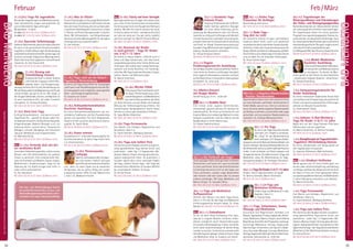 Tagesablauf,Seminarbeginnund–ende:Seite18.AlleSeminaremitMeditation,Mantra-Singen,Yogastunden.SeminarleiterabSeite165.
34 35
Anmeldeformulars.letzteSeite.Tel.InfoundAnmeldungtägl.8-20Uhr:BM05234/87-0·WW02685/8002-0·NO04426/904161-0·AL08361/92530-0BADMEINBERG
BADMEINBERG
Feb / MärzFebruar
23.2.-1.3. Kundalini Yoga­
Intensiv Praxis
Intensives Praktizieren der im Mittel-
stufen-Seminar gelernten Übungen
für noch tiefere Erfahrung und Er-
weiterung des Bewusstseins ohne viel Theorie.
LadedichsorichtigaufmitEnergieundfühledich
mit dem Kosmischen verbunden. Eines der groß-
artigstenSeminarefürdiespirituelleEntwicklung
und Kraft im Alltag! Teilnahmevoraussetzung:
Kundalini Yoga Mittelstufe oder Yogalehrer Aus-
bildung. Sonderbroschüre anfordern.
SL: Ursula Shivajyoti Owens.
MZ 469 €; DZ 586 €; EZ 707 €; S/Z/Womo 376 €.
23.2.-1.3. Vegane
Ernährungsberater/in Ausbildung
AufderBasisneuesterwissenschaftlicherErkennt-
nisse lernst du Einzelne und Gruppen bezüglich
einer veganen Lebensweise zu beraten und auch
auf die Bedürfnisse in besonderen Lebensphasen
einzugehen. SL: Julia Lang.
MZ 653 €; DZ 770 €; EZ 889 €; S/Z/Womo 560 €.
25.2. Mantra-Konzert
mit Gruppe Mudita
Herzöffnung pur 21:10 - 22:00 Uhr.
NEU 28.2.-1.3. Buddha Bowl
Eine Schale voller veganer Köstlichkeiten,
schmackhaft, gesund und bunt. Ein Seminar für
jedermann/frau. Du lernst auf einfache Art und
kreative Weise eine vollwertige Mahlzeit in einer
Schüssel zuzubereiten. Und du erfährst, wie die
Buddha Bowl zu ihrem Namen kam…
SL: Vilasini Valentina Greco.
MZ 178 €; DZ 213 €; EZ 248 €; S/Z/Womo 153 €.
28.2.-1.3. Die Heilkraft der Engel
UnseregeistigenHelfer,dieEngel,lebeninhöheren
Dimensionen und freuen sich, wenn du Kontakt
zu ihnen aufnimmst. Durch das tiefe Einstimmen
auf die Engel kannst du nicht nur den Segen von
ihnen aufnehmen, sondern sogar Botschaften
oder Visionen über dein Leben oder für jemand
anderes empfangen. Mit Yoga, Meditation und
Mantra-Singen. SL: Satyadevi Bretz.
MZ 178 €; DZ 213 €; EZ 248 €; S/Z/Womo 153 €.
28.2.-1.3. Yoga und Meditation
Aufbauseminar
Vertiefe dein Wissen und deine Yoga-Praxis.
Siehe S. 5. Für alle, die das Yoga und Meditation
Einführungsseminar besucht haben. SL: Erkan
Batmaz. MZ145€;DZ177€;EZ212€;S/Z/Womo117€.
NEU 28.2.-1.3. Embodiment
So bin ich eben! Diese Auffassung führt dazu,
dass wir in unguten Mustern verharren. Embo-
diment ermöglicht durch Körpererfahrungen
eine positive Rückkoppelung in Geist und Seele.
Lerne, diese Zusammenhänge für deinen Alltag
nutzbar zu machen. So kannst du unerwünschte
Verhaltensweisen ablegen. Vorkenntnisse in Yoga
und Meditation nötig. SL: Susanne von Somm.
MZ 178 €; DZ 213 €; EZ 248 €; S/Z/Womo 153 €.
NEU 28.2.-1.3. Hatha Yoga
Prävention für Anfänger
Beschreibung siehe Seite 5.
MZ 178 €; DZ 213 €; EZ 248 €; S/Z/Womo 153 €.
28.2.-1.3. Nada Yoga -
Sing dich ins Licht
Die natürliche Stimme ist ganz unmittelbarer
Ausdruck deiner Seele. Leicht und spielerisch
entwickelstdudeinestimmlichenAusdrucksmög-
lichkeiten, erlebst den Zusammenhang zwischen
Körper,GefühlundStimmeinBewegungundStille.
Eine Einführung ins Nada Yoga mit etwas Theorie
und vor allem mit viel tönenden Erfahrungen.
SL: Anne-Careen Engel.
MZ 178 €; DZ 213 €; EZ 248 €; S/Z/Womo 153 €.
NEU28.2.-1.3.Negative Glaubenssätze
- Positive Glaubenssätze
Glaubenssätze haben einen sehr starken Einfluss
aufunserVerhaltenundErleben.Siebestimmenin
hohem Maße, was wir tun, nicht tun und wie wir
estun.Dulernst,deinennegativenGlaubenssätzen
aufdieSpurzukommen,zuerschütternodersogar
aufzulösen und neue positive Glaubenssätze zu
realisieren. SL: Andreas Mohandas Eckert.
MZ 178 €; DZ 213 €; EZ 248 €; S/Z/Womo 153 €.
28.2.-1.3. Yin Yoga
Du lernst, die Yoga Vidya Grundreihe
unterdem„Yin“-Aspektzuverstehen.
Wo „Yang“ für die Muskelstärkung
steht,verkörpert„Yin“längeresHalten,
langsameundsanfteReize,dieGelenke,Bänderund
Faszienkräftigen.DasbeugtGelenkproblemenvor.
MitHilfsmittelnkannstdudeineoptimalePosition
finden, in der du Körper und Geist loslassen und
entspannenkannst.GrundkenntnisseinYogaund
Meditation nötig. Als Weiterbildung für Yoga-
therapeuten geeignet. SL: Premajyoti Schumann.
MZ 178 €; DZ 213 €; EZ 248 €; S/Z/Womo 153 €.
28.2.-1.3.YogafürKinder3-6/ 7-12Jahre
Kindern macht Yoga besonders viel Spaß!
SL: Bettina Schröder, Marcel Scherreiks.
MZ 87 €; DZ 104 €; S/Z/Womo 65 €.
28.2.-1.3.20 Yoga und
Meditation Einführung
Erfahre Yoga und Meditation in allen
Aspekten. Siehe S. 5.
SL: Ananta Duda.
MZ 136 €; DZ 168 €; EZ 204 €; S/Z/Womo 108 €.
28.2.-1.3. Yoga, Schwimmen, Sauna,
Massage und Meditation
Kurzurlaub zum Regenerieren, Aufladen und
Relaxen.Tagesablauf:Freitag:Yogastunde,Abend-
essen, Meditation, Mantra-Singen, anschließend
Begrüßung, Vorstellen des Programms. Samstag:
Vormittags Meditation, Vortrag, Yogastunde.
Nachmittags: Schwimmen und Sauna im Bade-
haus; Ayurveda-Massage. Sonntag: Meditation,
Vortrag,Yogastunde.NachdemBrunchAbschluss-
workshop. Seminarende ca. 14:30 Uhr.
MZ 181 €; DZ 214 €; EZ 250 €; S/Z/Womo 154 €.
28.2.-6.3. Yogatherapie bei
Rückenproblemen und Erkrankungen
des Stütz- und Bewegungsapparates
Rückenbeschwerden als Volkskrankheit können
die Lebensqualität erheblich beeinträchtigen.
Die Yogatherapie bietet mit einem gezielten
Programm aus speziell angepassten Asanas, be-
eindruckende und dauerhafte Heilerfolge. Auch
für rheumatische Beschwerden gibt es zahlreiche
beschwerdespezifische Übungen, ergänzt durch
individuelle Ernährungsempfehlungen.
SL:WolfgangKeßler,RaviPersche,ClaudiaPersche.
MZ 697 €; DZ 814 €; EZ 936 €; S/Z/Womo 605 €.
1.-6.3. Bhakti Meditation
Kursleiter Ausbildung
LerneherzöffnendeBhaktiMeditatio-
nenanzuleitenundMeditationskurse
zu konzipieren. So kannst du Men-
schen gezielt an die Einheit mit dem Göttlichen
– jenseits aller religiösen Dogmen - heranführen.
SL: Sarada Drautzburg.
MZ 483 €; DZ 568 €; EZ 654 €; S/Z/Womo 417 €.
1.-6.3. Entspannungstrainer/in für
Kinder Ausbildung
Du lernst methodisch-didaktisches Know-How
zum Aufbau einer Entspannungs-Kurseinheit für
Kinder und intensive praktische Durchführungen
anhand von Beispiel-Kurseinheiten.
SL: Krishnashakti Stiboy.
MZ 483 €; DZ 568 €; EZ 654 €; S/Z/Womo 417 €.
1.-6.3. Indianer in Bad Meinberg -
Yoga für Kinder 3-6 / 7-12 Jahre
Begib dich auf den Yoga-Indianer-Pfad beim
Fährtesuchen und am Lagerfeuer.
SL: Marcel Scherreiks. SL: Bettina Schröder.
MZ 180 €; DZ 221 €; S/Z/Womo 128 €.
1.-6.3.KlangtherapieimYogaunterricht-
Yogalehrer Weiterbildung Intensiv
Du lernst, Klangschalen und Gongs gezielt bei
den Yogaübungen einzusetzen.
SL: Jeannine Hofmeister, Maik Hofmeister.
MZ 386 €; DZ 469 €; EZ 555 €; S/Z/Womo 319 €.
NEU 1.-6.3. Vitalkost Heilfasten
Werde gesund und fit! Lerne Fasten ganz neu
kennen, über natürliche Entgiftung und Stärkung
vonKörperundGeist.DerKörperwirdmitderKraft
der Natur in Form von frisch gepressten Säften
ausspeziellgewähltemGemüseundWildkräutern
in seiner Reinigung unterstützt und vitalisiert.
SL: Marcel Scherreiks.
MZ 386 €; DZ 469 €; EZ 555 €; S/Z/Womo 319 €.
1.-6.3. Yoga Ferienwoche
Eine Woche zum Aufladen, Regenerieren und
Verwöhnen. Siehe S. 6.
SL: Ingrid Seemann, Wolfgang Seemann.
MZ 324 €; DZ 409 €; EZ 496 €; S/Z/Womo 259 €.
1.-6.3. Yoga zum halben Preis
Hier kannst du dein Budget schonen und gleich-
zeitig ganzheitlichen Yoga kennen lernen und
praktizieren - jeden Tag 1-2 Yogastunden, Me-
ditation, Mantra-Singen, Vortrag, gesundes bio-
logisch-vegetarischesEssen.Dupraktizierst3Std.
täglichKarmaYoga–denYogadesehrenamtlichen
Mithelfens (3 Std. Mithilfe bei Arbeiten im Haus).
SL: Karina Penner.
MZ 162 €; DZ 204 €; EZ 247 €; S/Z/Womo 130 €.
21.-23./24.2. Yoga für Jugendliche
Wir werden Yogaübungen und Meditationstech-
niken kennenlernen, singen und quatschen. Du
wirst erlebnisreiche Tage verbringen!
Mindestalter: 13 Jahre.
21.-23.2.: MZ 87 €; DZ 104 €; S/Z/Womo 65 €.
21.-24.2.: MZ 122 €; DZ 148 €; S/Z/Womo 93 €.
21.-24.2. Ayurveda Selbstmassage
ErlebeeinWochenende,dasdudirselbstschenkst!
Du wirst in die ayurvedische Konstitutionslehre
eingeführt, erhältst Wissen über die Verwendung
verschiedener(medizinischer)ÖleunddieLageund
Funktion wichtiger Vitalpunkte (Marmapunkte).
Damit kannst du dich typgerecht und wohltuend
massieren. SL: Kati Tripura Voß.
MZ 256 €; DZ 307 €; EZ 359 €; S/Z/Womo 216 €.
21.-24.2. Gesang und
Stimmbildung intensiv
Entdecke die Kraft in deiner Stimme
und finde den Zugang zu deiner Mu-
sikalität. Atem- und Entspannungs-
übungen bereiten dich für die Stimmbildung vor.
MitderÜbungwächstdieBegeisterungundFreude
und du erlebst, wie gut es dir tut. Wir singen in
der Gruppe Volkslieder, Kanons und Mantras. Es
ist auch ausreichend Zeit, auf jeden Einzelnen
einzugehen. SL: Thomas Hundsalz.
MZ 256 €; DZ 307 €; EZ 359 €; S/Z/Womo 216 €.
21.-24.2. Hard Core Yoga
Es klingt herausfordernd – und das ist es auch.
Yoga Power Pur – speziell für deinen vollen Ter-
minkalenderentworfen.KraftvolleSonnengrüße,
Kriegerstellungen, Balance Übungen u.v.m. zur
Stärkung deines inneren Kerns. Dynamische
Abfolgen, schnelle Übergänge und Schwitzen
inklusive. Mittelstufe und Fortgeschrittene.
SL: Mahindra König.
MZ 256 €; DZ 307 €; EZ 359 €; S/Z/Womo 216 €.
NEU 21.-24.2. Verbinde dich mit dei-
ner weiblichen Kraft
Lerne deine Selbstheilungskräfte, uraltes inneres
Wissen und tiefe Verbundenheit mit anderen
Frauen zu aktivieren. Eine schamanische Heil-
reise mit Trommeln und Rasseln, Tanzen, Singen,
Meditationen, Visualisierungen, Yoga für die
Stärkung der Yin Kräfte bringen dich tiefer in
Liebe und Urverbundenheit.
SL: Anu Neumeyer.
MZ 256 €; DZ 307 €; EZ 359 €; S/Z/Womo 216 €.
21.-24.2. Was ist Glück?
Positive Psychologie ist eine junge Wissenschaft.
Gelassenheit, Zufriedenheit und Freude sind das
Herz der neuen Forschung, die sich auf das Leben
im positiven Gefühlsbereich konzentriert. Erlebe
in Theorie und Praxis Übungsstunden in Sachen
Glück. Mit Achtsamkeits- und Körperübungen
kannstdudireinenWerkzeugkofferfürdieeigene
Lebensgestaltung zusammenstellen.
SL: Eva Schlüter.
MZ 256 €; DZ 307 €; EZ 359 €; S/Z/Womo 216 €.
21.-28.2. Yoga rund um die Geburt -
Yogalehrer Weiterbildung
Du lernst, die Yoga Vidya-Reihe für Schwangere
und Frauen in der Rückbildungszeit nach der Ge-
burtanzupassenundzuergänzen,sowiespezielle
Atem- und Entspannungstechniken.
SL: Susanne von Somm.
MZ 566 €; DZ 681 €; EZ 802 €; S/Z/Womo 473 €.
23.-28.2. Achtsamkeitsmeditation
Kursleiter Ausbildung
Du lernst Achtsamkeitsmeditationen aus ver-
schiedenen Traditionen und ihre Charakteristika
kennen und anzuleiten. Für mehr Gelassenheit,
Präsenz im Hier und Jetzt und eine neue Lebens-
qualität. SL: Savitri Retat.
MZ 483 €; DZ 568 €; EZ 654 €; S/Z/Womo 417 €.
23.-28.2. Asana intensiv
Du praktizierst 4 - 6 Stunden Asanas täglich. Ein
Durchbrucherlebnis für deine Yoga-Paxis! Siehe
S. 8. Intensivseminar.
MZ 324 €; DZ 409 €; EZ 496 €; S/Z/Womo 259 €.
23.-28.2. Themenwoche:
Lachyoga
Tägliche Lachyogastunden entspan-
nen und machen fröhlich und gute
Laune!Dukannstkostenlosmitlachen
und –üben. Es macht Spaß und du bekommst
Anregungen, wie du deinen Alltag mit Lachen
entspannen kannst. Offen für alle. Nähere Infos
s. Seite 7. SL: Madhavi Fritscher.
NEU23.-28.2. Clarity and Inner Strength
Raja Yoga teaches you to regain the mastery over
your mind. In the normal human consciousness
the mind jumps from one thought and feeling to
another. We take the time to witness the mind,
to find out about its tricks - and above all to find
out who we really are. You get clarity, stability
and inner strength. SL: Mohini Christine Wiume.
MZ 386 €; DZ 469 €; EZ 555 €; S/Z/Womo 319 €.
23.-28.2. Karneval der Kinder
es wird gefeiert - Yoga für Kinder
von 3-6 / 7-12 Jahre
Du kannst zu Hause stöbern, vielleicht auch in
Omas und Opas Schatztruhe, und viele bunte,
lustigeKleidungsstücke,Hüte,Tücher,Brillenusw.
mitbringen. Wir kreieren dann lustige Faschings-
kostüme und bunte Gesichter mit Faschings-
schminke. Mit Yoga, kreativem Gestalten, Singen,
Lachen, Tanzen und Überraschungen.
SL: Marcel Scherreiks.
MZ 180 €; DZ 221 €; S/Z/Womo 128 €.
23.-28.2. RELAX-YOGA
Erholungpur!Durchachtsames,sanf-
tes Yoga, Tiefenentspannung, wohl-
tuendeKlangreisenundMeditationen
kann deine Seele ausatmen, der Geist
zur Ruhe kommen und der Körper die heilende
Wirkung der Tiefenentspannung erfahren. Die
transformative Gongmeditation macht dieses
Seminar zu einem ganz besonderen Erlebnis.
SL: Sanja Müller-Hübenthal.
MZ 386 €; DZ 469 €; EZ 555 €; S/Z/Womo 319 €.
23.-28.2. Yoga Ferienwoche
Eine Woche zum Aufladen, Regenerieren und
Verwöhnen. Siehe S. 6.
SL: Ingrid Seemann, Wolfgang Seemann.
MZ 324 €; DZ 409 €; EZ 496 €; S/Z/Womo 259 €.
23.-28.2. Yoga zum halben Preis
Hier kannst du dein Budget schonen und gleich-
zeitig ganzheitlichen Yoga kennen lernen und
praktizieren - jeden Tag 1-2 Yogastunden, Me-
ditation, Mantra-Singen, Vortrag, gesundes bio-
logisch-vegetarisches Essen. Du praktizierst 3
Stunden täglich aktiv einen wichtigen Aspekt
des Yoga, nämlich Karma Yoga – den Yoga des
ehrenamtlichen Mithelfens (3 Stunden Mithilfe
bei verschiedenen Arbeiten im Haus).
SL: Karina Penner.
MZ 162 €; DZ 204 €; EZ 247 €; S/Z/Womo 130 €.
Alle Aus- und  Weiterbildungen findest
du ausführlich beschrieben im Aus- und
Weiterbildungskatalog2020(bitteanfor-
dern)oderunteryoga-vidya.de/ausbildung
 