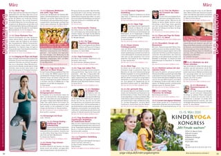 Tagesablauf,Seminarbeginnund–ende:Seite18.AlleSeminaremitMeditation,Mantra-Singen,Yogastunden.SeminarleiterabSeite165.
38
Anmeldeformulars.letzteSeite.Tel.InfoundAnmeldungtägl.8-20Uhr:BM05234/87-0·WW02685/8002-0·NO04426/904161-0·AL08361/92530-0BADMEINBERG
BADMEINBERG
MärzMärz
15.3.-10.5. Gurukula Yogalehrer
Ausbildung
2-monatige Yogalehrer Ausbildung mit Karma
Yoga Praxis, in Anlehnung an das traditionelle
Gurukula-System.
MZ2421€;DZ2889€;EZ3373€;S/Z/Womo2051€.
20.-22.3. Aqua Yoga
Aqua Yoga bringt den Yoga Vidya Stil
innovativ ins Wasser! Du nutzt die
verschiedenen Qualitäten des Was-
ser-Elements wie Auftriebskraft und
Widerstände, um mit Yogaübungen im Wasser
spielerisch und therapeutisch deine Gelenke zu
entlasten und Muskeln zu kräftigen.
SL: Jana Krützfeldt.
MZ 178 €; DZ 213 €; EZ 248 €; S/Z/Womo 153 €.
20.-22.3. Asana intensiv
Frühlingserwachen
Lasse den Winter und die Frühjahrsmüdigkeit
hinter dir und finde zu neuer Energie und Lebens-
freude.StandhaltungenerweckenneueKraftund
inneres Gleichgewicht. Dynamische Variationen
holen dich aus dem gewohnten Trott und du
bekommst neue Impulse für deine Yogapraxis.
SL: Gauri Daniela Reich.
MZ 145 €; DZ 177 €; EZ 212 €; S/Z/Womo 117 €.
20.-22.3. Blind Yoga
Du erlebst, wie es sich anfühlt, Yoga mit ge-
schlossenen Augen zu praktizieren. Dabei sind
Menschen mit oder ohne Sehbeeinträchtigung/
Blindheit eingeladen. Es ist eine große Bereiche-
rung auch für normalsichtige Menschen, in die
Welt der „Blinden“ einzutauchen und gesteigerte
Achtsamkeit zu entwickeln. Für alle Interessier-
ten. Auch geeignet für Yogalehrende, die mit
Betroffenen arbeiten wollen. SL: Tobias Weber.
MZ 178 €; DZ 213 €; EZ 248 €; S/Z/Womo 153 €.
20.-22.3. Der spirituelle Weg
Der spirituelle Weg führt vom Relativen zum Ab-
soluten, vom Individuellen zum Kosmischen, von
der Getrenntheit zur Einheit. Dieses Seminar gibt
dirdasnötigeWissen,umdiesenwunderbarenWeg
frohen Mutes zu gehen und Fallstricke zu vermei-
den. Vorkenntnisse in Yoga und Meditation nötig.
SL: Jyotidas Neugebauer, Kaivalya Meike
­Schönknecht, Ananta Duda, Vani Devi Beldzik.
MZ 178 €; DZ 213 €; EZ 248 €; S/Z/Womo 153 €.
20.-22.3. Feel the Rhythm -
mit Trommeln das Leben
spüren
Du wirst 3 bis 5 verschiedene Rhyth-
menlernenunddiesedirektmitFreu-
de und Leichtigkeit spielen. Während du die
Djembe mit deinen Händen berührst und den
Herzschlag in deine Finger leitest, geschieht
weit mehr als das hörbare Ergebnis. Du spürst
das Leben im Einklang mit der Natur der Dinge.
SL: Bernardo Juni.
MZ 178 €; DZ 213 €; EZ 248 €; S/Z/Womo 153 €.
20.-22.3. Filzen und Yoga für Kinder
von 3-6 / 7-12 Jahren
SL:ElviraSternke.MZ87€;DZ104€;S/Z/Womo65€.
20.-22.3. Gesundheit, Energie und
Bewusstsein
Mit einem „Plasma-Energie-Bild“ (Kirlian-Foto-
grafie) analysieren wir deinen aktuellen Energie-
zustand und wie du darauf reagieren kannst: Mit
praktischen Techniken aus der Bio-Energetik, der
natürlichen Gesundheitslehre, dem Taoismus,
dem Yoga, um die Lebensenergie zu steigern und
Blockaden zu beseitigen. So schaffst du beste
Voraussetzungen für Gesundheit. SL: Shaktidas
Böhmer.
MZ 178 €; DZ 213 €; EZ 248 €; S/Z/Womo 153 €.
20.-22.3. Glücklich wohnen mit dem
indischen Vastu
Wie kannst Du glücklich und gesund wohnen?
WiekanndeineWohnungdeinenspirituellenWeg
unterstützen? Lerne das indische „Vastu“ kennen.
DulernstwelcheNaturgesetzmäßigkeitenwichtig
sind für eine gute Wohnsituation und erhältst
ein Werkzeug, mit dem du dein Leben in deinen
eigenen vier Wänden glücklich und harmonisch
gestalten kannst. SL: Guntram Stoehr.
MZ 178 €; DZ 213 €; EZ 248 €; S/Z/Womo 153 €.
NEU 20.-22.3. Hatha Yoga
Prävention für Anfänger
Beschreibung siehe Seite 8.
MZ 178 €; DZ 213 €; EZ 248 €; S/Z/Womo 153 €.
20.-22.3.Lernen vom eigenen Schicksal
Immer wieder geraten wir in Situationen mit
schmerzhaftenErlebnissen,dieunsschonbekannt
vorkommen. Die Auseinandersetzung mit
der eigenen Biografie bringt uns der Wahrheit
näher. Welche Kräfte oder karmische Ursachen
wirken hier? Welchen (spirituellen) Lernauftrag
gibt uns dann das Leben? Finde den tieferen Sinn.
SL: Mohini Christine Wiume.
MZ 178 €; DZ 213 €; EZ 248 €; S/Z/Womo 153 €.
20.-22.3. Mantra Singen -
ein Weg zum Herzen
Beim Singen kommt die universelle Sprache
unseres Herzens zum Ausdruck. Lass dich vom
KlangundderMusikverzaubernunderlebeselbst
die Harmonie und erhebende Kraft der Mantras.
Diese Kraft gibt uns immer wieder Raum zur Er-
neuerung und Öffnung. Raum für Herzöffnung
und Tanz, Stille und Meditation und schafft
Verbindung zum Göttlichen.
SL: Sundaram, Katyayani.
MZ 178 €; DZ 213 €; EZ 248 €; S/Z/Womo 153 €.
NEU 20.-22.3. Meditativ aus dem
Herzen schreiben
Egal, ob Schreiben dir schwer fällt oder du gerne
schreibst: Lass dich überraschen, wie du Texte
schreiben oder deine Texte noch einfallsreicher
werden lassen kannst. Meditativ schreibend zeigt
sich, was gesagt werden will. Auch Antworten
auf wichtige Fragen. Schreibend kannst du er-
träumen, was immer du willst.
SL: Prof. Dr. Kira Klenke.
MZ 178 €; DZ 213 €; EZ 248 €; S/Z/Womo 153 €.
20.-22.3. Neutralsein -
Bewusstseinspraxis im
Alltag
Ziel ist die Erlangung der Fähigkeit,
aus der zerstreuten Unbewusstheit
des Alltags zur gelösten Präsenz überzugehen
und in den Zustand der neutralen Schau der
Geschehnisse zu gelangen. So werden deine
Handlungsmöglichkeiten erweitert, aber auch
die Fähigkeit des bewussten Geschehen Lassens
erreicht. SL: Erkan Batmaz.
MZ 178 €; DZ 213 €; EZ 248 €;  S/Z/Womo 153 €.
13.-15.3. Okido Yoga
Okido Yoga kombiniert den klassischen Yoga mit
japanischem Zen. Der Fokus liegt nicht nur auf
YogaStellungen,sondernaufeinemganzheitlichen
Ansatz der Balance von Ernährung, Atmung,
Bewegung, Verstand - Herz und der Interaktion
mit anderen Menschen. Du lernst Übungen zum
Ausgleichen der Wirbelsäule und der linken und
rechtenKörperhälfte,StärkungundReinigungaller
Organe und spezielle Übungen für verschiedene
Beschwerdebilder. SL: Eric Vis Dieperink.
MZ 178 €; DZ 213 €; EZ 248 €; S/Z/Womo 153 €.
13.-15.3. Surya Namaskar Flow
Intensive Sonnengrüße mit vielen Variationen
stärken deinen Körper, halten die Wirbelsäu-
le flexibel, regen alle Chakras an und erhöhen
dein Energiepotential. Weitere Schwerpunkte:
Kraftvolle Asanas, langes Halten, intensives
Kapalabhati. Für erfahrene Yogis mit Spaß an
Herausforderungen. Gute körperliche Kondition
erforderlich. SL: Patrick Dülks.
MZ 145 €; DZ 177 €; EZ 212 €; S/Z/Womo 117 €.
13.-15.3.Umgang mit Ärger und Angst
ÄrgerundAngstsindzerstörerischeundlähmende
Emotionen. Du lernst ihren Ursprung kennen und
praktizierst Techniken, um mit ihnen umzugehen
bzw. sie zu überwinden. Dieser Workshop ver-
spricht dir keine Wunder, sondern gibt dir solide
Techniken, damit du dein Leben selbst in die
Hand nehmen kannst. SL: Premajyoti Schumann.
MZ 178 €; DZ 213 €; EZ 248 €; S/Z/Womo 153 €.
13.-15.3. Vipassana Meditation
und sanfte Yoga Flows
Einführung in die Methoden der Vipassana Me-
ditationundAchtsamkeitspraxis,unterstütztvon
fließenden und sanften Yoga Asanas. Du wirst
Sitzmeditation, achtsame Körperarbeit, Entspan-
nungstechniken, Atemübungen und Body Scan
intensiv selber praktizieren. SL: Marco Büscher.
MZ 178 €; DZ 213 €; EZ 248 €; S/Z/Womo 153 €.
13.-15.3. Visionen der Göttin - die
weibliche Energie in der Yogapraxis
Wirarbeitenmitden10Mahavidyas,den„großen
Weisheiten“, veranschaulicht in den “Weisheits-
göttinnen“ – ihrer Symbolik, ihren Eigenschaf-
ten, ihren Energien, ihrer Bedeutung für das
Bewusstsein. Mit Geschichten aus der indischen
Mythologie, Yogaübungen, Atem- und Wahr-
nehmungsreisen, Meditationen.
SL: Eva-Maria Kiefer.
MZ 178 €; DZ 213 €; EZ 248 €; S/Z/Womo 153 €.
NEU 13.-15.3. Yoga meets Aroha -
stark wie ein Maori Krieger
Du hast Freude an Bewegung & Musik? Dann bist
du hier richtig. Mit AROHA erwartet dich ein
schonendesHerz-Kreislauf-Training,dasdichzum
Schwitzen bringt und danach bringt dich eine
intensive Endentspannung wieder vollkommen
in die Ruhe. Lass dich im AROHA wie im Yoga
bezaubern von der Welt der Gegenpole.
SL: Stina Hauser.
MZ 178 €; DZ 213 €; EZ 248 €; S/Z/Womo 153 €.
13.-22.3. Heil- und
Reinigungsfasten Intensiv
Ein Programm um zu entschlacken: Fasten mit
Säften und Gemüsebrühen, Reinigungskräuter
oder -tees. 2 Saunabesuche, 2 Ayurveda Massa-
gen, täglich 2 Yogastunden, Meditation, Mantra-­
Singen. Dein ganzes System wird erneuert, die
Haut gereinigt, die Verdauung vorzüglich, deine
Augen strahlen, du bist aufgeladen mit neuer
Energie und Positivität. SL: Sharima Steffens.
MZ 798 €; DZ 948 €; EZ 1103 €; S/Z/Womo 678 €.
Bitte bis 30.01. anmelden.
14.3. Kirtansingen mit Keval
18:45 - 19:45 Uhr.
15.-18.3. Energy Healing -
Einführung in die
­Selbstheilung
DuwirstErfahrungmitEnergetischem
Heilensammelnunddeineallgemeine
Selbstwahrnehmung verfeinern. Elemente sind
u.a. Aura Arbeit, Klang Yoga, Hindu Prinzipien,
tiefe Stille und Power Manifestieren.
SL: Satyam Jens Paasche.
MZ 231 €; DZ 280 €; EZ 333 €; S/Z/Womo 192 €.
15.-20.3. Karma Yoga Intensiv:
Frühjahrsputz
Du kannst kostenfrei alle Facetten des Yogas
kennen lernen und vertiefen, und dabei deine
überschüssige Energie in der gründlichen
Reinigung des Hauses ausleben. Nach dem Mor-
gensatsang gibt es einen Vortrag, nachmittags
eine Yogastunde und dazwischen geht’s ans
SaubermachenimganzenHaus.Mach´mit,wenn
du Lust auf körperliche Betätigung und natürlich
Yoga hast! Unterkunft im Schlafsaal oder MZ.
SL: Sattva-Team.
DZ 173 €; EZ 215 €.
15.-20.3. Themenwoche: Chakras
Das Chakra System mit Atemübungen, Medita-
tion und Entspannung, Farbvisualisierungen der
einzelnen Chakras und Singen der Bija Mantras
oderVokale.Offenfüralle.MehrInfossieheSeite6.
SL: Mangala Narayani.
15.-20.3. Yin Yoga -
Yogalehrer Weiterbildung
Ideal,umalsYogalehrer/indeinWissen
in Theorie und Praxis um Yin Yoga zu
erweiternundindeinenYogastunden
einzusetzen. SL: Shanti Wade.
MZ 386 €; DZ 469 €; EZ 555 €; S/Z/Womo 319 €.
15.-20.3. Yoga Ferienwoche
Eine Woche zum Aufladen, Regenerieren und
Verwöhnen. Siehe Seite 6.
SL: Ingrid Seemann, Wolfgang Seemann.
MZ 324 €; DZ 409 €; EZ 496 €; S/Z/Womo 259 €.
15.-20.3. Yoga zum halben Preis
Hier kannst du dein Budget schonen und gleich-
zeitig ganzheitlichen Yoga kennen lernen und
praktizieren - jeden Tag 1-2 Yogastunden, Me-
ditation, Mantra-Singen, Vortrag, gesundes bio-
logisch-vegetarischesEssen.Dupraktizierst3Std.
täglichKarmaYoga–denYogadesehrenamtlichen
Mithelfens (3 Std. Mithilfe bei Arbeiten im Haus).
SL: Karina Penner.
MZ 162 €; DZ 204 €; EZ 247 €; S/Z/Womo 130 €.
15.-22.3.Panchakar-
ma Gruppen Kur
Panchakarma stellt die
wohl bekannteste und
wirkungsvollsteMethode
zur Reinigung und Entgiftung des gesamten
Körpers dar. Eine Kur, die dich von der Zelle
her regenerieren und vitalisieren wird und dein
Immunsystem stärkt. Tiefsitzende Blockaden in
den Körperkanälen werden gelöst, der gesamte
Organismus wird entgiftet und verjüngt, dest-
ruktive Denk- und Verhaltensmuster können sich
auflösen. SL: Nanda Schetelich, Kati Tripura Voß.
MZ 638 €; DZ 749 €; EZ 860 €; S/Z/Womo 552 €.
15.-27.3. Yoga Grundbaustein der
Yogatherapie Ausbildung
für medizinische Berufe
Wenn du einen medizinischen Grundberuf hast
und Yogatherapie anwenden willst, kannst du dir
mitder‚ YogatherapieAusbildungfür­medizinische
Berufe in mehreren Bausteinen die nötigen
­Kenntnisse dafür erwerben.
MZ 1074 €; DZ 1273 €; EZ 1481 €; S/Z/Womo 915 €.
15.3.-12.4. Yogalehrer Ausbildung
Intensivkurs
Intensives Training in allen Aspekten des Yoga in
Theorie und Praxis. Siehe Seite 12.
SL: Rama Schwab, Shankara Girgsdies,
Anjali Gundert.
MZ2421€;DZ2889€;EZ3373€;S/Z/Womo2051€.
KINDERYOGA
KONGRESS
• Prof. Dr. Marcus Stück
• Kerstin Linnartz
• Andrea Helten
• Matangi Eichberger
• Sundaram
• und vielen mehr
Preise:
MZ 204 €; DZ 237 €; EZ 272 €; S/Z 177 €
13.-15. März 2020
„Mit Freude wachsen“
yoga-vidya.de/kinderyogakongress Bitte Sonderbroschüre anfordern! 	 	39
 