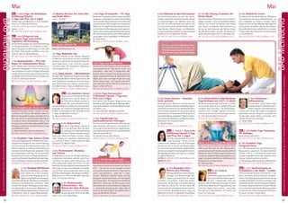 Tagesablauf,Seminarbeginnund–ende:Seite18.AlleSeminaremitMeditation,Mantra-Singen,Yogastunden.SeminarleiterabSeite165.
52 53
Anmeldeformulars.letzteSeite.Tel.InfoundAnmeldungtägl.8-20Uhr:BM05234/87-0·WW02685/8002-0·NO04426/904161-0·AL08361/92530-0BADMEINBERG
BADMEINBERG
MaiMai 
6.-8.5.Vollmond an den Externsteinen
Die Externsteine gelten als einer der macht-
vollsten natürlichen Kraftorte Europas. Gerade
an Vollmond-Tagen und -Nächten kann man
die Kraft der Erde besonders gut spüren und
sich so mit neuer Kraft und Positivität aufladen.
Yoga-Stunden, Mantra-Singen und Meditation
im Haus Yoga Vidya bereiten auf das besondere
Erlebnis vor. SL: Ananda Devi Kißling.
MZ 154 €; DZ 188 €; EZ 221 €; S/Z/Womo 128 €.
8.-10.5. Asana Intensiv - Anatomie
leicht gemacht
Durch das Spüren, Benennen und Erkennen von
Knochen, Gelenken, Muskeln und Bewegungen in
den Asanas verbindest du die intellektuelle Ebene
mit der Erfahrungsebene. Aus dieser Verbindung
heraus können sich anatomische Fachbegriffe zu
natürlichemWissenumwandeln.Täglich4-6Stun-
den Asanas, Mit Meditation und Mantra-Singen.
Mittelstufe und Fortgeschrittene.
SL: Nathalie Dahler.
MZ 145 €; DZ 177 €; EZ 212 €; S/Z/Womo 117 €.
NEU 8.-10./12.5. Ayurveda
­Einführung / Spezial: 4 Tage
zum Preis von 3 Tagen
Lerne die „Wissenschaft vom Leben“
– den Ayurveda - kennen. Du be-
kommst einen Überblick über die Bioenergien
und wie sie sich in Psyche und Körper zeigen.
Du lernst die therapeutischen Möglichkeiten
und die ayurvedische Ernährungslehre kennen.
Mit Massageworkshop und Tipps für zu Hause.
SL: Sabine Steenbuck.
8.-10.5.:MZ178€;DZ213€;EZ248€;S/Z/Womo153€.
Spezial: 8.-12.5.:
MZ 230 €; DZ 282 €; EZ 334 €; S/Z/Womo 191 €.
8.-10.5. Blockaden lösen -
Befreie dein Potenzial
Mit Yoga, Meditation, Bewusstseins-
übungen und Körpertherapie Blo-
ckaden und Krankheiten im Körper
verstehen und auflösen. Stärke dein Selbst-
bewusstsein, räume Angst und Hindernisse aus
dem Weg und „werde frei“ für dich selbst. Mit
positivem Denken, schamanischen und systemi-
schen Techniken. Grundkenntnisse in Yoga und
Meditation hilfreich. SL: Radharani Priya Wloka.
MZ 178 €; DZ 213 €; EZ 248 €; S/Z/Womo 153 €.
8.-10.5. Die Satsang-Trommeln der
Kirtan-Musik
Rhythmus erleben, Takte spüren und in Trommel-
klänge umsetzen. Lerne auf spielerische Weise,
Mantras und Kirtans mit Djembe oder Zimbel
oder Rassel zu begleiten. Nach diesem Kurs
können wir beim Satsang oder Mantra-Singen
den Rhythmus geben, auf dem die Musik auf-
bauen und schwingen kann. SL: Bernardo Juni.
MZ 178 €; DZ 213 €; EZ 248 €; S/Z/Womo 153 €.
8.-10.5.Kleine Piraten in Bad Meinberg:
Yoga für Kinder von 3-6 / 7-12 Jahren
Bist du mutig genug, dich den Piraten zu stellen
und am Ende selbst einer zu werden? Wild und
verwegen, listig und schlau - das sind die Eigen-
schaften einen richtigen Kapitäns und seiner
Crew. Du lernst die echten Piratenregeln kennen.
SL: Elvira Sternke, Marcel Scherreiks.
MZ 87 €; DZ 104 €; S/Z/Womo 65 €.
NEU8.-10.5.EvolutiondesBewusstseins
Wie nimmst du die Welt wahr? Wieviel Glück
erfährst du? Wie wirkt sich dein Bewusstseins-
zustand darauf aus? Entdecke, was die vedischen
Weisheiten über die Psychologie des Menschen
und die verschiedenen Bewusstseinsebenen aus-
sagen. Eine spannende Reise an die Grenzen von
Wissenschaft und Spiritualität.
SL: Sadbhuja Dasa.
MZ 178 €; DZ 213 €; EZ 248 €; S/Z/Womo 153 €.
NEU 8.-10.5. Food as
medicine
„UnsereNahrungsmittelsolltenHeil-,
und unsere Heilmittel Nahrungsmit-
tel sein“ – Hippokrates. Finde das
Beste aus allen Ernährungsrichtungen für deine
persönlichen Bedürfnisse! Paläo,High Carb, Low
Carb, Keto, Vegan, Vital, Kochkost … was ist das
Richtige? Ein Erlebnisseminar mit Theorie und
Praxis. SL: Julia Lang.
MZ 178 €; DZ 213 €; EZ 248 €; S/Z/Womo 153 €.
8.-10.5. Meditieren lernen
Du erlernst die Grundtechniken der Meditation
und bekommst wirksame Hilfestellungen, um
deine Gedanken zur Ruhe zu bringen. Damit
begibst du dich auf den Weg des Raja Yoga, der
Entwicklung und Beherrschung des Geistes.
Diese Mentaltechniken verhelfen dir zu innerem
Frieden,Positivität,KreativitätundLebensfreude.
SL: Erkan Batmaz.
MZ 178 €; DZ 213 €; EZ 248 €; S/Z/Womo 153 €.
8.-10.5. Harmonium -
Aufbauseminar
Du hast deine ersten Erfahrungen
undKenntnissemitdemHarmonium-
spielen erworben und möchtest jetzt
einfach mehr lernen? Wir singen und begleiten
gemeinsam viele neue Bhajans und werden viel
Freude dabei haben! Wenn vorhanden, bitte
eigenes Harmonium mitbringen.
SL: Jürgen Wade.
MZ 178 €; DZ 213 €; EZ 248 €; S/Z/Womo 153 €.
NEU 8.-10.5. Hatha Yoga Prävention
für Anfänger
Beschreibung siehe Seite 5.
MZ 178 €; DZ 213 €; EZ 248 €; S/Z/Womo 153 €.
8.-10.5. Kundalini Yoga
Fortgeschrittene
Für tiefe Praxiserfahrung und Erweiterung des
Bewusstseins zusammen mit weiterführender
Theorie. Siehe S. 9. Teilnahmevoraussetzung:
Kundalini Yoga Mittelstufe oder Yogalehrer Aus-
bildung. Sonderbroschüre anfordern.
SL:ChitraKaspar,NarendraHübner,MaheshHeld.
MZ 178 €; DZ 213 €; EZ 248 €; S/Z/Womo 153 €.
NEU 8.-10.5. Seelenreinigung an
Kraftplätzen in der Natur - Landart
Finde erneuernde Energie an Kraftorten in der
Natur und wecke deine archaischen Schöpfer-
kräfte in der Objektgestaltung durch Anordnung
vonNaturmaterialien,wieSteineundHölzerinder
Landschaft,welchemiteinerFotografiefestgehal-
tenwerden.BeispieleberühmterLandart-Künstler
der aus Amerika stammenden Bewegung geben
dir Inspirationen. (Bitte Fotoapparat mitbringen),
SL: Savitri Tyrchan, Christa Adam.
MZ 178 €; DZ 213 €; EZ 248 €; S/Z/Womo 153 €.
NEU 1.-3./5.5. Yoga und Meditation
Einführung / Spezial:
4 Tage zum Preis von 3 Tagen
Erfahre Yoga und Meditation in allen Aspekten.
Siehe S. 5. SL: Manisha Otterbeck.
1.-3.5.:MZ136€;DZ168€;EZ204€;S/Z/Womo108€.
Spezial: 1.-5.5.:
MZ 188 €; DZ 237 €; EZ 290 €; S/Z/Womo 146 €.
NEU 1.-4.5. Erfolgreich und
entspannt Yoga unterrichten -
Yogalehrer Weiterbildung
Erlerne die Grundlagen der Erwachsenenbildung
und Gruppendynamik, um erfolgreich und ent-
spannt Gruppen und Workshops zu leiten. Mit
Vorträgen, Diskussionen und Rollen- bzw. sze-
nischem Spiel. SL: Michael Büchel.
MZ 256 €; DZ 307 €; EZ 359 €; S/Z/Womo 216 €.
1.-5.5. Bogenschießen - Pfeil und
Bogen im schamanischen Ritual
Intuitiv Bogenschieß-Einheiten wechseln sich in
fließenden Übergängen mit dem Trommeln ab.
Eine Verbindung in Trance mit eigenem Krafttier
und den Ahnen vertieft dabei die Praxis mit Pfeil
und Bogen bis zur tiefen mentalen Entspannung
als Ziel. SL: Klemens Schmelter.
MZ 334 €; DZ 401 €; EZ 469 €; S/Z/Womo 280 €.
1.-8.5. Klangtherapie Chakra Kur
Klangschwingungen stärken, reinigen und har-
monisieren die Chakras. Wir arbeiten dabei mit
Mantras,Klangschalen,Gongs,Leier,Monochord,
Sansulasusw.DukonzentrierstdichjedenTagauf
ein anderes Chakra. Die Meditation, Asana- und
Pranyama-SitzungensindaufdasspezielleChakra
des Tages ausgerichtet. Grundkenntnisse in Yoga
und Meditation nötig.
SL: Maik Hofmeister, Jeannine Hofmeister.
MZ 566 €; DZ 681 €; EZ 802 €; S/Z/Womo 473 €.
1.-8.5. Kundalini Yoga Intensiv Praxis
IntensivesPraktizierenderimMittelstufen-Semi-
nargelerntenÜbungenfürnochtiefereErfahrung
und Erweiterung des Bewusstseins ohne viel
Theorie. Lade dich so richtig auf mit Energie und
fühle dich mit dem Kosmischen verbunden. Eines
der großartigsten Seminare für die spirituelle
Entwicklung und Kraft im Alltag! Teilnahmevor-
aussetzung:KundaliniYogaMittelstufeoderYoga-
lehrer Ausbildung. Sonderbroschüre anfordern.
MZ 469 €; DZ 586 €; EZ 707 €; S/Z/Womo 376 €.
1.-10.5.ShivalayaStille­Retreat
MitintensiverMeditations-undYoga-
praxis findest du zu Ruhe, Entspan-
nung und tiefer Begegnung mit dir.
Täglich3langeMeditationssitzungen,
kurzeGehmeditationen,Rezitation,systematische
Anleitung und Begleitung, meditative Yoga-
stunden. Die längere Mittagspause lässt Raum
zum Nachwirken und Ausruhen. Möglichkeit zu
persönlichenBeratungsgesprächen.Vorkenntnisse
in Meditation nötig. SL: Swami Nirgunananda.
MZ 708 €; DZ 860 €; EZ 1014 €; S/Z/Womo 589 €.
3.5. Mantra-Konzert mit Janin Devi
und André Maris
13:30 - 14:30 Uhr.
3.5. Tag der offenen Tür
Ablauf und Preise Siehe S. 24.
3.5. Yoga Bodywork-Tag
Intensives Arbeiten an den Asanas. Bodywork
ist Üben mit einem Partner für mehr Flexibilität,
Ausdauer und Kraft! Ein Durchbruchserlebnis für
deine Yoga-Praxis. 11:00- 17:00 Uhr ununter-
brochenes Üben. Mit Abendessen. Mittelstufe
und Fortgeschrittene. 64 €.
3.-8.5.Asanaintensiv-108Variationen
WirübenjedenTagklassischeYogaAsanas,sodass
wiramEndederWoche108Übungenkennen.Mit
vielen Variationen, viel Spass und zur Vertiefung
oder Auffrischung der eigenen Asana-Praxis.
Grundkenntnisse in Yoga und Meditation nötig.
MZ 324 €; DZ 409 €; EZ 496 €; S/Z/Womo 259 €.
NEU3.-8.5.Intuitives Tanzen
Tanze intuitiv! Tanze deinen Tanz der
Asanas! Lerne, deinen Körper mit
der Stille deines Geistes sprechen zu
lassen. Wir setzen abstrakte Themen
zuabstrakterMusikundMantrasinintuitivenBe-
wegungen um. Erfahre ein freudiges Gefühl von
Freiheit,vonLeichtigkeitimSein.Grundkenntnisse
in Yoga und Meditation hilfreich.
SL: Manuela Winkelbauer.
MZ 386 €; DZ 469 €; EZ 555 €; S/Z/Womo 319 €.
3.-8.5. Naturretreat
Mit den 6 Yoga Wegen tauchst du
tief in die spirituelle Welt der Natur
ein und baust eine starke Verbindung
mitTieren,Pflanzenundallenanderen
Wesen auf. Durch viel Praxis im Freien, Hatha
Yoga, Satsang am Lagerfeuer, Übernachtung
u.a. wirst du intensiv in diese ätherische Welt
abtauchen. SL: Mahesh Held.
MZ 386 €; DZ 469 €; EZ 555 €; S/Z/Womo 319 €.
3.-8.5. Themenwoche: Mandalas
und Yantras
Ein Mandala ist ein auf der Heiligen Geometrie
aufgebautes Kreismuster, welches durch Form
und Farbe mit deiner Seele kommuniziert. Der
Kreis symbolisiert dabei die Einheit mit dem
Göttlichenundwirktdadurchharmonisierend.Ein
Yantra hat um das innere Mandala ein Quadrat
mit vier Toren und korrespondiert direkt mit der
göttlichen Daseinsebene. Workshops zum Malen,
Meditieren u.v.m. Offen für alle. Mehr Infos siehe
Seite 7. SL: Sharima Steffens.
3.-8.5. Themenwoche:
Schamanismus - Das
Wissen der alten Kulturen
Schamanismus-ErforschedasWissen
deraltenKulturen.Offenfüralle.Mehr
Infos s. Seite 7. SL: Jürgen König.
3.-8.5. Yoga Ferienwoche - Yin Yoga
Bringe den Yin Aspekt in deinen Urlaub und deine
Yogapraxis - als Ausgleich zu dem meist im Alltag
dominierenden Yang-Lebensstil mit viel Aktivität
und Dauerstress. Durch langes und entspanntes
Halten von Yin Yoga Positionen werden die tiefe-
ren Schichten des Bindegewebes sanft gedehnt,
Spannungen und energetische Blockaden gelöst,
die Lebensenergie wieder zum Fließen gebracht.
Ideal ergänzt durch Yoga Nidra und Meditation.
SL: Taisia Hoyer.
MZ 324 €; DZ 409 €; EZ 496 €; S/Z/Womo 259 €.
3.-8.5. Yoga zum halben Preis
Hier kannst du dein Budget schonen und gleich-
zeitig ganzheitlichen Yoga kennen lernen und
praktizieren - jeden Tag 1-2 Yogastunden, Me-
ditation, Mantra-Singen, Vortrag, gesundes bio-
logisch-vegetarischesEssen.Dupraktizierst3Std.
täglich aktiv einen wichtigen Aspekt des Yoga,
nämlich Karma Yoga – den Yoga des ehrenamt-
lichen Mithelfens (3 Std. Mithilfe bei Arbeiten im
Haus). SL: Karina Penner.
MZ 162 €; DZ 204 €; EZ 247 €; S/Z/Womo 130 €.
3.-8./10.5. Yoga Ferienwoche /
Frühsommer Spezial: 7 Tage zum
Preis von 5 Tagen
Eine Woche zum Aufladen, Regenerieren und
Verwöhnen.MitYoga,Meditation,Massage-Work-
shop, Spaziergängen, Ausflügen/Wanderungen,
Vorträgen u.v.m.
SL: Ingrid Seemann, Wolfgang Seemann.
MZ 324 €; DZ 409 €; EZ 496 €; S/Z/Womo 259 €.
3.-10.5. Yogatherapie bei
psychosomatischen Störungen
Du lernst, wie die ganzheitlichen Techniken des
Yoga besonders wirksam bei chronischen Er-
krankungen sind und erstellst ein yogatherapeu-
tischesBehandlungsschemamitanschließendem
Dokumentationsbericht.
SL: Claudia Persche, Ravi Persche.
MZ 697 €; DZ 814 €; EZ 936 €; S/Z/Womo 605 €.
3.-31.5. Ich bin dann mal weg -
4 Wochen Auszeit zum halben Preis
Yoga Urlaub und alternative Auszeit zum kleinen
Preis – hier kannst du dein Budget schonen
und gleichzeitig ganzheitlichen Yoga kennen
lernen und praktizieren - jeden Tag 1-2 Yoga-
stunden, Meditation, Mantra-Singen, Vortrag,
biologisch-vegetarischesEssenund3Std.täglich
aktiv Karma Yoga – den Yoga des ehrenamtlichen
Mithelfens. Beratung und Betreuung einmal
wöchentlichdurcheine/nerfahrene/nYogalehrer/
in. Individuelle Gestaltung des Tages, Besuch
einzelner Vorträge möglich. Grundkenntnisse in
Yoga und Meditation hilfreich.
MZ 807 €; DZ 1040 €; EZ 1282 €; S/Z/Womo 621 €.
Alle Aus- und  Weiterbildungen findest
du ausführlich beschrieben im Aus- und
Weiterbildungskatalog2020(bitteanfor-
dern)oderunteryoga-vidya.de/ausbildung
 