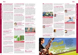 Tagesablauf,Seminarbeginnund–ende:Seite18.AlleSeminaremitMeditation,Mantra-Singen,Yogastunden.SeminarleiterabSeite165.
54
BADMEINBERG
16. Yoga Vidya
yoga-vidya.de/musikfestival21.05. - 24.05.2020
in Bad Meinberg
Jetzt informieren und anmelden:
MaiMai 
NEU 15.-17.5. Faszination Heilkräuter
Hiererwartetdicheininteraktivesundspannendes
Seminar vom Bestimmen, sammeln und zuberei-
ten von Heilpflanzen. Du entdeckst die Schätze
am Wegesrand, lernst sie zu bestimmen und
erfährst wofür diese zu verwenden sind. Schon
bald weißt du selber Bescheid und kannst dein
Wissen im Alltag anwenden, frische Säfte, Salate
und Smoothies zubereiten. Lass dich inspirieren
und werde selbst zur/zum Kräuterfrau/mann.
SL: Ananda Devi Kißling.
MZ 178 €; DZ 213 €; EZ 248 €; S/Z/Womo 153 €.
15.-17.5. Gitarrenbegleitung zu
Mantras spielen lernen
FürAnfänger,dieersteErfahrungenaufderGitarre
gemachthabenundnunlernenmöchtenMantras
zu begleiten. Du lernst einfache Akkorde und
Schlagtechniken, so dass du schon nach kurzer
Zeit Mantras auf der Gitarre begleiten kannst. Du
lernstAkkorde,Anschlagtechniken,gemeinsames
Spielen und Singen. Bitte Gitarre und Kapodaster
mitbringen. SL: Wolfgang Seemann.
MZ 178 €; DZ 213 €; EZ 248 €; S/Z/Womo 153 €.
15.-17.5. Herzschutz mit
Ornish Programm nach
Dean Ornish
Du lernst das wissenschaftlich er-
probte Ornish-Programm bei Herz-
erkrankungen kennen. Du lernst einen gesunden,
Herz schonenden Lebensstil, wie du Blockaden
auflösen, dein Herz befreien und einen Zustand
emotionaler Ausgeglichenheit erreichen kannst.
SpürediekörperlichenAuswirkungenunderfrische
deine Praxis nach deinen und den Bedürfnissen
deines Herzens. SL: Nada Gambiroza-Schipper.
MZ 178 €; DZ 213 €; EZ 248 €; S/Z/Womo 153 €.
15.-17.5. Hormon Yoga Basisseminar -
Yogalehrer Weiterbildung
Du lernst, wie die von Dinah Rodrigues entwi-
ckelten Hormonyogaübungen, integriert in
die Yoga Vidya Reihe, auf den weiblichen Körper
wirken. SL: Shivapriya Große-Lohmann.
MZ 178 €; DZ 213 €; EZ 248 €; S/Z/Womo 153 €.
15.-17.5. Klangspiele und Massagen -
Yoga für Kinder 3-6 / 7-12 Jahre
Laut und leise, Klang und Stille – sei neugierig
und sensibel und nimm die Geräusche, die Musik,
den Klang und die Schwingung aufmerksam
und bewusst wahr. Die Massagen lassen dich
entspannen und ruhiger werden und du lernst
deinen Körper besser kennen und schätzen.
SL: Elvira Sternke.
MZ 87 €; DZ 104 €; S/Z/Womo 65 €.
15.-17.5.Krafttier und Trance
Tanz
LernedeinKrafttierkennenunderlebe
wie unterstützend und bereichernd
dieser Kontakt in deinem Leben sein
kann. Im Trance-Tanz kannst du eine direkte
Erfahrung mit ihm machen und so die Verbin-
dung stark und kraftvoll werden lassen. Bitte
mitbringen: Wetterfeste Kleidung, isolierende
Sitzunterlage, Kleidung zum Tanzen/für Yoga,
Kraftgegenstände, Rassel, Augenbinde.
SL: Christof Schnepp.
MZ 178 €; DZ 213 €; EZ 248 €; S/Z/Womo 153 €.
15.-17.5.KundaliniYogaFortgeschrittene
Für tiefe Praxiserfahrung und Erweiterung des
Bewusstseins zusammen mit weiterführender
Theorie. Siehe S. 9. Teilnahmevoraussetzung:
Kundalini Yoga Mittelstufe oder Yogalehrer Aus-
bildung. Sonderbroschüre anfordern.
SL:ShaktipriyaVogt,AdinathZöller,MaheshHeld.
MZ 178 €; DZ 213 €; EZ 248 €; S/Z/Womo 153 €.
15.-17.5. Reset your Mindset:
Yin Yoga trifft Huna
Verbinde die Weisheit des Huna mit
derdesKörpersindenlanggehaltenen
AsanasdesYinYoga.Eingeschlossene
Gefühle können sich befreien, einengende Glau-
benssätze bewusst werden, und so kannst du dir
mithilfe der einfachen und sehr wirkungsvollen
Techniken des schamanisch- hawaiianischen
Heilsystems eine neue Wirklichkeit kreieren.
SL: Julia Lang.
MZ 178 €; DZ 213 €; EZ 248 €; S/Z/Womo 153 €.
15.-17.5. Sanskrit
Du lernst die Grundprinzipien für die korrekte
Aussprache von Mantras und von häufigen Yoga
Fachbegriffen,denAufbaudesSanskrit-Alphabets
und die Schriftzeichen (Devanagari). Für einen
tieferen Zugang zu den Mantras und der Yoga
Fachsprache. SL: Mohini Christine Wiume.
MZ 178 €; DZ 213 €; EZ 248 €; S/Z/Womo 153 €.
15.-17.5. Soforthilfe bei
Panikattacken
BeiPanikattackenkönnenschonkleine
Übungen diese abschwächen oder
verhindern. Lerne deine Panikattacke
unddiePanikmechanismenbesserkennen.Durch
die Übungen und das Wissen darum entwickelst
du mehr Sicherheit und Lebensqualität.
SL: Anke Gempke.
MZ 178 €; DZ 213 €; EZ 248 €; S/Z/Womo 153 €.
NEU 15.-17.5. Tao Yoga -
Erwecken der Lebensenergie
Übungen aus dem Taoismus zur Erweckung der
Lebensenergie: das Kreisen der Energie im kleinen
Energiekreislauf, die heilende Kraft des inneren
Lächelns, Stimulierung der inneren Organe und
mehr.Zujedemder5Elementepraktizierstduden
passenden Qi Gong Flow. Alle Übungen ideal für
Alltag oder Yoga Praxis. SL: Susan Holze-Apell.
MZ 178 €; DZ 213 €; EZ 248 €; S/Z/Womo 153 €.
15.-17.5. Tinnitus mit
Ayurveda lindern
Du erhältst eine klare Sicht auf Tinni-
tus und seine Ursachen und erfährst,
wieduihnmitayurvedischenMetho-
den behandeln und ihm vorbeugen kannst. Mit
Yoga, Meditation und Mantra-Singen. Offenheit
auch für Yoga und Spiritualität.
SL: Kati Tripura Voß.
MZ 178 €; DZ 213 €; EZ 248 €; S/Z/Womo 153 €.
8.-10.5.StressbewältigungundEnt­span-
nung mit tibetischen Klangschalen
Seitüber5.000JahrenfindenKlangschaleninder
tibetischen Heilkunst ihre Anwendung. Mittels
dieserversinkstdurelativschnellineinenZustand
zwischen Wachen und Schlafen. Er ermöglicht
dir eine tiefe Entspannung, da der Klang das
Ur-Vertrauen des Menschen anspricht und das
Loslassenermöglicht.FüreinintensiveresErlebnis
bringe deine/n Partner/in und deine Klangschale
mit.SL:Elena-JosefEngelbrecht,RalfEngelbrecht.
MZ 178 €; DZ 213 €; EZ 248 €; S/Z/Womo 153 €.
8.-10.5.VertrauenentwickelnmitSukadev
Lerne Übungen und Ansätze aus verschiedenen
Yogawegen um dein Vertrauen zu entwickeln
und zu stärken: Vertrauen zu dir, in deine Fähig-
keiten, deine Intuition, in andere, in das Gute
in anderen. Gottvertrauen. Sukadev teilt seine
große Erfahrung und Lebensweisheit mit dir, so
dass dein Leben inmitten aller äußeren Stürme
fest gegründet ist und du aus diesem Grundver-
trauen heraus handeln kannst. Ein Wochenende,
das dein Leben verändern und dir neue Impulse
geben kann. SL: Sukadev Bretz.
MZ 178 €; DZ 213 €; EZ 248 €; S/Z/Womo 153 €.
8.-10.5. Yoga für das Iliosakralgelenk
Das Iliosakralgelenk, eines der am wenigsten
„wahr-genommenen“ Gelenke des Körpers, kann
durch Blockierung zu zahlreichen Beschwerden
physischer, energetischer und geistiger Natur
führen.DasBewusstmachendesKreuzbein-Darm-
beinbereichesistderersteSchrittzumVerständnis
dieses Gelenkes. Theoretische Einleitung und
praktischeTippsundKörperübungen.Geeignetfür
MenschenmitoderohnebekannteBeschwerden.
SL: Janaki Marion Hofmann.
MZ 178 €; DZ 213 €; EZ 248 €; S/Z/Womo 153 €.
8.-10./12.5. Yoga und Meditation
Einführung / Spezial: 
4 Tage zum Preis von 3 Tagen
Erfahre Yoga und Meditation in allen Aspekten.
Siehe S. 5. SL: Pranavi Deventer.
8.-10.5.: MZ 136 €; DZ 168 €; EZ 204 €; S/Z/Womo 108 €.
Spezial: 8.-12.5.:
MZ 188 €; DZ 237 €; EZ 290 €; S/Z/Womo 146 €.
8.-10.5.YogaundMiddendorf-Atemarbeit
Atem- und Körperarbeit nach Middendorf, in-
tensivere Erfahrung und vertieftes Verständnis
für Asanas, Bewusstheit des Atems und dessen
vitalisierender Kraft. SL: Bhajan Noam.
MZ 178 €; DZ 213 €; EZ 248 €; S/Z/Womo 153 €.
8.-10.5. Yogalehrer Vorbereitung
Du erhältst Informationen zu den verschiedenen
Varianten der Yogalehrerausbildung und einen
Einblick in alle Aspekte von Yoga und Meditation.
SL: Sybille Schütz.
MZ 145 €; DZ 177 €; EZ 212 €; S/Z/Womo 117 €.
10.-13.5.AyurvedaMeditationstechniken
Meditation ist die höchste aller Yoga Praktiken.
Meditation ist mehr als nur Schließen der Augen
und ruhiges Sitzen: Sie bedingt Harmonie in
Körper, Geist, Sinnen und Prana (Lebensenergie).
Du lernst: Meditationstechniken für bestimmte
Doshas, Kräuter, Ernährung und Lebensstil für
mehr Sattwa und Tiefe mit vielen praktischen
hochwirksamenspeziellenMeditationstechniken.
SL: Radharani Priya Wloka.
MZ 231 €; DZ 280 €; EZ 333 €; S/Z/Womo 192 €.
10.-15.5.EnergetischesHeilenAusbildung
Dulernstu.a.mitEnergienzuarbeiten,Grundlagen
und fortgeschrittene Techniken der Energiebe-
handlung, Energieschutz; u.v.m.
SL: Janavallabha Das Wloka.
MZ 483 €; DZ 568 €; EZ 654 €; S/Z/Womo 417 €.
NEU 10.-15.5. Happy & Fit Yoga
Erfahre dich neu und entdecke Freude an der Be-
wegung. Vergiss den Alltag, schöpfe neue Kraft
undspüredeineMuskeln–durchdieKombination
von Power Flow Yoga mit Musik, freiem Tanzen,
Joggen und heilsamem Singen in der Natur. Lass
dich im Herzen berühren. SL: Ananta Duda.
MZ 386 €; DZ 469 €; EZ 555 €; S/Z/Womo 319 €.
10.-15.5. Karma Yoga Intensiv -
Unser Haus soll schöner werden
Mach mit! Kostenfrei Yoga kennen lernen und
vertiefen und ehrenamtlich mithelfen, so dass
sich unsere Gäste rundum wohlfühlen. Morgens
Satsang und Vortrag, nachmittags eine Yoga-
stundeunddazwischengeht’sansSaubermachen
im ganzen Haus. So leistest du einen wertvollen
BeitraginunseremgemeinnützigenVerein.Unter-
kunft im Schlafsaal oder MZ kostenlos.
SL: Sattva-Team . DZ 173 €; EZ 215 €.
10.-15.5. Progressive
Muskelentspannung (PMR)
nach Jacobson:
Kursleiterausbildung
Lerne,EntspannungskurseinProgres-
siver Muskelrelaxation nach Jacobsen anzuleiten.
SL: Siddhi Bausch.
MZ 483 €; DZ 568 €; EZ 654 €; S/Z/Womo 417 €.
NEU 10.-15.5. Themenwoche:
Yoga für Computerfreaks,
Schreibtischtäter und Workaholics
Du erlernst Yoga Übungen für Augen, Nacken,
Schultern, Rücken, Hände, Beine sowie Atem-
techniken und Selbstmassage. Damit beugst du
am Arbeitsplatz Muskelverspannungen, Maus-
syndrom und Niedergeschlagenheit vor. Offen
für alle. Mehr Infos s. Seite 7.
SL: Elena-Josef Engelbrecht, Ralf Engelbrecht.
10.-15.5. Yoga Ferienwoche
mit bunten Smoothies
Füralle,dieentspanntinderAshram-Atmosphäre
Ferien machen und sich Power-Pakete für die
GesundheitinFormvonbuntenSmoothiesgönnen
wollen.MitYoga,Meditation,Massage-Workshop,
Spaziergängen, Ausflügen/Wanderungen, Vor-
trägen. Täglich bereiten wir uns bunte gesunde
Smoothies mit Obst, Gemüse und Kräutern zu.
SL: Marcel Scherreiks.
MZ 324 €; DZ 409 €; EZ 496 €; S/Z/Womo 259 €.
10.-15.5. Yogatherapie
für Rücken und Gelenke
Du lernst, welche Ursachen Rücken- und Ge-
lenkbeschwerden haben können und wie du sie
nachhaltigzumPositivenbeeinflussenkannst.Mit
rücken- und gelenkgerechten Yogastellungen,
einer Rücken- und Gelenkübungsreihe für zu
Hause, rücken- und gelenkentlastende Entspan-
nung, Entschlackung, rückengerechtes Verhalten
im Alltag u.v.m. SL: Jyotidas Neugebauer.
MZ 386 €; DZ 469 €; EZ 555 €; S/Z/Womo 319 €.
10.-17.5. Chakras im Nada Yoga
Jeder der Tage ist einem Chakra gewidmet mit
Wahrnehmungsübungen,Meditationen,„tuning“
für die Chakras mit dem Singen von indischen
Ragas, Mantras und Kirtanas. Du erlangst Erfah-
rungswissenüberdeinefeinstofflichenSchichten,
Lebensthemen und spürst, wie deine Stimme auf
den Fluss deiner Lebensenergie wirkt. Geeignet
für Yogalehrer und Heilberufe, wie z.B. Klangthe-
rapeuten, Musiker, Musikpädagogen, Logopäden
etc. SL: Anne-Careen Engel.
MZ 566 €; DZ 681 €; EZ 802 €; S/Z/Womo 473 €.
10.-15./17.5. Yoga Ferienwoche /
Frühsommer Spezial:
7 Tage zum Preis von 5 Tagen
Eine Woche zum Aufladen, Regenerieren und
Verwöhnen.MitYoga,Meditation,Massage-Work-
shop, Spaziergängen, Ausflügen/Wanderungen,
Vorträgen und vielem mehr.
SL: Ingrid Seemann, Wolfgang Seemann.
MZ 324 €; DZ 409 €; EZ 496 €; S/Z/Womo 259 €.
10.5.-7.6. Yogalehrer Ausbildung
Intensivkurs
Intensives Training in allen Aspekten des Yoga in
Theorie und Praxis. Siehe S. 12.
SL: Rama Schwab, Amrita Kabisch.
MZ2421€;DZ2889€;EZ3373€;S/Z/Womo2051€.
12.5.Mantra-KonzertmitTheLoveKeys
21:10- 22:00 Uhr.
15.-17.5. Asana Intensiv mit längerem
Halten und Chakrakonzentration
Du lernst, deinen Geist ruhig zu halten, während
dudichjederAsanavollkommenhingibst.Chakra-
konzentrationenlenkenPranaundkönnendireine
neueDimensiondesHathaYogaeröffnen.Täglich
4 - 6 Stunden Asanas, ergänzt durch Meditation
und Mantra-Singen. Vorkenntnisse in Yoga und
Meditation nötig. SL: Mahindra König.
MZ 145 €; DZ 177 €; EZ 212 €; S/Z/Womo 117 €.
15.-17.5. Chakra-Yoga - Schwerpunkt
Swadhisthana und Manipura
Lerne alles über das zweite und dritte Chakra:
Symbolik, Einflussbereiche im physischen Körper
undaufpsychischenEbenen,Entwicklungsstufen.
Übungen zur Chakra-Harmonisierung: Asana,
Pranayama, Meditation, Mantra. Sie stehen in
Verbindung mit Eigenschaften wie: Flexibili-
tät, Kreativität, Freundschaft, Verdauungskraft,
Willensstärke, Stoffwechsel und Selbstachtung.
SL: Nirmala Erös.
MZ 178 €; DZ 213 €; EZ 248 €; S/Z/Womo 153 €.
NEU 15.-17.5. Hatha Yoga
Prävention für Anfänger
Beschreibung siehe Seite 5.
MZ 178 €; DZ 213 €; EZ 248 €.; S/Z/Womo 153 €.
Anmeldeformulars.letzteSeite.Tel.InfoundAnmeldungtägl.8-20Uhr:BM05234/87-0·WW02685/8002-0·NO04426/904161-0·AL08361/92530-0
55
BADMEINBERG
Musik
Festival
Erlebe international
bekannte KünstlerInnen,
Konzerte, Kirtan, Klang-
Yoga & Workshops –
u.a. mit Mirabai Ceiba,
Tina Malia, Pandit
Partho Sarothy
und vielen anderen!
 