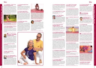 Tagesablauf,Seminarbeginnund–ende:Seite18.AlleSeminaremitMeditation,Mantra-Singen,Yogastunden.SeminarleiterabSeite165.
56 57
Anmeldeformulars.letzteSeite.Tel.InfoundAnmeldungtägl.8-20Uhr:BM05234/87-0·WW02685/8002-0·NO04426/904161-0·AL08361/92530-0BADMEINBERG
BADMEINBERG
MaiMai 
17.-22.5.Themenwoche: Friedenstänze
Tauche ein in die Welt der Friedenstänze, die
aus verschiedenen religiösen Traditionen dieses
Planeten entstanden sind. Erfahre ihre trans-
formierende und heilende Wirkung. Offen für
alle. Mehr Infos siehe Seite 7.
SL: Ingrid Seemann, Wolfgang Seemann.
17.-22.5.YogafürKinder3-6/7-12Jahre
Kindern macht Yoga besonders viel Spaß!
SL: Vaishnava Keidel.
MZ 180 €; DZ 221 €; S/Z/Womo 128 €.
17.-22.5. Yoga, Wandern
und Klangtherapie
EineKombinationvonKlangyogaund
Naturbegegnung.IndenYogastunden
mitKlangschalen,GongsundMantras
kannst du besonders gut entspannen und gleich-
zeitig viel Energie tanken. Bei den Wanderungen
kannst du die Stille und die Schönheit der Natur
genießen. SL: Pranava Heinz Pauly.
MZ 386 €; DZ 469 €; EZ 555 €; S/Z/Womo 319 €.
17.-22./24.5. Yoga Ferienwoche /
Frühsommer Spezial:
7 Tage zum Preis von 5 Tagen
Eine Woche zum Aufladen, Regenerieren und
Verwöhnen.MitYoga,Meditation,Massage-Work-
shop, Spaziergängen, Ausflügen/Wanderungen,
Vorträgen und vielem mehr.
MZ 324 €; DZ 409 €; EZ 496 €; S/Z/Womo 259 €.
17.5.-7.6. Yogatherapie Baustein
Ausbildung für medizinische Berufe
IntensiveYogatherapie-AusbildungfürMenschen
mitumfangreichenmedizinischenVorkenntnissen.
TeilnahmevoraussetzungTeil1,Teilnahmevoraus-
setzung: Medizin./Gesundheitsberuf.
SL: Mahashakti Engeln.
MZ1832€;DZ2182€;EZ2545€;S/Z/Womo1553€.
21.-24.5. Frau -Sein lieben und leben
Viele Frauen haben sich die Rolle des Mannes
„mitangezogen“ und dabei das Frau-Sein und
ihr Herz verletzt. Körper und Seele signalisieren:
So geht es nicht! Öffne dein Herz für die Liebe,
dein Frau-Sein, für die tiefe Kraft und Schönheit
des Weiblichen in dir. Wenn Frauen sich lieben
und bewundern lernen, fangen sie an zu strahlen
und kommen bei sich an. Der Mann kann nur an-
kommen bei der Frau, die zuerst bei sich selbst
angekommen ist. SL: Kati Tripura Voß.
MZ 256 €; DZ 307 €; EZ 359 €; S/Z/Womo 216 €.
21.-24.5.Gelassenheit-dieQuellederKraft
Tage, um Innenschau zu betreiben. Mit Achtsam-
keitsübungenundMeditationentauchstduinden
stillenRaumdesBeobachtersundderGelassenheit
ein. Mit Raja Yoga Sutras von Patanjali (Kleshas),
diedazudienen,dieHauptursachenmenschlichen
Leidens zu erkennen, besser loszulassen und in
derGegenwartzuverweilen.(TheorieundPraxis.),
SL: Janaki Marion Hofmann.
MZ 256 €; DZ 307 €; EZ 359 €; S/Z/Womo 216 €.
21.-24.5. Intensives Hüftarbeiten -
Yogalehrer Weiterbildung
Systematischer Aufbau in mehreren Schwierig-
keitsgraden (Level 1, 2, 3) – von Pawanmuktasana
bisChakrasana& Co.Level3gibtfortgeschrittenen
Yogis Tipps/Tricks für Spagat, Taube, Tänzer …
SL: Atman Shanti Hoche.
MZ 256 €; DZ 307 €; EZ 359 €; S/Z/Womo 216 €.
21.-24.5. Musik, Tanz und Spaß:
Kinderyoga 3-6 / 7-12 Jahre
SL: Anna Lieske, Vaishnava Keidel.
MZ 122 €; DZ 148 €; S/Z/Womo 93 €.
21.-24.5. Schamanischer Frauenkreis
FrauenundNaturgehöreneinfachzusammen.Wo
drückt sich das schöpferische Prinzip so stark aus
wieinderNatur?DuwirstanverschiedenenKraft-
orten, wo die weibliche Urkraft besonders hoch
ist, Rituale ausführen und den weiblichen Hauch
der Stille einatmen. Heilung und Transformation
können dabei entstehen. SL: Satyadevi Bretz.
MZ 256 €; DZ 307 €; EZ 359 €; S/Z/Womo 216 €.
21.-24.5. Selbstliebe, Selbstwert und
Yoga
Wenn du deinen eigenen Wert nicht ausreichend
fühlst, brennst du leicht aus im Versuch geliebt
undanerkenntzuwerden.SelbstliebeistdieBasis,
um mit Würde Liebe und Hilfe geben zu können.
Mit Einzel- und Gruppenübungen schwinden
Gefühle von Minderwertigkeit, die Liebe zu dir
selbst kann wachsen und ein glücklicheres Leben
ermöglichen. SL: Barbara Bosch.
MZ 256 €; DZ 307 €; EZ 359 €; S/Z/Womo 216 €.
21.-24.5. Visionssuche
Die Suche nach der Lebensvision ist so alt wie die
Menschheit.UnserewesenseigeneLebensaufgabe
zeigt sich, wenn wir ernsthaft nach ihr suchen
und uns verpflichten, sie im Leben umzusetzen.
Du durchläufst 3 klassische Phasen einer scha-
manischenVisionssuche:Ablösen(Vorbereitung),
Reise (Schwelle), Nacharbeitung (Integration).
Die Vision wird nicht neu geschaffen, sondern
wieder-erinnert und belebt. SL: Jürgen König.
MZ 256 €; DZ 307 €; EZ 359 €; S/Z/Womo 216 €.
21.-24.5. Yoga Musik Festival
MusikisteineuniverselleSprache,diemitdemHerzen
verstanden wird. Erlebe das Wunder der heilenden
Töne. Freue dich auf ein Wochenende voller Har-
monie und Energie. Du kannst zuhören, mitsingen,
tanzen,selbstlernen,wiemaneinInstrumentspielt
und vieles mehr. Mit bekannten internationalen
Interpreten. Sonderbroschüre anfordern.
MZ 300 €; DZ 350 €; EZ 402 €; S/Z/Womo 261 €.
21.-24.5. Yoga und Meditation
Einführung
Erfahre Yoga und Meditation in allen Aspekten.
Siehe Seite 5. SL: Bhaskara Bergmann.
MZ 196 €; DZ 246 €; EZ 297 €; S/Z/Womo 155 €.
22.-24.5.Asanas intensiv und Vinyasas
BasierendaufderYoga-Vidya-Grundreihewollen
wir die klassischen Asanas durch Sonnengrüße
– sog. Vinyasas – miteinander verbinden. Dabei
legen wir Wert darauf, Atem und Bewegung in
einem ruhigen Rhythmus synchron fließen zu
lassen. Du wirst diesen besonders kraftvollen
Stil auf strukturierte Weise kennen lernen und
gleichzeitig jede Menge Spaß haben. Mittelstufe
und Fortgeschrittene. Kenntnis der Yoga Vidya
Grundreihe. SL: Archaná Müller.
MZ 178 €; DZ 213 €; EZ 248 €; S/Z/Womo 153 €.
22.-24.5. Ayurveda Wohlfühl- und
Gesundheitswochenende
Lerne auf natürliche Weise, zu dir selbst zu
kommen und dadurch zu mehr Energie und Le-
bensfreude zu finden: Grundlagendes Ayurveda,
Ölmassage-Workshop,verschiedeneReinigungs-
methoden und heilsame Ernährung. Mit Yoga,
Meditation, Mantra-Singen. SL: Stefanie Adams.
MZ 178 €; DZ 213 €; EZ 248 €; S/Z/Womo 153 €.
NEU 22.-24.5. Hatha Yoga
Prävention für Anfänger
Beschreibung siehe Seite 5.
MZ 178 €; DZ 213 €; EZ 248 €; S/Z/Womo 153 €.
22.-24.5. How to teach an
English yoga class -
Yogalehrer Weiterbildung
Lerne Yoga auf Englisch zu unter-
richten. Hier bekommst du wertvolle
Tipps und Material mit gängigem Vokabular mit
an die Hand. SL: Kaivalya Meike Schönknecht.
MZ 178 €; DZ 213 €; EZ 248 €; S/Z/Womo 153 €.
22.-24.5. Klangmassage
Lasse dich tragen von den Schwingungen der
Gongs und Klangschalen. Erlerne verschiedene
Spieltechniken, die Hintergründe der Schwin-
gungstechniken und deren Wirkung. Sie führen
dich zu tiefer Entspannung. Die sanfte Massage
harmonisiert jede Körperzelle. Auch interessant
fürYogalehrerundTherapeuten,dieihrSpektrum
erweitern wollen. SL: Pranava Heinz Pauly.
MZ 178 €; DZ 213 €; EZ 248 €; S/Z/Womo 153 €.
NEU22.-24.5.KlarheitundinnereStärke
Lerne mit Raja Yoga wieder die Herrschaft über
den eigenen Geist zu erlangen. Du beobachtest
den Geist, um so herauszufinden, wer du nicht
bist - und vor allem, wer du wirklich bist. Das
bringt viel Klarheit, Stabilität und innere Stärke.
GrundkenntnisseinYogaundMeditationhilfreich
abernichtBedingung, SL:MohiniChristineWiume.
MZ 178 €; DZ 213 €; EZ 248 €; S/Z/Womo 153 €.
22.-24.5. Kundalini Yoga Einführung
GründlicheEinführunginTheorieundPraxis.Siehe
Seite 9. Sonderbroschüre anfordern.
MZ 145 €; DZ 177 €; EZ 212 €; S/Z/Womo 117 €.
22.-24.5. Maitri Bhavana
MaitriBhavanaistdieKultivierungdesMitgefühls
und der liebevollen Güte durch Hingabe und Me-
ditation – dir selbst, anderen Menschen und allen
Wesen gegenüber. Eine Einführung und zugleich
intensive Praxis von Maitra Bhavana - mit Yoga,
Entspannung, Sitz- und Gehmeditation. Durch
dieses Mitgefühl von Herzen erfährst du Freude,
Verbundenheit und kannst leichter verzeihen.
MZ 178 €; DZ 213 €; EZ 248 €; S/Z/Womo 153 €.
22.-24.5. Musik, Tanz und Spaß -
Kinderyoga 3-6 / 7-12 Jahre
SL: Anna Lieske, Vaishnava Keidel.
MZ 87 €; DZ 104 €; S/Z 65 €; S/Z/Womo 153 €.
15.-17.5. Waldbaden - Shinrin Yoku
Achtsamkeitswochenende
Einladung zum Waldbaden - Ein Achtsamkeits-
wochenende zum Entschleunigen. Shinrin Yoku
Waldbaden bedeutet „die Waldatmosphäre ein-
atmen“. Schlendere und nimm achtsam die hei-
lende Kraft der Natur wahr. Fernab von Stress;
spüre dich und den Wald, die Entspannung und
die Klarheit. Heilung und Transformation können
dabei entstehen. Bitte wetterfeste Kleidung mit-
bringen. SL: Siddhi Bausch.
MZ 178 €; DZ 213 €; EZ 248 €; S/Z/Womo 153 €.
15.-17.5.YogaundMeditationEinführung
Erfahre Yoga und Meditation in allen Aspekten.
Siehe S. 5. SL: Michaela Rau.
MZ 136 €; DZ 168 €; EZ 204 €; S/Z/Womo 108 €.
15.-22.5. Ayurveda Beauty, Wellness
und Kosmetik Ausbildung
Lerne ayurvedische Schönheits- und Wellness-
behandlungen professionell durchzuführen.
Grundlagen des Ayurveda, der ganzheitlichen
ayurvedischen Schönheitspflege und Kosmetik.
SL: Galit Zairi.
MZ 653 €; DZ 770 €; EZ 889 €; S/Z/Womo 560 €.
NEU 15.-22.5. Themenwoche:
Sthitaprajna - ein beständig
ausgeglichener Geist
Daswünschenwirunsheutzutagealle
mehr denn je, oder? – Offenbar war
das schon vor Jahrtausenden ein Thema: Im 2.
Kapitel der Bhagavad Gita geht es um eine balan-
cierte, unerschütterliche Geisteshaltung, die uns
ein harmonisches und gleichzeitig aktives Leben
ermöglicht. Offen für alle. Mehr Infos Siehe S. 7.
Englisch mit dt. Übersetzung. SL: Shekar Pandey.
15.-24.5. Systemische Coaching
Ausbildung
Dulernst,wieSysteme,z.B.Teams,Unternehmen,
Familie,gesellschaftlicheGruppen,funktionieren.
Du lernst Aufstellungen für die verschiedensten
Lebensbereiche deiner Klienten kennen.
SL: Tenzin Leickert.
MZ 821 €; DZ 972 €; EZ 1126 €; S/Z/Womo 701 €.
17.5. Yoga- und Meditation
Einführungstag
Ein Tag zum Entspannen und Aufladen.
Siehe S. 5. 64 €.
17.-22.5. Bogenschießen -
Yoga, Trance, Intuition und
Unterbewusstsein
DerFokusliegtaufpraktischerErfah-
rung beim Intuitiven Bogenschießen
- Selbstreflexion und innere Mitte finden. Yoga-
übungenbegleitendiePraxismitdemBogen.Beim
Trommeln in Trance gehst du in Verbindung mit
deinem Unterbewusstsein. Du schießt Pfeile des
Dankes,desWunschesgenHimmel,dasPfeilorakel
hilft bei Lebensfragen. SL: Klemens Schmelter.
MZ 386 €; DZ 469 €; EZ 555 €; S/Z/Womo 319 €.
17.-22.5. Entspannungskursleiter
Ausbildung
Lerne Entspannungskurse anzuleiten, Menschen
kompetent und sicher in die Entspannung zu
führen und sie auf ihrem Prozess zu mehr innerer
Ruhe zu begleiten. SL: Nanda Schetelich.
MZ 483 €; DZ 568 €; EZ 654 €; S/Z/Womo 417 €.
17.-22.5. Karma Yoga Intensiv -
Unser Haus soll schöner werden
Mach mit! Kostenfrei Yoga kennen lernen und
vertiefen und ehrenamtlich mithelfen, so dass
sich unsere Gäste rundum wohlfühlen. Morgens
Satsang und Vortrag, nachmittags eine Yoga-
stundeunddazwischengeht’sansSaubermachen
im ganzen Haus. So leistest du einen wertvollen
BeitraginunseremgemeinnützigenVerein.Unter-
kunft im Schlafsaal oder MZ. SL: Sattva-Team .
DZ 173 €; EZ 215 €.
17.-22.5. Karma Yoga intensiv
mit Gartenarbeit
Du kannst kostenfrei alle Facetten des ganzheit-
lichenYogakennenlernenundvertiefen,unddabei
deine überschüssige Energie in der Gartenarbeit
ausleben. Je morgens und nachmittags sind 3
Std. Karmayoga. Morgens und abends Satsang
sowie Nachmittagsyogastunde und Vorträge
der Ferienwoche. Mach´ mit, wenn du Lust auf
viel frische Luft, körperliche Arbeit und natürlich
Yoga hast! Unterkunft im Schlafsaal oder MZ.
SL: Inka Aichinger. DZ 173 €; EZ 215 €.
17.-22.5. Lomi Lomi Massage
Weiterbildung
Öffne dich, lasse dich tiefer ein und praktiziere
diverse Tools, die dein Können verfeinern und
in mehr Tiefe führen, um mit der „Königin der
Massage“ den Klienten tiefer ins Urgefühl von
Getragen- und Gehaltensein zu bringen. Teil-
nahmevoraussetzung ist die Kenntnis der Lomi
Massage. SL: Carolin Freudenberg-Bierwag.
MZ 386 €; DZ 469 €; EZ 555 €; S/Z/Womo 153 €.
17.-22.5. Stressreduktion
durch Achtsamkeit
Die Lebens- und Arbeitswelt bringt
Menschen an den Rand ihrer Be-
lastbarkeit, die Stresssymptome des
Körpers nehmen rasant zu. Doch es gibt ein wir-
kungsvolles Instrument des Geistes, das auch dir
als Hilfe zur Verfügung steht – die Achtsamkeit.
Erfahre die Achtsamkeit und lerne, sie im Alltag
zu integrieren. Mit geführten Meditationen und
Yoga Einheiten speziell für Gestresste.
SL: Beate Menkarski.
MZ 386 €; DZ 469 €; EZ 555 €; S/Z/Womo 319 €.
 