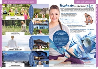 5
Abkürzungen:MZ=Mehrbett-,EZ=Einzel-,DZ=Doppelzimmer,Z/S/Womo=Zelt,Schlafsaal,Wohnmobil,BM=BadMeinberg,WW=Westerwald,NO=Nordsee,AL=Allgäu
Narendra Hübner
Ashramleiter
Sukadev Bretz
Vereinsleiter und Gründer
Swami Divyananda
Ashramleiterin
Ananda Schaak
Ashramleiterin
Karuna M. Wapke
Ashramleiterin
4
VIER SPIRITUELLE KRAFTORTE FÜR DICH
Tauche ein  in  eine  neue Welt.Harmonisiere Körper, Geist und Seele. Finde Fülle und Faszination. Lass dich durch Yoga und Meditation in-
spirieren, die Augenblicke deines Lebens in ihrer einzigartigen Schönheit wahrzunehmen. Übe Hatha Yoga
und gib dich den heilsamen Klängen von Mantras hin. Höre spannende Vorträge zu Ernährung, Gesundheit,
Achtsamkeit oder Positivem Denken. Ein Erlebnis: Einfache Entspannungs- und Atemtechniken führen dich
zu fühlbar mehr Flexibilität, Freude, Kraft und Gelassenheit. Energie und Achtsamkeit zum Mitnehmen.
Yoga und Meditation Einführung
Der ideale Einstieg in ganzheitliches Yoga. Erlerne u. a.
die 12 Grundstellungen der Yoga Vidya Grundreihe.
Geeignet für Einsteiger mit / ohne Vorkenntnisse.
Jedes Wochenende. Ab 108 € alles inklusive.
Einführung Spezial:
4 Tage zum Preis von 3 Tagen ab 146 €
Yoga und Meditation Aufbauseminar
Vertiefe deine Erfahrungen aus dem Einführungsseminar.
Ab 117 € alles inklusive.
Yoga und Meditation Mittelstufe
Steige nach dem Aufbauseminar tiefer in die 6 Yoga Wege ein.
Ab 117 € alles inklusive.
Fr.- So. Beginn jeweils Fr. 16:30!
Yoga und Meditation Einführungstag in Bad Meinberg
Schnuppere für einen Tag in die Welt des Yogas.
64 € inkl. Mittag- und Abendessen, Beginn: 10:00 Uhr.
19.1., 8.3., 17.5., 9.8., 18.10., 6.12.Krankenkassengefördert*
Hatha Yoga Prävention
für Anfänger
Yoga als ganzheitliches Übungssystem
erhöht die Beweglichkeit, stärkt das Immun-
system, kräftigt unseren Organismus und
fördert die Fähigkeit zur Entspannung. Yoga
beugt auf umfassende Weise Krankheiten
vor. Dieser Präventionskurs fördert mittels
Asanas, Pranayama, Tiefentspannung und
Meditation dein Körperbewusstsein und
ist von den Krankenkassen und ZPP
anerkannt.
Ab 153 € alles inklusive.
*Die meisten gesetzlichen Krankenkassen erstatten im Rahmen der Primärprävention nach § 20 SGB V bis zu 75,00 € bei vollständiger Teilnahme. Die genaue Höhe des Zu-
schusses erfährst du bei deiner Krankenkasse.
Unsere „Hatha Yoga Präventionskurse“ sind von der zentralen Prüfstelle Prävention (ZPP) zertifiziert und damit von allen Krankenkassen bezuschussungsfähig.
YogaVidyaBadMeinbergYogaVidyaWesterwaldYogaVidyaNordseeYogaVidyaAllgäu
Europas größter Ashram
VIELFALT & TIEFE
Mehr Infos zum Ashram plus Seminarprogramm ab Seite 19.
Paradiesische Stille
MITTEN IM WALD
Mehr Infos zum Ashram plus Seminarprogramm ab Seite 117.
Erholung pur bei
FRISCHER MEERESLUFT
Mehr Infos zum Ashram plus Seminarprogramm ab Seite 137.
Kraftvolle Stärkung bei beeindruckendem
BERGPANORAMA
Mehr Infos zum Ashram plus Seminarprogramm ab Seite 153.
Anmeldeformulars.letzteSeite.Tel.InfoundAnmeldungtägl.8-20Uhr:BM05234/87-0·WW02685/8002-0·NO04426/904161-0·AL08361/92530-0
SEMINARORTE
FÜREINSTEIGER
YOGA UND MEDITATION
 