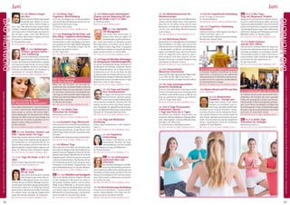 Tagesablauf,Seminarbeginnund–ende:Seite18.AlleSeminaremitMeditation,Mantra-Singen,Yogastunden.SeminarleiterabSeite165.
62 63
Anmeldeformulars.letzteSeite.Tel.InfoundAnmeldungtägl.8-20Uhr:BM05234/87-0·WW02685/8002-0·NO04426/904161-0·AL08361/92530-0BADMEINBERG
BADMEINBERG
JuniJuni
14.-19.6. Meditationsretreat für
Wiedereinsteiger
Hast du Angst vor anspruchsvollen Meditations-
retreats und bist langes Sitzen nicht gewohnt?
Dann bist du hier genau richtig. Hole dir neue
Motivation und Inspiration zum Wiedereinstieg
und für eine regelmäßige Meditationspraxis
auch zu Hause.
MZ 386 €; DZ 469 €; EZ 555 €; S/Z/Womo 319 €.
14.-19.6. Naturklang Woche
BistdubereitfüreinKlangabenteuerinderNatur?
Über die Klänge in der Natur kann sich dir eine
höhere Dimension erschließen. Mit Meditationen
in Zauberwäldern, an Bächen und heiligen Kult-
plätzen. Und Wanderung an den Externsteinen,
vorbei an magischen Orten, denen du dich in
Stille annäherst und ihnen lauschst. Du ent-
wickelst Urvertrauen und tiefe Hingabe zu Erde
und Himmel. SL: Narayani Kreuch.
MZ 386 €; DZ 469 €; EZ 555 €; S/Z/Womo 319 €.
14.-19.6. Themenwoche:
Mysterium Externsteine
SpannendeVorträge,Tagesausflüge,Yogastunden,
u.v.m. Offen für alle. Mehr Infos siehe S. 7.
SL: Sharima Steffens, Elisabeth Steinbeck-Block.
14.-19.6. Yoga Schwangerschafts­
berater/in Ausbildung
Du lernst, wie du Menschen unterstützen kannst
Themen wie Familienplanung, Schwangerschaft
und Geburt sowie die Betreuung von Mutter und
Kind aus ganzheitlich yogisch-ayurvedischer
Sicht. SL: Susan Holze-Apell.
MZ 483 €; DZ 568 €; EZ 654 €; S/Z/Womo 417 €.
14.-19./21.6. Yoga Ferienwoche/
Frühsommer Spezial:
7 Tage zum Preis von 5 Tagen
Eine Woche zum Aufladen, Regenerieren und
Verwöhnen.MitYoga,Meditation,Massage-Work-
shop, Spaziergängen, Ausflügen/Wanderungen,
Vorträgen und vielem mehr.
SL: Ingrid Seemann, Wolfgang Seemann.
MZ 324 €; DZ 409 €; EZ 496 €; S/Z/Womo 259 €.
14.-26.6.Yin Yogalehrer/in Ausbildung
Lerne, Yin Yoga zu unterrichten.
SL: Christian Bliedtner.
MZ 1074 €; DZ 1273 €; EZ 1481 €; S/Z/Womo 915 €.
14.6.-12.7. Yogalehrer Ausbildung
Intensivkurs
Intensives Training in allen Aspekten des Yoga in
Theorie und Praxis. Siehe S. 12.
SL: Anjali Gundert, Rama Schwab, Nora Handke,
Nirmala Erös, Adinath Zöller.
MZ2421€;DZ2889€;EZ3373€;S/Z/Womo2051€.
14.6.-9.8.GurukulaYogalehrerAusbildung
2-monatige Yogalehrer Ausbildung mit Karma
Yoga Praxis, in Anlehnung an das traditionelle
Gurukula-System. Für besonders intensiven spi-
rituellen Fortschritt und Lernen auf allen Ebenen.
SL: Nada Gambiroza-Schipper.
MZ2421€;DZ2889€;EZ3373€;S/Z/Womo2051€.
16.6.Mantra-KonzertmitTheLoveKeys
21:10 - 22:00 Uhr,
19.-21.6. Afrikanisches
Trommeln - Energie pur!
Bringe mehr Energie in dein Leben!
Trommeln ist mitreißend- pure Le-
bensfreude und Leidenschaftlichkeit.
Einsteiger lernen einfache Rhythmen, fortge-
schrittene Trommler können komplexere Rhyth-
menundSolo-Phrasenlernen.Undwirwerdenvor
allen Dingen Spaß beim gemeinsamen Grooven
haben. Trommeln können kostenlos ausgeliehen
werden. Ausleihwunsch bitte bei Anmeldung
angeben! SL: Gerd Radecke.
MZ 178 €; DZ 213 €; EZ 248 €; S/Z/Womo 153 €.
NEU 19.-21.6. Aku Yoga -
Yoga mit Akupressur Punkten
Akupressur Punkte sind Tore zu deinem Inneren.
Du lernst, welche Wirkung sie haben, wie du sie
findestundselbstbehandelst.SchichtfürSchicht
könnensichkörperliche,energetische,emotionale
und geistige Verspannungen lösen, während du
die Punkte in Asanas, beim Pranayama und in der
Meditation hältst. SL: Saradevi Heyer.
MZ 178 €; DZ 213 €; EZ 248 €; S/Z/Womo 153 €.
19.-21.6. Angst loslassen
und das Herz öffnen
Löse die dichte schwarze Wolke der Angst auf.
Du wirst dich selbst besser verstehen, lernen, gut
mit Angst umzugehen, sie aufzulösen und dein
inneres Selbst strahlen zu lassen. Öffne dich zu
einem erfüllten Leben, entfalte die ganze Liebe
und Freiheit, die dein Geburtsrecht ist.
SL: Kati Tripura Voß.
MZ 178 €; DZ 213 €; EZ 248 €; S/Z/Womo 153 €.
19.-21.6.Aufstellungen der Neuen Zeit
Als Weiterentwicklung des systemischen Fami-
lienstellens. Die Energien des neuen geistigen
Feldes, der gesteigerten Intuition und Verbun-
denheit werden in den Heilungsprozess einbezo-
gen. Kurze Theorie: Grundlagen und Ablauf der
Aufstellungsarbeit. Praxis: Einzelaufstellungen/
Übungen, in denen du als Heiler/Leiter oder Klient
aktiv wirst. SL: Anne-Karen Fischer.
MZ 178 €; DZ 213 €; EZ 248 €; S/Z/Womo 153 €.
NEU 19.-21.6. Hatha Yoga
Prävention für Anfänger
Beschreibung siehe S. 5.
MZ 178 €; DZ 213 €; EZ 248 €; S/Z/Womo 153 €.
10.-14.6. Mantra-Singen
mit Herz
Mantra-SingenistBhaktiYoga.Swami
Sivananda sagt: „Bhakti ist die an-
genehme, ebene, direkte Straße zu
Gott.“ Und: „Wer Mantras singt, vergisst Körper
undGeist.“Lassedichbezaubern,deinHerzöffnen
und singe einfach. Erlebe Freude und Liebe. Für
alle, die gerne singen, mehr über Mantras er-
fahren wollen oder einfach neugierig sind. Dein
Instrument ist willkommen.
SL: Devadas Mark Janku.
MZ 334 €; DZ 401 €; EZ 469 €; S/Z/Womo 280 €.
NEU 10.-14.6. Spieltherapie -
Kindern spielend helfen -
Eine Einführung
Du erlernst Methoden und Techniken
spielerischerArt,mitdenenKinderbe-
wussteundunbewussteProblematikennonverbal
zum Ausdruck bringen können. Du lernst, Kinder
spielerisch zu begleiten und durch verschiedene
Techniken und Spielverfahren bei Problemen zu
unterstützen. SL: Ina Savitri Welzenbach.
MZ 334 €; DZ 401 €; EZ 469 €; S/Z/Womo 280 €.
NEU 10.-14.6. Zeit für mich -
Ein Wochenende für Bewusstheit
Diese „Tage für Bewusstheit“ sind eine Einladung,
in einem inspirierenden Wohlfühlumfeld eine
kleine Auszeit zu nehmen. Mit leichten Wahr-
nehmungsübungen für bewusstes Sein, Körper,
Atmung und Geist baust du neue Energie und
Zuversicht auf. So kannst du gestärkt und ent-
spannt in deinen Alltag zurückkehren.
SL: Gerrit Kirstein.
MZ 334 €; DZ 401 €; EZ 469 €; S/Z/Womo 280 €.
NEU 10.-14.6. Zwischen Himmel und
Erde - Aerial meets Yin Yoga
Erlebe Tage zwischen Himmel und Erde. Lass dich
im Aerial Yoga auf den spielerischen Umgang mit
der Schwerkraft ein und verbinde dich bei Yin
Yoga Stunden entspannt und tief mit der Erde. So
gehstdugestärktundgleichzeitigentspanntnach
Hause. SL: Adidivya Andre, Nilakantha Gieseke.
MZ 334 €; DZ 401 €; EZ 469 €; S/Z/Womo 280 €.
11.-14.6. Yoga für Kinder 3-6 / 7-12
Jahre
Kindern macht Yoga besonders viel Spaß!
MZ 122 €; DZ 148 €; S/Z/Womo 93 €.
NEU 12.-14.6. Ayurveda ­­
für die Seele
Lasse deine Seele baumeln, genieße
tiefe Entspannung in einem Ayurve-
da-Massageworkshop und erlerne
die Basis der ayurvedischen Massage. Konstitu-
tionsanalyse und Ernährungstipps gemäß deiner
Konstitution helfen dir, im Alltag das Erlernte
weiterzuführen. Wunderschöne Natur, köstliches
bio-veganes Essen und tägliche Yogastunden
lassen dich Energie auftanken. SL: Durga Devi.
MZ 178 €; DZ 213 €; EZ 248 €; S/Z/Womo 153 €.
12.-14.6. Klang Yoga -
Yogalehrer Weiterbildung
Lerne die Grundlagen der Schwingungslehre
und verschiedene Klangmedien kennen und ihre
ganzheitliche Wirkung im Yoga.
SL: Pranava Heinz Pauly.
MZ 178 €; DZ 213 €; EZ 248 €; S/Z/Womo 153 €.
12.-14.6.KinderyogafürdenSchul-und
Kita-Alltag-YogalehrerWeiterbildung
Du bekommst Entspannungs- und Konzentra-
tionstechniken für den Schulalltag an die Hand,
diezusammenmiteinerregelmäßigenYogapraxis
Harmonie in den Schulalltag bringen und die
Gesundheit ganzheitlich fördern.
SL: Kati Tripura Voß.
MZ 178 €; DZ 213 €; EZ 248 €; S/Z/Womo 153 €.
NEU 12.-14.6. Ayurveda
Heil-Mal-Workshop
Malen nach den Prinzipien von Ayurveda. Er-
schaffekraftvolleundheilsameBilder,erfahredie
Wirkung der Farben aus Ayurveda Sicht. Schenke
dir neue Kraft, Erkenntnisse und Wohlbefinden
und trage zum Harmonisieren deiner Doshas bei.
Einführung in die verschiedenen Techniken. Keine
Malkenntnisse notwendig.
SL: Monika Jyoti Krabac.
MZ 178 €; DZ 213 €; EZ 248 €; S/Z/Womo 153 €.
NEU 12.-14.6. Hatha Yoga
Prävention für Anfänger
Beschreibung siehe Seite 5.
MZ 178 €; DZ 213 €; EZ 248 €; S/Z/Womo 153 €.
12.-14.6. Kundalini Yoga Mittelstufe
IntensivesSeminarzurErweiterungdesBewusst-
seins und Erweckung deiner Energie. SieheSeite9.
Teilnahmevoraussetzung:  Voriger Besuch eines
anderen Yoga-Vidya-Seminars. Sonderbroschüre
anfordern.
SL:MaheshHeld,ShaktipriyaVogt,AdinathZöller.
MZ 178 €; DZ 213 €; EZ 248 €; S/Z/Womo 153 €.
12.-14.6. Männer Yoga
Wie kombiniere ich als Mann die Anforderungen
desmodernenAlltagsmitderSpiritualitätderYo-
galehre? Intensive Yogapraxis verbunden mit Ge-
sprächenübereigeneLebensthemenimLichteder
Yogaphilosophie. Offener Austausch erwünscht
undsinnvoll,aberkeinMuss.DasSeminarzieltauf
eine Verbesserung deiner Jetzt-Situation durch
Integration verschiedener Yogatechniken und
durchSelbstbeobachtung.SL:ChristianBliedtner.
MZ 178 €; DZ 213 €; EZ 248 €; S/Z/Womo 153 €.
NEU12.-14.6.MittellinieundStandpunkt
Was ist die Mittellinie deines Körpers? Wie fest
ist dein Standpunkt? Wie kannst du beides in
den Asanas erfahrbar machen und für deinen
Alltag nutzen? Bekomme in vertrauten Asanas
einen neuen Blick auf die Wirbelsäule, auf Kopf
und Gesicht, Bauch und Beine. Voraussetzung:
Bereitschaft zu Partnerübungen, sich berühren
lassen am Kopf. SL: Jana Vani Devi Janzen.
MZ 178 €; DZ 213 €; EZ 248 €; S/Z/Womo 153 €.
12.-14.6. Sieben bunte Zauberkugeln :
Chakras und ihre Bedeutung für uns.
Yoga für Kinder 3-6 / 7-12 Jahre
SL: Vaishnava Keidel.
MZ 87 €; DZ 104 €; S/Z/Womo 65 €.
NEU 12.-14.6. Spirituelles
Life Management
Ziele setzen Ziele verwirklichen. In
deinem Leben stehst du täglich vor
EntscheidungenundHerausforderun-
gen. Lerne einen Ansatz mit Übungen aus dem
Raja Yoga kennen und erfahre, wie du diese in
deine tägliche Hatha Yoga Praxis, Pranayama
und Meditation integrierst und damit dein Leben
besser meistern kannst. SL: Patrick Dülks.
MZ 178 €; DZ 213 €; EZ 248 €; S/Z/Womo 153 €.
12.-14.6.Yoga mit Meridian Dehnungen
zur Anregung der Selbstheilungskräfte
DuwirsteingrundlegendesGespürentwickelnfür
die Meridiane, dem Energie-Leitbahnen-System
an der Körperoberfläche und im Körperinneren.
So bekommst du ein Tool an die Hand, mit dem
du bewusst über die Energie-Aktivierung in den
Meridianendeine ureigenenSelbstheilungskräfte
in Gang setzen kannst. Grundkenntnisse in Yoga/
Meditation nötig. SL: Marc Gerson.
MZ 178 €; DZ 213 €; EZ 248 €; S/Z/Womo 153 €.
12.-14.6. Yoga und Gewalt-
freie Kommunikation
Im Yoga ist die Achtsamkeit und das
Nicht-Verletzten (ahimsa) zentral.
LernemitdirunddeinenMitmenschen
wertschätzend umzugehen: aufrichtig sein, den
anderen verstehen lernen, klare Bitten ausspre-
chen.Grundlagender„GewaltfreienKommunika-
tion“nachMarshallB.Rosenberg,mitpraktischen
Übungen. SL: Krishnadas Matthias Faust.
MZ 178 €; DZ 213 €; EZ 248 €; S/Z/Womo 153 €.
12.-14.6. Yoga und Meditation
Einführung
Erfahre Yoga und Meditation in allen Aspekten.
Siehe S. 5.
MZ 136 €; DZ 168 €; EZ 204 €; S/Z/Womo 108 €.
12.-14.6. Yogalehrer
Vorbereitung
Du erhältst Informationen zu den
verschiedenen Varianten der Yoga-
lehrerausbildung und einen Einblick
in alle Aspekte von Yoga und Meditation.
SL: Pranavi Deventer.
MZ 145 €; DZ 177 €; EZ 212 €; S/Z/Womo 117 €.
NEU 14.-19.6. Achtsamkeit
spielerisch üben und
erforschen
Aufmühelose,lebendigeArtundWei-
se wirst du Achtsamkeit praktizieren.
Durch spielerische Wahrnehmungsübungen aus
Schauspiel und Tanz weckst du deine Sinne und
kannst mit Leichtigkeit ins Hier und Jetzt eintau-
chen. Vorkenntnisse in Meditation erforderlich.
SL: Caroline de Jong.
MZ 386 €; DZ 469 €; EZ 555 €; S/Z/Womo 319 €.
14.-19.6.Gesichtsmassage Ausbildung
Praxisorientiere Ausbildung - massiere Reflex-
punkte, lockere Muskeln und erlebe tiefe Ent-
spannung bei dir und deinen Klienten.
MZ 483 €; DZ 568 €; EZ 654 €; S/Z/Womo 417 €.
 