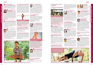 Tagesablauf,Seminarbeginnund–ende:Seite18.AlleSeminaremitMeditation,Mantra-Singen,Yogastunden.SeminarleiterabSeite165.
64 65
Anmeldeformulars.letzteSeite.Tel.InfoundAnmeldungtägl.8-20Uhr:BM05234/87-0·WW02685/8002-0·NO04426/904161-0·AL08361/92530-0BADMEINBERG
BADMEINBERG
JuniJuni
21.6. Mantra-Konzert mit Gauri &
Guna Nada Das
12:30 - 13:30 Uhr.
21.6.Mantra-KonzertmitGruppeMudita
18:45 - 19:45 Uhr.
21.6.Weltyogatag-TagderoffenenTür
Buntes Programm mit besonderen Yogastunden,
Konzert, Bio-vegetarischem Buffet. U.a. 11.30
Uhr Yogastunde, 13:30 - 14:30 Uhr Konzert.
Alles kostenlos! Bitte vorher anmelden. Wenn
du noch eine Nacht länger bleiben möchtest und
am nächsten Tag an Meditation, Mantra-Singen,
Yogastunde und Brunch teilnimmst,
zahlst du: MZ52€,DZ69€,EZ86€,S/Z/Womo38€.
Nur Übernachtung und Satsang:
MZ 27 €, DZ 35 €, EZ 43 €, S/Z/Womo 19 €.
NEU 21.-24.6. Yoga in Leadership -
Mit Weisheit führen
Lerne,YogaalseffektivesLeadership-Toolzunutzen
unddeineFührungsqualitätenzuverbessern.Wich-
tigeThemenwieSelbstführung,Berufung,spirituelle
PflichtenundverantwortungsvollesHandelnwerden
aufBasisdervedischenSchriftenreflektiertundfür
den Berufsalltag zeitgemäß interpretiert.
SL: Uwe Haardt, Ramdas Christoph Harrach.
MZ 231 €; DZ 280 €; EZ 333 €; S/Z/Womo 192 €.
21.-26.6. Asana Intensiv - Ruhe in
der Bewegung und Fluss in der
Stille
Du lernst Wege und Techniken, innerlich ruhig
und gelassen zu praktizieren, auch wenn es
anstrengend wird oder der Geist unruhig ist. So
dass du diese innere Stille mit in deinen Alltag
integrieren kannst, um auch in unruhigeren
Phasen des Lebens bei dir selbst und in einem
harmonischem Fluss zu bleiben. Mittelstufe und
Fortgeschrittene.
MZ 324 €; DZ 409 €; EZ 496 €; S/Z/Womo 259 €.
21.-26.6. Meine 5 Sinne - Yoga für
Kinder von 3-6 / 7-12 Jahren
Begegnedeinen5SinnenbeimSpielen,Toben,
Balancieren, Schnüffeln, Basteln, Singen und
Geschichten erzählen. Beobachte wie du die Welt
durch deine Sinne erleben kannst. Kindgerechte
Meditationen und Entspannung lassen dich die
Stille und die Natur noch tiefer erleben.
SL: Marcel Scherreiks.
MZ 180 €; DZ 221 €; S/Z/Womo 128 €.
21.-26.6. Outdoor Yoga -
Yoga im Freien
Du erlebst Yogastunden draußen,
WanderungenmitYogaübungen,Me-
ditation und Atemübungen auf den
Yogawanderwegen.MorgensvordenYogastunden
gibt es kleine Ausflüge in den Silvaticum Park
mit besinnlichen Yogapraktiken wie Schweigen,
Tratak usw. Ergänzend kannst du auch am Nordic
Walking teilnehmen, Schwimmen gehen im Haus
eigenen Bad oder kostenpflichtig im nahe ge-
legenen Thermalbad. SL: Mahesh Held.
MZ 386 €; DZ 469 €; EZ 555 €; S/Z/Womo 319 €.
21.-26.6. Schamanische
Natur-Rituale Ausbildung
Du lernst u.a. in der Natur Heilrituale durchzu-
führen, mit Bäumen, und Kräutern zu sprechen,
Waldgeisterwahrzunehmen,KontaktzudenHim-
melsrichtungen aufzunehmen und ihre Energien
zu nutzen. SL: Satyadevi Bretz.
MZ 483 €; DZ 568 €; EZ 654 €; S/Z/Womo 417 €.
NEU21.-26.6. Tanz dich in die
Meditation
Tanz dich frei und in die Meditation
mit Elementen aus zeitgenössischem
Tanz, der Contact Improvisation und
argentinischemTangoalsImprovisationstanz.Tritt
mitdirselbst,deinemTanzpartnerundderGruppe
in Kontakt, lasse los und finde deinen Rhythmus.
Mit Themenyogastunden, Reflexion, Austausch.
SL: Pranavi Deventer.
MZ 386 €; DZ 469 €; EZ 555 €; S/Z/Womo 319 €.
21.-26.6. Themenwoche:
Astrologie
Die indische Astrologie (Jyotish) hat
ihren Ursprung in alten vedischen
TraditionenIndiens.Jyotishbeschreibt
die Planetenmuster zum Zeitpunkt der Geburt
und kann Hinweise geben, deinen Geist und
seine Fähigkeit, Entscheidungen zu treffen, zu
verstehen. Offen für alle. Mehr Infos s. Seite 7.
Englischmitdt.Übersetzung.SL:VedaChaitanya.
21.-26.6. Yoga
Ferienwoche
Eine Woche zum Aufla-
den, Regenerieren und
Verwöhnen. Siehe S. 6.
SL: Ingrid Seemann, Wolfgang Seemann.
MZ 324 €; DZ 409 €; EZ 496 €; S/Z/Womo 259 €.
21.-26.6.Yoga Partnerschafts-
berater/in Ausbildung
Egal ob du in einer Partnerschaft
bist, dir eine wünscht oder andere
Menschen auf diesem Weg begleiten
möchtest – hier bekommst du Werkzeuge für
mehr Sinnhaftigkeit in Partnerschaften.
SL: Radharani Priya Wloka.
MZ 483 €; DZ 568 €; EZ 654 €; S/Z/Womo 417 €.
21.-28.6. Panchakarma
Gruppen Kur mit
Dr. Devendra Mishra
Panchakarma stellt die wohl bekann-
teste und wirkungsvollste Methode
zur Reinigung und Entgiftung des gesamten
Körpersdar.TiefsitzendeBlockadenindenKörper-
kanälen werden gelöst, der gesamte Organismus
wirdentgiftetundverjüngt,destruktiveDenk-und
Verhaltensmusterkönnensichauflösen.Unterder
kompetenten Leitung von Dr. Devendra Mishra
kannstduaufwunderbareWeisedenReinigungs-
und Regenerationsprozess mit Lernen verbinden.
Englisch mit dt. Übersetzung.
SL: Dr. Devendra Prasad Mishra.
MZ 638 €; DZ 749 €; EZ 860 €; S/Z/Womo 552 €.
23.6. Mantra-Konzert mit Gruppe
Mudita
Herzöffnung pur. 21:10 - 22:00 Uhr.
25.6.Mantra-Konzert mit Hagit Noam
12:30 - 13:30 Uhr.
26.-28.6. Achtsamkeitsyoga
Achtsamkeitsyoga schafft eine Ver-
bindung zwischen dem körperorien-
tierten Yoga und der Achtsamkeits-
lehre, was dazu führt dass du im
Einklang bist, bewusst und zentriert. Du lernst
mehr und mehr, aufkommende Empfindungen,
Gefühle und Gedanken in den Asanas achtsam
zu betrachten. Die Konzentration wird behutsam
aufverschiedeneAspektedesKörpersundGeistes
gelenkt. SL: Beate Menkarski.
MZ 178 €; DZ 213 €; EZ 248 €; S/Z/Womo 153 €.
NEU 19.-21.6. Asana Exakt -
„Flight Club“ Handstand erlernen
Erlerne auf spielerische Weise und mit Hilfe
therapeutischer Maßnahmen und Ausrichtungen
den Handstand - Vrikshasana - zu meistern.
MZ 178 €; DZ 213 €; EZ 248 €; S/Z/Womo 153 €.
NEU19.-21./23.6.Ayurveda Ein-
führung / Spezial: ­
4 Tage zum Preis von 3 Tagen
Lernedie„WissenschaftvomLeben“–
denAyurveda-kennen.Dubekommst
einen Überblick über die Bioenergien und wie sie
sich in Psyche und Körper zeigen. Du lernst die
therapeutischenMöglichkeitenunddieayurvedi-
scheErnährungslehrekennen.MitMassagework-
shop und Tipps für zu Hause. SL: Alina Lorova.
19.-21.6.: MZ 178 €; DZ 213 €; EZ 248 €; S/Z/Womo 153 €.
Spezial: 19.-23.6.:
MZ 230 €; DZ 282 €; EZ 334 €; S/Z/Womo 191 €.
NEU 19.-21.6. Der radikale Mittelweg
WorkshopfürWeltverbesserer,Denkerundsolche,
die gerne welche sein wollen. Reflektion über
die geistige Entwicklung der westlichen Welt.
Inspiriert durch E.F. Schumacher „Die Aufgabe
unserer Generation ist ohne Zweifel der einer
metaphysischen Umstrukturierung“.
SL: Sadbhuja Dasa.
MZ 178 €; DZ 213 €; EZ 248 €; S/Z/Womo 153 €.
NEU 19.-21.6. Die Rolle des
Egos
BelastendeSituationenimAlltagsind
nicht selten. Woher kommen sie und
wieso erfahren wir sie? Erfahre wie
aus Sicht des Vedanta die Struktur des Geistes
aufgebaut ist. Das Erkennen der Funktionsweise
des Egos ermöglicht ein besseres Verständnis des
eigenen Verhaltens und das anderer Personen.
Meditationstechnikenhelfendir,Anhaftungenan
hinderliche Verhaltensweisen zu lösen.
SL: Peter Govinda Janning.
MZ 178 €; DZ 213 €; EZ 248 €; S/Z/Womo 153 €.
19.-21.6.Einführung ins Obertonsingen
Kompetent und humorvoll wirst du in die Grund-
techniken eingeführt. Du machst eine völlig neue
Stimm-Erfahrung und wirst staunen, wozu deine
Stimme alles fähig ist. Neueste wissenschaftliche
Erkenntnisse zeigen sogar, dass die Obertöne
die Gehirnaktivität verlagern und neue Areale
aktivieren können. In diesem Seminar erlernst du
zwei Melodien gleichzeitig zu singen. Natürlich
mitYogastundenundMeditation.SL:JensMügge.
MZ 178 €; DZ 213 €; EZ 248 €; S/Z/Womo 153 €.
19.-21.6. Flow for Balance
Du praktizierst in fließenden, dynamischen Be-
wegungen. Dein kraftvoller Ujjayi Atem bildet
dabei eine dich tragende Stütze. So wirst du
fortgeschrittene Gleichgewichtsübungen ganz
leicht halten können – Asana Intensiv.
SL: Archaná Müller.
MZ 178 €; DZ 213 €; EZ 248 €; S/Z/Womo 153 €.
19.-21.6. Indianer in Bad Meinberg -
Yoga für Kinder 3-6 / 7-12 Jahre
Begib dich auf den Yoga-Indianer-Pfad beim
Fährtesuchen und am Lagerfeuer.
SL: Marcel Scherreiks.
MZ 87 €; DZ 104 €; S/Z/Womo 65 €.
19.-21.6. Kundalini Yoga Mittelstufe
IntensivesSeminarzurErweiterungdesBewusst-
seins und Erweckung deiner Energie. SieheSeite9.
Teilnahmevoraussetzung: Voriger Besuch eines
anderenYoga-Vidya-Seminars.Sonderbroschüre
anfordern. SL: Shaktipriya Vogt, Corinna Grote,
Ishwara Alisauskas.
MZ 178 €; DZ 213 €; EZ 248 €; S/Z/Womo 153 €
19.-21.6. Kausal Massage
Manche Menschen wohnen in ihren
Körpernwieinbewegungseinschrän-
kenden Schmerzgefängnissen. Lerne
wie du mit einfachen Selbst-Massa-
ge-Techniken alle Bereiche des Körpers ertasten,
individuelleBlockadenfindenundsielösenkannst.
Wenn du dann im Alltag wieder einer Situation
begegnest, die deine Blockaden-Muster aktiviert,
kannst unmittelbar reagieren und sie gar nicht
erst entstehen lassen. SL: Erkan Batmaz.
MZ 178 €; DZ 213 €; EZ 248 €; S/Z/Womo 153 €.
19.-21.6. Kundalini Yoga
Fortgeschrittene
Für tiefe Praxiserfahrung und Erweiterung des
Bewusstseins zusammen mit weiterführender
Theorie. Siehe Seite. 9. Teilnahmevoraussetzung:
Kundalini Yoga Mittelstufe oder Yogalehrer Aus-
bildung. Sonderbroschüre anfordern.
SL: Mahindra König, Narendra Hübner,
Radharani Birkner.
MZ 178 €; DZ 213 €; EZ 248 €; S/Z/Womo 153 €. .
19.-21.6. Reinkarnation und
Karma - Reise durch die Zeit
EntdeckedeineBestimmungindiesem
Leben durch eine Reise in die eigene
Vergangenheit. Wir werden in deine
vergangenen Leben eintauchen und dabei dein
Karma herausfinden. Ebenso wird das Erinnerte
in Bezug zum heutigen Leben gebracht und
durch Bewusstwerdung kann so Transformation
geschehen. SL: Jürgen König.
MZ 178 €; DZ 213 €; EZ 248 €; S/Z/Womo 153 €.
19.-21.6. Yoga der Achtsamkeit auf
Körper und Atmung
Mit dem Mittel der Achtsamkeit kannst du
Lebensqualität und Gesundheit verbessern
und Stress bewältigen. Sich dem Körper in den
Asanas und Pranayama in voller Achtsamkeit
zuzuwenden lässt dich die Kraft des Yoga ganz
nah erfahren. Du praktizierst achtsames Sitzen
in Meditation, achtsames Gehen, Sprechen
und Essen. SL: Mahashakti Rodriguez.
MZ 178 €; DZ 213 €; EZ 248 €; S/Z/Womo 153 €.
NEU 19.-21.6. Yoga der drei
Energien: Vedanta und Gunas
Sattva, Rajas und Tamas sind die drei
Energien, aus denen die Welt besteht.
Die Gunas werden auch als „Seile“
übersetzt, weil sie unsere geistigen Instrumente
binden und so unsere Erfahrungen beeinflussen.
Ein Verständnis über ihre Wirkkraft kann dir
helfen, dein Leben von bindenden Wünschen
und Ängsten zu befreien. SL: Alexandra Rohlje.
MZ 178 €; DZ 213 €; EZ 248 €; S/Z/Womo 153 €.
19.-21.6. Yoga und Meditation
Einführung
Erfahre Yoga und Meditation in allen Aspekten.
Siehe Seite 5.
MZ 136 €; DZ 168 €; EZ 204 €; S/Z/Womo 108 €.
Alle Aus- und  Weiterbildungen findest
du ausführlich beschrieben im Aus- und
Weiterbildungskatalog2020(bitteanfor-
dern)oderunteryoga-vidya.de/ausbildung
 