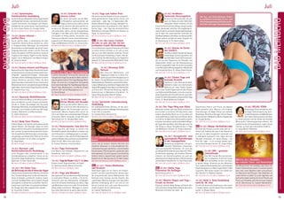 Tagesablauf,Seminarbeginnund–ende:Seite18.AlleSeminaremitMeditation,Mantra-Singen,Yogastunden.SeminarleiterabSeite165.
74
Anmeldeformulars.letzteSeite.Tel.InfoundAnmeldungtägl.8-20Uhr:BM05234/87-0·WW02685/8002-0·NO04426/904161-0·AL08361/92530-0BADMEINBERG
BADMEINBERG
75
JuliJuli
24.-26.7. Aradhana -
Tantrische Herzensgebete
Ein Kurs für alle Suchenden, die sich
auch im Alltag mit dem Göttlichen
verbunden fühlen möchten, die die
künstliche Kluft zwischen Alltag und spirituellem
Leben überwinden möchten. Als langjährige di-
rekteSchülerinvonSwamiSatyanandaSaraswati,
hat Dr. Nalini die systematischen Techniken des
AradhanaSadhanaunmittelbarvondiesemgroßen
Meister gelernt und gibt sie weiter. Englisch mit
dt. Übersetzung. SL: Dr. Nalini Sahay.
MZ 191 €; DZ 225 €; EZ 258 €; S/Z/Womo 165 €.
24.-26.7. Asanas im Geiste
des Sanskrit
DuhältstindiesenStundendieAsanas
etwas länger als (evtl.) gewohnt und
genießt dabei Sanskritaffirmationen,
die ich aus den Yogasutras von Patanjali und
Vedantischen Texten von Adi Shankaracharya
bewusst ausgewählt habe. So tauchst du geistig
indiePhilosophie(Kernaussagen)ein.Mittelstufe
und Fortgeschrittene. SL: Atman Shanti Hoche.
MZ 145 €; DZ 177 €; EZ 212 €; S/Z/Womo 117 €.
24.-26.7. Chakra Yoga und
heilende Kristalle
Tauche ein in den Geist der Kristalle.
Edelsteine haben eine harmonische
Wirkung auf unser Chakra System.
Löse in einer Chakra Yogastunde mit dem Einsatz
von Heilkristallen Blockaden. Lerne die verschie-
denen Qualitäten der Kristalle kennen sowie den
EinsatzfürdeineGesundheitundpersönlicheYoga
Praxis. SL: Nada Gambiroza-Schipper.
MZ 178 €; DZ 213 €; EZ 248 €; S/Z/Womo 153 €.
24.-26.7. Der Yoga-Weg zum Glück
Menschen streben nach dem Glück und doch ist
es so schwer zu erreichen. Die Yogis lehren, dass
wahres, dauerhaftes Glück nur in uns selbst und
nicht außerhalb ist. Jeder kann es erfahren. Glück
zu erfahren ist dabei keine Glückssache sondern
erlernbar.LernediesesuralteundbewährteWissen
der Yogis über das Glück. Viele Übungen auch für
den Alltag zu Hause. Grundkenntnisse in Yoga
und Meditation hilfreich. SL: Pranavi Deventer.
MZ 178 €; DZ 213 €; EZ 248 €; S/Z/Womo 153 €.
24.-26.7. Europäische und
­ayurvedische Phytotherapie
in der Hausapotheke
Vorstellung europäischer und ayur-
vedischer Heilkräuter, klassifiziert
nach ayurvedischen Richtlinien. Dir wird das
grundlegende Konzept der ayurvedischen Pflan-
zenheilkunde dargelegt, die einzelnen Pflanzen
erläutert, die Darreichungsform als auch der
pharmazeutische Name genannt. Mit Verkostung
verschiedener Heilpflanzen. SL: Kati Tripura Voß.
MZ 178 €; DZ 213 €; EZ 248 €; S/Z/Womo 153 €.
NEU 24.-26.7. Hatha Yoga
Prävention für Anfänger
Beschreibung siehe S. 5.
MZ 178 €; DZ 213 €; EZ 248 €; S/Z/Womo 153 €.
24.-26.7. Mantra Singen und Yoga -
Freude im Herzen
Klassisch indische Nada Klänge entführen dich
tiefindeinHerz.RuhigeMantraMusikoderLatino
Rhythmen erfrischen die Seele.
Ausreichend Theorie und Praxis, wie Mantra
Musik gestaltet wird: Mantras und Chakras,
Stimmübungen für Nada Klänge und indische
Musikskala, Rhythmus Übungen, Kirtan Singen,
MantraKonzert,Meditation,MantraYogastunde.
SL: Gruppe Mudita.
MZ 178 €; DZ 213 €; EZ 248 €; S/Z/Womo 153 €.
NEU24.-26.7.Munay-DieKraftderLiebe
Die Kraft des Herzens und der Liebe steht an 1.
Stelle in der Tradition der Inka. In der Erkenntnis,
dass wir mit allem energetisch verbunden und
in ständigem Austausch sind, haben die Inka
Übungen entwickelt, mit denen Munay – die
Kraft der Liebe – in uns erzeugt werden kann.
Lerne diese Übungen kennen. SL: Jürgen König.
MZ 178 €; DZ 213 €; EZ 248 €; S/Z/Womo 153 €.
24.-26.7. NIA - getanzte
Lebensfreude
Eine NIA Stunde (N=neuromusku-
läre I=integrative A=Action) bringt
dich unmittelbar ins Hier und Jetzt,
in deinen Körper. Elemente aus den Bereichen
Tanz, traditionellen Kampfkünsten und heilenden
Körpertherapien (u.a. Hatha Yoga) fließen in NIA
zusammen. NIA tanzen zaubert ein Lächeln auf
dein Gesicht! SL: Madhavi Kapretz.
MZ 178 €; DZ 213 €; EZ 248 €; S/Z/Womo 153 €.
24.-26.7. Reiki 3. Grad Ausbildung
nach Dr. M. Usui
Für alle, die bereits die Ausbildung in den ersten
2 Graden haben und die eigene Praxis vertiefen
wollen. SL: Bhajan Noam.
MZ 231 €; DZ 264 €; EZ 300 €; S/Z Womo 205 €.
24.-26.7. RELAX-YOGA
Erholungpur!Durchachtsames,sanf-
tes Yoga, Tiefenentspannung, wohl-
tuendeKlangreisenundMeditationen
kann deine Seele ausatmen, der Geist
zur Ruhe kommen und der Körper die heilende
Wirkung der Tiefenentspannung erfahren. Die
transformative Gongmeditation macht dieses
Seminar zu einem ganz besonderen Erlebnis.
SL: Sanja Müller-Hübenthal.
MZ 178 €; DZ 213 €; EZ 248 €; S/Z/Womo 153 €.
NEU 24.-26.7. Shraddha -
das vedische Toten- und Ahnenritual
Die Wissenschaft hat bestätigt, dass Gene der
letzten3GenerationenweiterinunseremSystem
aktiv sind, unser tägliches Leben und spirituel-
les Wachstum beeinflussen. Das Gedenken an
unsere Ahnen ist daher für unser tägliches und
spirituelles Leben wichtig. Du lernst Theorie und
Praxis von Shraddha, dem Ahnenritual. Englisch
mit dt. Übersetzung. SL: Sudarsh Namboothiri.
MZ 178 €; DZ 213 €; EZ 248 €; S/Z/Womo 153 €.
17.-26.7. Systemisches
Familienstellen Ausbildung
Du lernst die grundlegenden Ordnungsprinzipien
undDynamikenkennen,nachdeneneinFamilien-
system funktioniert, Grundlagen und Gesetz-
mäßigkeiten der systemischen Familienstellung.
SL: Anne-Karen Fischer, Dr. Annegrit Kahle.
MZ 821 €; DZ 972 €; EZ 1126 €; S/Z/Womo 701 €.
19.-24.7. Asana Intensiv -
sanftes Üben
Durch sanftes Üben in Verbindung mit dem
natürlichen Atemrhythmus kommst du leicht
in fortgeschrittene Stellungen. Du entwickelst
KonzentrationundAchtsamkeit,kannstdirinnerer
Vorgänge bewusster werden und den Fluss des
Pranaindirspüren.Esöffnetsichdireinintuitiver
Zugang zu den Asanas. Täglich 4-6 Std. Asanas,
ergänzt durch Meditation und Mantra-Singen.
SL: Johannes Bauer.
MZ 324 €; DZ 409 €; EZ 496 €; S/Z/Womo 259 €.
19.-24.7. Asanas intensiv und Vinyasas
BasierendaufderYoga-Vidya-Grundreihewollen
wir die klassischen Asanas durch besondere Son-
nengrüße – sogenannte Vinyasas – miteinander
verbinden. Atem und Bewegung können in einem
ruhigen Rhythmus synchron fließen. Du wirst
diesenbesonderskraftvollenStilaufstrukturierte
Weise kennen lernen und gleichzeitig jede Menge
Spaßhaben.KenntnisderYogaVidyaGrundreihe.
SL: Ajaipreet Kaur Lerp.
MZ 386 €; DZ 469 €; EZ 555 €; S/Z/Womo 319 €.
19.-24.7. Ayurveda Wohlfühlwoche
Lerne auf natürliche Weise, zu dir selbst zu kom-
men und dadurch zu mehr Energie und Lebens-
freude zu finden: Grundlagen des Ayurveda,
Ölmassage-Workshop,verschiedeneReinigungs-
methoden und heilsame Ernährung. Mit Yoga-
stunden, Meditation und Mantrasingen.
SL: Sabine Steenbuck.
MZ 386 €; DZ 469 €; EZ 555 €; S/Z/Womo 319 €.
19.-24.7. Body Voice Process
Erfahre Körper und Stimme als Ausdruck deines
wahren Wesens. Die Übungen zeigen dir einen
Weg zu einem kraftvollen und selbstbestimmten
Sein und den Zusammenhang zwischen körper-
lich-energetischenBlockierungenundanerzoge-
ner geistiger und körperlicher Haltung. Du lernst
wieder achtsamer mit dir selbst umzugehen.
SL: Hagit Noam.
MZ 386 €; DZ 469 €; EZ 555 €; S/Z/Womo 319 €.
19.-24.7. Burnout- und
Antistressberater/in Ausbildung
Lerne Gruppen oder Einzelpersonen in der
Stressbewältigung zu begleiten. Schutz vor der
Stressfalle. Gegenmaßnahmen. Ausstieg aus der
Opferrolle. SL: Kati Tripura Voß.
MZ 483 €; DZ 568 €; EZ 654 €; S/Z/Womo 417 €.
19.-24.7. Die Grüne Tara -
dieBefreiungvonden8ArtenderAngst
Thema ist das wunderschöne Mantra „Die Grüne
Tara“.Dubeschäftigstdichmitdendortbeschrie-
benen 8 Ängsten, spielerisch, konkret, kreativ
und hast die Möglichkeit, deine eigenen Ängste
aufzuspüren,zubetrachten,aufzulösen.Transfor-
mation kann stattfinden. Im „geschützten Raum“
der Gruppe darf alles angesprochen werden.
SL: Surya Devi Cordier.
MZ 386 €; DZ 469 €; EZ 555 €; S/Z/Womo 319 €.
19.-24.7. Erwecke den ­
inneren Lehrer
Du lernst, das Leben aus der Mak-
ro-Perspektive wahrzunehmen, die
Dinge zu sehen und zu fühlen, wie sie
wirklich sind. Du erkennst, dass alles perfekt ist,
so wie es ist. Übungen zu: Buddhi in dir stärken
und entwickeln; sehen, wie die übergeordnete
Intelligenz in der Welt wirkt; deine Verbindung
mit Buddhi im Alltag stärken. Antworten und
Führung von deinem inneren Lehrer bekommen.
Englischmitdt.Übersetzung.Grundkenntnissein
Yoga und Meditation hilfreich. SL: Chitra Sukhu.
MZ 386 €; DZ 469 €; EZ 555 €; S/Z/Womo 319 €.
NEU 19.-24.7. Thai Yoga Ferienwoche
In dieser besonderen Ferienwoche besuchst du
morgens eine Yoga Stunde deiner Wahl, nachmit-
tags die gemeinsamen Thai Yoga Massage Work-
shops. So lernst du in entspannter Atmosphäre
eineetwaeinstündigeThaiYogaMassageSequenz.
Täglich Yoga, Meditationen und Mantra-Singen
stimmen dich auf die Massagepraxis ein.
SL: Gundi Nowak.
MZ 386 €; DZ 469 €; EZ 555 €; S/Z/Womo 319 €.
19.-24.7. Harmonium- und
Kirtan Woche mit Devadas
Lerne wunderschöne Mantras ken-
nen und sie auf dem Harmonium zu
spielen. Bei Kirtansingen und ent-
spannenden Mantra Yogastunden kannst du
tief in den Ozean des transzendentalen Klanges
eintauchen. Wenn vorhanden, bringe bitte dein
Harmonium mit. SL: Devadas Mark Janku.
MZ 386 €; DZ 469 €; EZ 555 €; S/Z/Womo 319 €.
19.-24.7.Themenwoche: Tanz dich frei
Dance Yoga hilft, den Körper zu formen, ihm
Flexibilität zu geben, die Ausdauer zu stärken und
durch Emotionen und Bewegungen zu entspan-
nen und wieder in das natürliche Gleichgewicht
zwischenKörper,GeistundSeelezurückzukehren.
Offen für alle. Mehr Infos siehe Seite 7.
SL: Pranavi Deventer, Jana Krützfeldt.
19.-24.7. Yoga Ferienwoche
Eine Woche zum Aufladen, Regenerieren und
Verwöhnen. Siehe Seite 6.
MZ 324 €; DZ 409 €; EZ 496 €; S/Z/Womo 259 €.
19.-24.7.YogafürKinder3-6/7-12Jahre
Kindern macht Yoga besonders viel Spaß!
SL: Vaishnava Keidel, Marcel Scherreiks.
MZ 180 €; DZ 221 €; S/Z/Womo 128 €.
19.-24.7. Yoga und Wandern
Das Lipperland hat wunderschöne Wanderwege
zu kraftvollen Plätzen zu bieten, z. B. die Ex-
ternsteine oder das Silberbachtal. Aufgeladen
durch die heilsame Verbindung von Natur, Yoga
und Meditation kannst du voller Frische deinen
Alltag wieder aufnehmen. Massagen in unserer
Ayurveda-Oase kannst du gerne dazu buchen.
MZ 324 €; DZ 409 €; EZ 496 €; S/Z/Womo 259 €.
19.-24.7. Yoga zum halben Preis
Hier kannst du dein Budget schonen und gleich-
zeitig ganzheitlichen Yoga kennen lernen und
praktizieren - jeden Tag 1-2 Yogastunden, Me-
ditation, Mantra-Singen, Vortrag, biologisch-ve-
getarisches Essen. Du praktizierst 3 Std. täglich
Karma Yoga – den Yoga des ehrenamtlichen
Mithelfens (3 Stunden Mithilfe bei Arbeiten im
Haus). SL: Karina Penner.
MZ 162 €; DZ 204 €; EZ 247 €; S/Z/Womo 130 €.
NEU 19.-26.7. Die innere Freiheit
die / der zu sein, die / der ich bin:
Lernkultur-Coach Weiterbildung
Du entfaltest dein eigenes Potenzial und findest
zu einem tieferen Kontakt zu dir und zu dem,
was du in der Welt bewirken möchtest. Teil der
LernKulturCoach-Fortbildung. Einzeln oder ge-
samt buchbar. Als Weiterbildung für Yogalehrer
geeignet.SL:VishnupriyaSilkeWeiß,KathrinFunk.
MZ 566 €; DZ 681 €; EZ 802 €; S/Z/Womo 473 €.
19.-26.7. Shivalaya Stille
Retreat
Mit intensiver Meditations- und
Yogapraxis findest du zu Ruhe, Ent-
spannung und tiefer Begegnung mit
dir. Täglich 3 lange Meditationssitzungen, kurze
Gehmeditationen,Rezitation,systematischeAnlei-
tungundBegleitung,meditativeYogastunden.Die
längereMittagspauselässtRaumzumNachwirken
und Ausruhen. Persönliche Beratung möglich.
Vorkenntnisse in Meditation erforderlich. SL:
Swami Nirgunananda, Rukmini Keilbar.
MZ 566 €; DZ 681 €; EZ 802 €; S/Z/Womo 473 €.
19.-26.7. Spirituelle Lebensberatung
Ausbildung
Ein außergewöhnliches Seminar, um den spiri-
tuellenWegundseinevielfältigenVerzweigungen
in der Tiefe zu begreifen.
SL: Sukadev Bretz, Nirmala Erös.
MZ 653 €; DZ 770 €; EZ 889 €; S/Z/Womo 560 €.
21.-24.7. Indisch Vegan Kochen mit
Nalini
Lerne, wie du leckere indische Gerichte mit
einfachen Gewürzen in unterschiedlichen Ge-
schmacksrichtungenzubereitest-mitminimalem
Kochaufwand. Pfannengerührt, gedünstet oder
leicht gebraten. Du wirst staunen, wie schnell du
leckeres indisch-veganes Essen zaubern kannst.
Englischmitdt.Übersetzung.SL:Dr.Nalini Sahay.
MZ 276 €; DZ 326 €; EZ 378 €; S/Z/Womo 237 €.
NEU 22.-24.7. Yantra Meditation ­
und Kreation
Gemeinsam legen wir ein Yantra mit Kräuter-
pulvern und allen geometrischen Details; dazu
die entsprechenden Yantra Meditationen. Das
Kreiieren eines Yantras und das Chanten des
zugehörigen Mantras erzeugen eine besondere
göttliche Schwingung, die in uns und um uns
herum erweckt wird und unser Bewusstsein
erhebt. Englisch mit dt. Übersetzung.
SL: Sudarsh Namboothiri.
MZ 154 €; DZ 188 €; EZ 221 €; S/Z/Womo 128 €.
Alle Aus- und  Weiterbildungen findest
du ausführlich beschrieben im Aus- und
Weiterbildungskatalog2020(bitteanfor-
dern)oderunteryoga-vidya.de/ausbildung
 