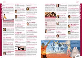 Tagesablauf,Seminarbeginnund–ende:Seite18.AlleSeminaremitMeditation,Mantra-Singen,Yogastunden.SeminarleiterabSeite165.
76
BADMEINBERG
JuliJuli
26.-31.7.Themenwoche: Nada Yoga mit
Ram Vakkalanka - Kraft des Klanges
Ram Vakkalanka, indischer Sanskrit Experte,
begnadeter Sitar Spieler und erfahrener Medi-
tationsleiter, zu Gast bei Yoga Vidya. Ram leitet
jeden Morgen eine Nada Yoga Meditation mit
Sitaran.TäglichkannstduanoffenenWorkshops
über Sanskrit, Mantras, Chakras und Mudras teil-
nehmen. Mit Kirtan Konzert. Offen für alle. Mehr
Infos siehe Seite 7. Englisch mit dt. Übersetzung.
SL: Ram Vakkalanka.
26.7.-2./9.8.Yoga Summer Camp - Ticket
Early Bird - Presale bis 15.4.
Eine oder zwei Wochen Jugendfreizeit voller
Abenteuer, Freiheit, Naturverbundenheit. Zelten,
Capoeira, Bogenschießen, Poi spielen, Jonglieren,
Trommeln,Didgeridoo,Singen,Tanzen,Feuershow,
Bodypainting, Yoga, AcroYoga und und und….
1 Woche:
26.7.-2.8. oder 2.-9.8. all inclusive: Early Bird bis
15.4.: 206 €; Normalpreis ab 16.4.: 310,- €
2 Wochen:
26.7.-9.8.: all inclusive Early Bird bis 15.4.: 412 €;
Normalpreis ab dem 16.4.: 620,- €
Nur im Zelt möglich.
SL: Luca Sumitra Fischer, Michael Samusamu
Kreiker, Wiebke Pflugner.
26.7.-9.8. Ayurveda Massage
Ausbildung
Fundierte, gründliche Ausbildung in
Abhyanga, der traditionellen ayurve-
dischen Ganzkörper-Massage.
SL: Galit Zairi.
MZ 1242 €; DZ 1475 €; EZ 1717 €; S/Z/Womo 1057 €.
26.7.-9.8. Reiki Lehrer Intensiv Aus-
bildung nach Dr. Mikao Usui (4. Grad)
Für alle, die bereits die Ausbildung in den ersten
3 Reiki-Graden haben und nun auch unterrichten
bzw. die eigene Praxis vertiefen wollen.
SL: Bhajan Noam.
MZ 1242 €; DZ 1475 €; EZ 1717 €; S/Z/Womo 1057 €.
26.7.-16.8. Kundalini Yoga
Monat
Ein(fast)ganzerMonatzurErweckung
der inneren Energie, Erweiterung des
BewusstseinsundEntfaltungdesvollen
Potentials.AsanasmitspeziellenAtem-undKonzen-
trationstechniken,machtvollePranayamaTechniken.
Bandhas, Mudras, Kriyas, Mantras, Yantras, Arati.
Kundalini Meditations- und Tiefenentspannungs-
techniken.FaszinierendeWorkshopsundVorträge.
Sonderbroschüre anfordern. SL: Savitri Retat.
MZ 1248 €; DZ 1599 €; EZ 1961 €; S/Z/Womo 971 €.
28.7. Mantra-Konzert mit Gruppe
Mudita 21:10 - 22:00 Uhr.
29.7.-2.8. Reiki 1. Grad
Ausbildung nach Dr. M.
Usui
Der Reiki 1. Grad eröffnet dir u. a.
die Fähigkeit, Reiki zu kanalisieren,
dir selbst und anderen durch Handauflegen die
Reiki-Energie zu übertragen. SL: Bhajan Noam.
MZ 400 €; DZ 466 €; EZ 536 €; S/Z/Womo 348 €.
31.7.-2.8. Core Yoga
Im Core Yoga arbeiten wir intensiv
an allen Muskeln um die Körpermitte
herum: Beckenboden, Hüft-, unte-
re Rücken- und Bauchmuskulatur,
Zwerchfell. Aus diesem Kern heraus gehst du
stabil und sicher, mit verfeinerter anatomischer
Ausrichtung, in die Balancehaltungen, Rück-
beugen und Umkehrstellungen. Mittelstufe und
Fortgeschrittene.AlsWeiterbildungfürYogalehrer
geeignet. SL: Mahindra König.
MZ 178 €; DZ 213 €; EZ 248 €; S/Z/Womo 153 €.
31.7.-2.8. Hatha Yoga Prävention
für Anfänger
Beschreibung siehe S. 5.
MZ 178 €; DZ 213 €; EZ 248 €; S/Z/Womo 153 €.
31.7.-2.8. Hohe Energie-
Ebenen aufrechterhalten
Die alten Yogis verschrieben einige
einfache und doch sehr effektive
Übungen, um hohe positive
Energie-EbenendenTagüberaufrechtzuerhalten
- vom Aufwachen bis zum Schlafen gehen.
SieverbesserndeinTagesbewusstsein,fördernein
bewusstes Leben und machen jeden Augenblick
zu einer freudvollen Erfahrung. Englisch mit dt.
Übersetzung. SL: Ram Vakkalanka.
MZ 178 €; DZ 213 €; EZ 248 €; S/Z/Womo 153 €.
31.7.-2.8. Klangspiele und Massagen -
YogafürKinder3-5/6-9/10-12Jahre
Laut und leise, Klang und Stille – sei neugierig
und sensibel und nimm die Geräusche, die Musik,
den Klang und die Schwingung aufmerksam und
bewusst wahr. Die Massagen lassen dich ent-
spannen und ruhiger werden. SL: Anna Lieske,
Marcel Scherreiks, Vaishnava Keidel.
MZ 87 €; DZ 104 €; S/Z/Womo 65 €.
31.7.-2.8. Meditieren mit
Swami Yatidharmananda
LassedichvonSwamiYathidarmanandas
Energie und Enthusiasmus anstecken,
deininneresspirituellesFeuer(neu)ent-
fachen!DunimmsteineFüllevonIdeen,Inspiration
und Motivation in deinen Alltag mit. U.a.: Deine
Praxis stabilisieren und vertiefen. Deine Intuition
erweitern.UmgangmitStress,ÄrgerundÄngsten.
KlarheitundpersönlicheTransformation.Englisch
mitdt.Übersetzung.SL:SwamiYatidharmananda.
MZ 178 €; DZ 213 €; EZ 248 €; S/Z/Womo 153 €.
NEU31.7.-2.8.Meisterung der
Umkehrhaltungen -
Yogalehrer Weiterbildung
Kopfstand, Skorpion und Handstand
zu meistern ist nur eine Frage der
Technik.SinnvolleVorübungengebenexakteTipps.
SL: Atman Shanti Hoche.
MZ 178 €; DZ 213 €; EZ 248 €; S/Z/Womo 153 €.
NEU 31.7.-2.8. Natur Bhakti
Wochenende
Wir werden uns draußen in der Natur
über das gemeinsame Singen von
Liedern aus unterschiedlichen spi-
rituellen Traditionen mit der Natur verbinden,
selbst ein Teil davon werden, zum Instrument
des Göttlichen werden. Ein Wochenende zum
Abtauchen in Freude, Liebe, Herzöffnung und
Weite. Gerne eigenes Instrument mitbringen.
SL: Ruzan Davtyan.
MZ 178 €; DZ 213 €; EZ 248 €; S/Z/Womo 153 €.
24.-26.7.YogaundMeditationEinführung
Erfahre Yoga und Meditation in allen Aspekten.
Siehe S. 5.
MZ 136 €; DZ 168 €; EZ 204 €; S/Z/Womo 108 €.
24.-26.7. Vegan kochen und backen
Du lernst verschiedenste vegane Köstlichkeiten
kennen:SchnelleGerichtefürdenAlltag,Desserts,
Backwaren sowie vegane Varianten vertrauter
Speisen und Alternativen zu Fleisch und Käse. Du
erfährst, wie eine vollwertige, vegane Ernährung
aufgebaut sein sollte und erhältst Tipps für den
Alltag. SL: Marcel Neuen.
MZ 178 €; DZ 213 €; EZ 248 €; S/Z/Womo 153 €.
24.-26.7. Yoga für die Gelenke
Du arbeitest sanft und nachhaltig an der Belas-
tungsfähigkeitundBeweglichkeitdeinerGelenke.
Yoga-Atemübungen zur Aktivierung, Entschla-
ckung und Anregung des Stoffwechsels sind für
die Gelenke besonders wichtig. Mit praktischen
Tipps für den Alltag. Für Betroffene und als Prä-
ventionsmaßnahme geeignet. SL: Erkan Batmaz.
MZ 154 €; DZ 188 €; EZ 221 €; S/Z/Womo 128 €.
24.-26.7. Yoga für Hochsensible
Hochsensibilität ist eine Gabe. Hoch-
sensible Menschen nehmen mehr
Informationen auf und sind schneller
überstimuliert. Du erfährst welche
besonderen Fähigkeiten und Bedürfnisse Hoch-
sensible haben. Wie kannst du als hochsensible
Person dich und deine Grenzen besser wahr-
nehmen und schützen, und wie können Yoga
und Meditation dabei unterstützend wirken. SL:
Shaktidas Schüler.
MZ 178 €; DZ 213 €; EZ 248 €; S/Z/Womo 153 €.
24.-26.7. Yoga für Senioren -
Yogalehrer Weiterbildung
Hier erlernen Yogalehrer, wie man am besten Yo-
gaunterricht für Senioren gestaltet. Neben dem
theoretischen Hintergrundwissen lernst du viele
praktische Übungen für ältere Menschen kennen.
SL: Kavita Pippon.
MZ 178 €; DZ 213 €; EZ 248 €; S/Z/Womo 153 €.
24.-26.7. Yoga und Recycling Art -
Yoga für Kinder 3-6 / 7-12 Jahre
Wir basteln schöne und sinnvolle Dinge aus Res-
ten und Abfällen. So verwenden wir z.B. Papier,
Karton und Stoffe und es entstehen daraus tolle
Sachen. Wenn du ein T-Shirt mitbringst. können
wir es verschönern, indem wir es bemalen oder
etwas aufnähen. Mit Yoga, Bewegungsspielen,
Klang- und Fantasiereisen. SL: Vaishnava Keidel.
MZ 87 €; DZ 104 €; S/Z/Womo 65 €.
24.-31.7. Spirituelle Hypnose
Grundausbildung
ModerneTrancetechnikenmitElemen-
ten aus der Hypnosetherapie können
helfen, Ideen zu finden und Intuition
zu stärken. SL: Susanne Sirringhaus.
MZ 653 €; DZ 770 €; EZ 889 €; S/Z/Womo 560 €.
24.7.-2.8. Senioren Yoga Übungslei-
ter Ausbildung
Lerne, Yogakurse für Senioren anzuleiten. Be-
sonders interessant für diejenigen, die bereits
mit älteren Menschen arbeiten oder selbst älter
sind. SL: Kavita Pippon.
MZ 821 €; DZ 972 €; EZ 1126 €; S/Z/Womo 701 €.
26.-31.7. Asana intensiv
Du praktizierst 4 - 6 Stunden Asanas
täglich. Ein Durchbrucherlebnis für
deine Yoga-Paxis! SieheS.8. Intensiv-
seminar.Englischmitdt.Übersetzung.
SL: Swami Saradananda.
MZ 336 €; DZ 420 €; EZ 507 €; S/Z/Womo 271 €.
26.-31.7. Bhakti Yoga Praxis
Woche
LassedichvonverschiedenenFormen
von Bhakti berühren. Sie sind wert-
volle Mittel, das Herz zu öffnen, dich
dasGöttlichedirekterfahrenundspürenzulassen,
Körper und Geist zu harmonisieren. Eine Woche
voller Inspiration, Licht und Segen.
SL: Sarada Drautzburg.
MZ 386 €; DZ 469 €; EZ 555 €; S/Z/Womo 319 €.
26.-31.7. Energietrainer Ausbildung
Lerne, Energietraining anzubieten und durchzu-
führen. SL: Kati Tripura Voß.
MZ 483 €; DZ 568 €; EZ 654 €; S/Z/Womo 417 €.
26.-31.7. Hellseh Ausbildung
HierlernstduTechniken,umdeinehellseherischen
Fähigkeiten zu entwickeln und parapsychologi-
sche Phänomene wahrzunehmen. Englisch mit
dt. Übersetzung.
SL: Mohini Christine Wiume, Chitra Sukhu.
MZ 483 €; DZ 568 €; EZ 654 €; S/Z/Womo 417 €.
26.-31.7. Kleine Piraten in
Bad Meinberg - Yoga für Kinder von
3-6 / 7-12 Jahren
Bist du mutig genug, dich den Piraten zu stellen
und am Ende selbst einer zu werden? Wild und
verwegen, listig und schlau - das sind die Eigen-
schaften einen richtigen Kapitäns und seiner
Crew. Die täglichen Yoga-Stunden geben dir
richtig Kraft, die Herausforderungen zu meistern.
SL: Vaishnava Keidel.
MZ 180 €; DZ 221 €; S/Z/Womo 128 €.
26.-31.7. Lachyoga Übungsleiter
Ausbildung
Durch einfache Lachübungen und Übungen aus
dem Yoga lernst du Menschen zu einem tiefen,
befreienden Lachen zu führen.
SL: Madhavi Fritscher.
MZ 483 €; DZ 568 €; EZ 654 €; S/Z/Womo 417 €.
26.-31.7. Meridian-Yoga
Du lernst ruhige und dynamische Bewegungs-
formen, bei denen Meridiane und innere Organe
stimuliert werden. Wir arbeiten mit Techniken wie
Akupressur,Selbst-Massage,Körperwahrnehmung
und dem Tao-Yoga. Vorkenntnisse in Yoga und
Meditation nötig. SL: Marc Gerson.
MZ 386 €; DZ 469 €; EZ 555 €; S/Z/Womo 319 €.
26.-31.7. Yoga Ferienwoche
Eine Woche zum Aufladen, Regenerieren und
Verwöhnen. Siehe S. 6.
MZ 324 €; DZ 409 €; EZ 496 €; S/Z/Womo 259 €.
26.-31.7. Schwing dich hoch
mit deiner Stimme
DuhastFreudeamSingenundmöch-
testdeineStimmemitdemGöttlichen
verbinden? Dein Körper wird durch
tiefes Bewusstsein und meditative Übungen zu
einem göttlichen Werkzeug. Ungeahnte Kräfte
werden frei, Blockaden werden gelöst, so dass
sich deine Stimme frei entfalten kann.
SL: Hagit Noam.
MZ 386 €; DZ 469 €; EZ 555 €; S/Z/Womo 319 €.
26.7.-2.8. Yoga Nidra Aufbaukurs -
Yogalehrer Weiterbildung
Du lernst Yoga Nidra mit detaillierten Erklärun-
gen, so dass du dieses uralte komplexe yogische
Entspannungs- und Meditationssystem klarer
verstehst. Englisch mit dt. Übersetzung.
SL: Dr. Nalini Sahay.
MZ 566 €; DZ 681 €; EZ 802 €; S/Z/Womo 473 €.
26.-31.7. Yoga for you!
Enjoyaweekofinspiringyogaclasses,
meditations, lectures and workshops
atGermany’slargestyogacentre.You
will take part in daily asana classes
and have the opportunity to dive deeper into
your practice by using mantras, mudras and
pranayama techniques. Recharge your batteries.
SL: Kaivalya Meike Schönknecht.
MZ 324 €; DZ 409 €; EZ 496 €; S/Z/Womo 259 €.
26.7.-2.8. Grundlagen der
Psychologischen Yogatherapie
Hier schaffst du die Basis therapeutischer Arbeit.
Du lernst, wie du in den Erst-Kontakt gehst und
eine Anamnese erstellst. Baustein A der Psycho-
logischen Yogatherapie.
SL: Ute Zöllner, Shivakami Bretz.
MZ 566 €; DZ 681 €; EZ 802 €; S/Z/Womo 473 €.
26.7.-2.8. Kundalini Yoga Einführung
Gründliche Einführung in Theorie und Praxis.
Siehe S. 9. Sonderbroschüre anfordern.
SL: Savitri Retat.
MZ 469 €; DZ 586 €; EZ 707 €; S/Z/Womo 376 €.
26.7.-2./7.8. Meditationskursleiter
Ausbildung
Erlerne es, Menschen in die Meditation einzu-
führen und ihre Meditationspraxis zu begleiten.
SL: Sukadev Bretz, Vani Devi Beldzik,
26.7.-2.8.: MZ 688 €; DZ 804 €;  EZ 925 €; S/Z/Womo 596 €.
26.7.-7.8.: MZ 1074 €; DZ 1273 €; EZ 1481 €; 
S/Z/Womo  915 €.
26.7.-2.8. Yoga Ferienwoche -
Bhakti, Homa und Puja
Das Singen von Mantras und das Ausführen
von Ritualen wie Arati, Homa und Puja ist be-
sonders kraftvoll. Sie helfen, dein Herz zu öffnen.
Geschichten aus der hinduistischen Mytho-
logie enthalten große Wahrheiten und sind eine
­Inspirationsquelle.EineWochefürdein­spirituelles
Herz, um Zugang zu bekommen zur inneren
Stärke, Frieden und Freude. Gerne Instrumente
mitbringen. Englisch mit dt. Übersetzung.
SL: Sudarsh Namboothiri.
MZ 469 €; DZ 586 €; EZ 707 €; S/Z/Womo 376 €.
Anmeldeformulars.letzteSeite.Tel.InfoundAnmeldungtägl.8-20Uhr:BM05234/87-0·WW02685/8002-0·NO04426/904161-0·AL08361/92530-0
77
BADMEINBERG
 