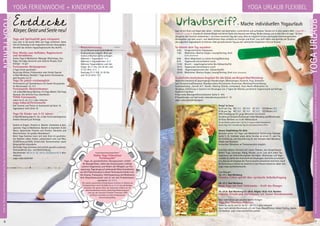 EINLEITUNG
EINLEITUNG
Abkürzungen:MZ=Mehrbett-,EZ=Einzel-,DZ=Doppelzimmer,Z/S/Womo=Zelt,Schlafsaal,Wohnmobil,BM=BadMeinberg,WW=Westerwald,NO=Nordsee,AL=Allgäu
EntdeckeKörper,GeistundSeeleneu!
Yoga und Spiritualität ganz entspannt.
Lass dich in die bunte Welt von Yoga entführen. Atme
tief ein! Schwelge in der magischen Ashram-Atmosphäre.
Genieße das leckere vegan/vegetarische Bio-Buffet.
Eine Woche zum Aufladen, Regenerieren
und Verwöhnen.
Erlebe Yoga & Meditation, Massage-Workshops, Aus-
flüge, Vorträge, Konzerte und indische Rituale. Pure
Energie – to go!
Ferienwoche Aktionspreise:
2 Tage Ferien geschenkt:
Nutze das Winter, Frühsommer oder Herbst Spezial
in Bad Meinberg: Genieße 7 Tage deiner Ferienwoche,
aber bezahle nur 5!
Yoga für jede/n erschwinglich:
Ferienwoche auf Spendenbasis mit Swami Divyananda
im Westerwald: 12.-17.1.
Ferienwoche Aktionsthemen:
z.B. in Bad Meinberg: Mantras, Yin Yoga, Bhakti, Thai Yoga
Nordsee: Die befreite Frau, Atemferien
YOGA Ferienwoche
Jeden So-Fr, ab 259 € alles inklusive
yoga-vidya.de/ferienwoche
Alle Termine und Preise im Seminarteil ab Seite 19.
Tagesablauf siehe Seite 18
Yoga für Kinder von 3-12 Jahren
In Bad Meinberg jeden Fr -So ; in den Ferien durchgehend.
Andere Ashrams auf Anfrage.
Spielen & Singen, Kochen & Backen, Entdecken & Ent-
spannen, Yoga & Meditation, Basteln & Austoben in der
Natur. Spannende Themen wie Piraten, Ganesha und
Naturforscher. Ein großes Abendteuer!
Beim Yoga Seminar kann sich dein Kind im geschütz-
ten Rahmen selbst finden, unbeschwert sein und Mut,
SELBSTbewusstSEIN, Kreativität, Konzentration sowie
Körpergefühl entwickeln.
Die Kinder Yoga Seminare sind zeitlich parallel zu deinem
Seminar/deiner Aus- und Weiterbildung.
Wochenende: MZ 87 €; DZ 104 €; S/Z/Womo 65 € alles
inklusive
yoga-vidya.de/kinder
Kinderbetreuung:
Ist auf Wunsch auch außerhalb der
Kinderseminare möglich. Bitte spä-
testens 2 Wochen vorher anfragen.
Während 1 Yogaeinheit: 15 €
Während 2 Yogaeinheiten: 20 €
Während Yogaeinheiten und Vor-
trägen (8-11 Uhr, 14-18 Uhr und
21-22 Uhr): 25 €
Ganztags (7-11 Uhr, 12-18 Uhr
und 19-22 Uhr): 70 €
Krankenkassenkassengefördert*
Hatha Yoga Prävention
Ferienwoche*
Yoga als ganzheitliches Übungssystem erhöht
die Beweglichkeit, stärkt das Immunsystem, kräftigt
unseren Organismus und fördert die Fähigkeit zur Ent-
spannung. Yoga beugt auf umfassende Weise Krankheiten
vor. Der Präventionskurs in dieser Ferienwoche fördert mit-
tels Asanas, Pranayama, Tiefentspannung und Meditation
dein Körperbewusstsein und ist von den Krankenkassen
anerkannt. Ab 319 €.
*Die meisten gesetzlichen Krankenkassen erstatten im Rahmen der
Primärprävention nach § 20 SGB V bis zu 75,00 € bei vollständiger
Teilnahme. Die genaue Höhe des Zuschusses erfährst du bei
deiner Krankenkasse. Unsere „Hatha Yoga Präventionskurse“
sind von der zentralen Prüfstelle Prävention (ZPP)
zertifiziert und damit von allen Krankenkassen
bezuschussungsfähig.
6
Urlaubsreif?- Mache individuellen Yogaurlaub
Egal ob mit Kind und Kegel oder allein – einfach mal abschalten, runterfahren und auftanken. Tauche ein in eine andere Welt: yogisch –
indisch – einfach. Erlaube dir, deinem Körper und deiner Seele eine Auszeit vom Alltag. Bleibe solange, wie es dein Herz dir sagt – Du bist
das ganze Jahr herzlich willkommen – nur einen einzelnen Tag oder ewig. Alles ist möglich! In einer spirituellen hochenergetischen
Atmosphäre und dem rauch- und alkoholfreien Haus schöpfst du Energie und Kraft. Lass dich fallen und genieße die Struktur
des yogischen Tagesablaufs im Ashram. Oder gestalte deinen Tag aus den zahlreichen Angeboten frei und flexibel.
So könnte dein Tag aussehen:
	 6:00 	 Fortgeschrittenes Pranayama
	 7:00 	 Meditation, Mantra-Singen, Lesung/Vortrag, Arati 		
		 (Licht-Zeremonie)
	 8:05 	 Meist Möglichkeit zu einem Vortrag/Workshop
	 9:15 	 Yogastunde (verschiedene Level)
	 11:00 	 Brunch - vegan/vegetarisches Bio-Vollwertbuffet
	 16:15 	 Yogastunde (verschiedene Level)
	 18:00	 Vegan/vegetarisches Bio- Vollwertbuffet
	 20:00 	 Meditation, Mantra-Singen, Lesung/Vortrag, Arati (Licht-Zeremonie)
Zusätzliches kostenloses Angebot für alle Gäste am Beispiel Bad Meinberg:
Begleitete (meditative) Spaziergänge/ Wanderungen, Mantrasingen, Konzerte, Puja, Schwimm-
bad, Fantasiereise/Klangreise, Mandala malen, Rezitationen, Feuerritual, Workshop Prana Heilung,
Kunstworkshop „Sacred Art“, Nordic Walking (Stöcke vorhanden), Gute-Nacht-Meditation im
Shivalaya, Einführung in Sanskrit mit Devanagari (an 2 Tagen der Woche), persönliche Segensrituale auf Anfrage.
Zusätzlich buchbar:
• Ayurveda Massagen/Konsultationen (siehe S. 181)
• Yogatherapie und Spirituelle Lebensberatung (siehe S. 11)
yoga-vidya.de/individualgast
Preise* in Euro:
So-Fr pro Tag 	 MZ 52 € 	 DZ 69 €	EZ 86 €	S/Z/Womo 38 €
Fr-So pro Tag 	 MZ 59 € 	 DZ 76 €	EZ 93 €	S/Z/Womo 46 €
25% Ermäßigung für junge Menschen bis einschl.
25 Jahre auf Zeltplatz/Schlafsaal in Bad Meinberg und Westerwald,
im Haus Nordsee nur in der Nebensaison
*An der Nordsee gelten vom 1 Juli bis 31 August andere Saisonpreise!
Karma Yoga: Hilf 3 Stunden pro Tag mit und halbiere deinen Preis!
Unsere Empfehlung für dich:
Besuche vorher ein Yoga und Meditation Einführungs Seminar
(siehe S. 5). Und/oder plane deine Anreise an einem Fr. oder So.
für Einführung und Hausführung (in den Ashrams Bad Meinberg,
Allgäu und Nordsee).
Kostenlose Teilnahme an Themenwochen möglich.
Erweitere deinen Horizont mit neuen Themen, wie beispielsweise
Bhakti Yoga, Lachyoga, Klang, Rituale, u.v.m. Lass dich jeden Tag
inspirieren von themenbezogenen Vorträgen, Workshops und Yoga-
stunden. Du zahlst den Aufenthalt als Urlaubsgast. Und teilst uns einfach
mit, dass du am Angebot der Themenwoche teilnehmen möchtest. Auch
als Seminargast kannst du natürlich in den Pausen kostenlos dabei sein.
yoga-vidya.de/themenwoche
Zum Beispiel:
12.-17.1. Bad Meinberg
Chandra Cohen spricht über spirituelle Selbstbefragung
26.-31.7. Bad Meinberg
Nada Yoga mit Ram Vakkalanka - Kraft des Klanges
16.-23.8. Bad Meinberg/23.-28.8. Allgäu/ 30.8.-6.9. Nordsee
Indische Rituale und Rezitationen mit Swami Nivedanananda
Oder wähle eines von unseren bereits fertigen
Yoga Plus Wellness-Paketen:
Jeden So. bis Fr. und So. bis Di. - ab 101 € alles inklusive
Ganz nach deinem Geschmack z.B. mit Yoga, (Aqua)Fitness, Indoor Cycling, Sauna,
Thermalbad. yoga-vidya.de/wellness-pakete
Anmeldeformulars.letzteSeite.Tel.InfoundAnmeldungtägl.8-20Uhr:BM05234/87-0·WW02685/8002-0·NO04426/904161-0·AL08361/92530-0
7
YOGA URLAUB FLEXIBEL
YOGAURLAUB
YOGAFERIEN
YOGA FERIENWOCHE + KINDERYOGA
 