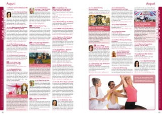 Tagesablauf,Seminarbeginnund–ende:Seite18.AlleSeminaremitMeditation,Mantra-Singen,Yogastunden.SeminarleiterabSeite165.
82 83
Anmeldeformulars.letzteSeite.Tel.InfoundAnmeldungtägl.8-20Uhr:BM05234/87-0·WW02685/8002-0·NO04426/904161-0·AL08361/92530-0BADMEINBERG
BADMEINBERG
AugustAugust
16.-21.8. Chakra Healing
Basisausbildung
PraktischeAnwendungenfürChakra-Klärungund
-Ausgleich mit Theorie zur Chakralehre. SL: Galit
Zairi.MZ483€;DZ568€;EZ654€;S/Z/Womo417€.
NEU 16.-21.8. Die mystische
Bedeutung spiritueller Feiertage -
ein inspirierendes Retreat
Feiertage erinnern uns an die tiefere Bedeutung
des Lebens, ermöglichen den Ausstieg aus dem
Alltag, lassen dich geistig und körperlich ent-
spannen.EininspirierendesRetreatüberyogische
Traditionen und die Philosophie heiliger Feste.
Englisch mit dt. Übersetzung. Grundkenntnisse
in Yoga und Meditation hilfreich.
SL: Swami Saradananda.
MZ 397 €; DZ 481 €; EZ 566 €; S/Z/Womo 331 €.
NEU 16.-21.8. Klang-
Entspannung und -Medita-
tion mit Sitar-Begleitung
Die Klänge der Sitar begleiten dich in
TiefenentspannungundMeditation.So
kannst du Blockaden lösen, Stress abbauen und
deine Kräfte stärken. Mit Infos über die Ragas,
MantrasundMudras.ErlebeeinenindischenMeister
der Sitar und lasse dich von seiner freundlichen,
liebevollenAusstrahlunginspirierenundberühren.
Englischmitdt.Übersetzung.SL:RamVakkalanka.
MZ 386 €; DZ 469 €; EZ 555 €; S/Z/Womo 319 €.
16.-21.8. Kundalini Yoga Meditation
Kursleiter Ausbildung
Herkunft,Arten,WirkungenverschiedenerKunda-
lini Meditationen. Für mehr Energie, Chakra-Öff-
nung und Bewusstseinserweiterung.
SL: Savitri Retat.
MZ 483 €; DZ 568 €; EZ 654 €; S/Z/Womo 417 €.
16.-21.8. Schamanismus,
Naturspiritualität und Yoga
Komme zu intensiven Natur-Erlebnissen. Spüre
Herzens-Öffnung, Heilung, Verbindung mit den
Elementen und den Feinstoffwesen. Du lernst
Wahrnehmungsübungen;Natur-RitualeanKraft-
plätzeninderUmgebung.DiesePraktikenwerden
dir auch künftig Erdung, Heilung und große
Freude durch Natur-Verbindung ermöglichen.
SL: Shambhavi Lube.
MZ 386 €; DZ 469 €; EZ 555 €; S/Z/Womo 319 €.
16.-21.8. Yoga Ferienwoche
Eine Woche zum Aufladen, Regenerieren und
Verwöhnen. Siehe S. 6.
MZ 324 €; DZ 409 €; EZ 496 €; S/Z/Womo 259 €.
16.-21.8. Yoga für Kinder
3-6 / 7-12 Jahre
Kindern macht Yoga besonders viel Spaß!
SL: Vaishnava Keidel, Marcel Scherreiks.
MZ 180 €; DZ 221 €; S/Z/Womo 128 €.
16.-23.8. Prana Heilung Ausbildung
Grundkurs
Du lernst u.a. deine eigenen Energien zu harmo-
nisieren und die verschiedenen Ebenen deines
Wesens zu heilen sowie Prana Heilenergie zu
übertragen. SL: Dr. Nalini Sahay.
MZ 653 €; DZ 770 €; EZ 889 €; S/Z/Womo 560 €.
16.-23.8. Themenwoche:
Indische Rituale und
Rezitationen mit Swami
Nivedanananda
Swami Nivedanananda wird jeden
Tag berührende indische Rituale ausführen und
machtvolle klassische Veda-Mantras rezitieren.
So hast du die Möglichkeit, einen authentischen
indischen Swami und Meister zu erleben. Offen
für alle. Mehr Infos siehe Seite 7. Englisch mit dt.
Übersetzung. SL: Swami Nivedanananda.
17.8. Ayurveda Wellnesstag
Ein Tag, um den Alltag zu vergessen, deine Seele
baumeln zu lassen und dich selbst zu verwöhnen:
Ayurveda Massage-Workshop, Packung mit
ayurvedischenKräutern,ayurvedischesMittages-
senundsanfteYogaStunde.10:00-18:45Uhr.64€.
19.-23.8. Xperience Festival:
5-Tages-Ticket/ Early Bird -
Presale bis 31.5.
Erlebe Musik, Lifestyle, Yoga, Talks, Eco-veg-
an Food, Kochshows, Workshops, einen Fair-
wear-Marktplace und mehr. 5 Tages Ticket Mi-So
all-inclusiveincl.2xamTagvegetarische-veganes
Bio-Buffet, incl. Zeltplatz, incl. aller Konzerte,
Workshops und Yogastunden.
Early Bird bis 31.5.: ab 249 €,
ab 1.6. Normalpreis und Abendkasse: ab 329€;
Tageskarte (Fr/Sa): je 89 €.
SL: Dusty Wenk, Jasmin Iranpour, Kai Treude.
MZ 379 €; DZ 441 €; EZ 506 €; S/Z/Womo 329 €.
19.-23.8. Xperience Jugendliche
Seminar (13-16 Jahre)
Wir werden Yogaübungen und Meditationstech-
niken kennenlernen, singen und quatschen. Du
wirst erlebnisreiche Tage verbringen! Alter: von
13-16Jahren.MZ159€;DZ192€;S/Z/Womo115€.
19.-23.8. Xperience Kids Seminar
3-6 / 7-12 Jahre
Kindern macht Yoga besonders viel Spaß!
MZ 159 €; DZ 192 €; S/Z/Womo 115 €.
21.-23.8.AyurvedaFussmassage
Du lernst eine einfache und wohl-
tuende Ölmassage für die Füße zu
geben. Füße werden im Alltag stark
beansprucht. Durch das Massieren
werden Verspannungen gelöst, Gelenke wieder
beweglicher und die Energiepunkte und -bahnen
angeregt. SL: Sabine Steenbuck.
MZ 178 €; DZ 213 €; EZ 248 €; S/Z/Womo 153 €.
11.8.Mantra-KonzertmitShamanaOM
21:10-22:00 Uhr.
14.-16.8.ArbeitmitdemTensor
DuerlernstdiegrundlegendenTechni-
ken in der Arbeit mit dem Tensor, wie
zumBeispielFragenmit„Ja“und„Nein“
zubeantworten,einengutenRaumfür
die Arbeit mit dem Tensor zu schaffen sowie die
MöglichkeitenundGrenzenderTensorarbeit.Bitte
Tensor mitbringen. Mit Yogastunden, Meditation
und Mantrasingen. SL: Prema Schlossorsch.
MZ 178 €; DZ 213 €; EZ 248 €; S/Z/Womo 153 €.
14.-16.8. Asana Intensiv für Achtsam-
keit, Geduld und Beweglichkeit
Durch intensives Arbeiten an deiner Flexibilität
kannst du Weite entwickeln und über bisherige
Grenzen hinauswachsen. Du wirst erstaunliche
Fortschrittemachen!DurchHaltenderStellungen
werden dir innere Vorgänge bewusster und du
lernst, sie mit Gelassenheit und Gleichmut zu
betrachten. Täglich 4-6 Std. Asanas. Mittelstufe
und Fortgeschrittene. SL: Gauri Daniela Reich.
MZ 145 €; DZ 177 €; EZ 212 €; S/Z/Womo 117 €.
14.-16.8. Die Tiefenwirkungen der
Asanas - Yogalehrer Weiterbildung
Du lernst die tiefere Bedeutung der Yogastel-
lungen und deren subtile Wirkungen besser
kennen, was dir ermöglicht, viel differenzierter
auf Schüler einzugehen.
MZ 178 €; DZ 213 €; EZ 248 €; S/Z/Womo 153 €.
14.-16.8. Harmonium Lernseminar
LerneHarmoniumzuspielen!Wennvorhanden,bit-
teeigenesHarmoniummitbringen.SL:MichaelBier.
MZ 178 €; DZ 213 €; EZ 248 €; S/Z/Womo 153 €.
NEU 14.-16.8. Hatha Yoga
Prävention für Anfänger
Beschreibung siehe S. 5.
MZ 178 €; DZ 213 €; EZ 248 €; S/Z/Womo 153 €.
14.-16.8. Klangmeditation -
Heilende Klänge der Sitar
Vertiefe deine Meditation durch die Einbindung
der Sitar-Klänge. Erlerne Meditationstechniken
mit Mantras und Mudras. Einführung in die
Unterschiede von Sattva, Rajas und Tamas in
der Musik und die Wirkung indischer Rajas auf
Körper, Geist und Seele. Englisch mit dt. Über-
setzung. SL: Ram Vakkalanka.
MZ 178 €; DZ 213 €; EZ 248 €; S/Z/Womo 153 €.
14.-16.8. Lakshmi -
Die Naturgöttin der Fülle
Wo drückt sich mehr Fülle aus als in der Natur?
In der Natur erfährst du die Verbindung zur gro-
ßen Göttin, die seit Menschengedenken verehrt
wird. Die göttliche Inspiration, die Schönheit und
spirituelle Kraft, die von ihr ausgehen, werden in
diesen Tagen in Ritualen erfahrbar. Höhepunkt ist
eine Lakshmi Puja an den Externsteinen.
SL: Satyadevi Bretz.
MZ 178 €; DZ 213 €; EZ 248 €; S/Z/Womo 153 €.
14.-16.8. Naturforscher
unterwegs - Yoga für Kinder
3-5 /  6-9 / 10-12 Jahre
AufspielerischeWeiseerforschenwir
Wald, Wiese und Bach im schönen
Teutoburger Wald. Yoga im Freien macht be-
sonders viel Spaß. Mit Becherlupen erkunden wir
Insekten, lernen die Bäume des Waldes kennen
und erfahren, welche Tiere Holz als Lebensgrund-
lage haben. Aus Gräsern und Blumen legen wir
Naturmandalas. SL: Vaishnava Keidel.
MZ 87 €; DZ 104 €; S/Z/Womo 65 €.
NEU 14.-16.8. Soulfood & Yoga -
Xperience Edition
Liebevoll geführte Tage mit Livemusik Yoga-
stunden, Kochworkshop und viel Spaß. Gelange
mit fließenden Yogastunden in dein Körper-
bewusstsein und genieße mit ökologischen Le-
bensmitteln im Kochworkshop. Bekomme durch
die Sinneserfahrungen ein Gefühl, wieviel Kraft
und Freude in dir steckt und wie du sie im Alltag
nutzen kannst. SL: Jasmin Iranpour, Kai Treude.
MZ 178 €; DZ 213 €; EZ 248 €; S/Z/Womo 153 €.
NEU 14.-16.8. Thai Yoga Bodywork -
Yogalehrer Weiterbildung
LerneElementeausderThaiYogaMassagekennen,
die Asanas entsprechen - als wertvolle Unter-
stützung für Hilfestellungen und Korrekturen.
SL: Gundi Nowak.
MZ 178 €; DZ 213 €; EZ 248 €; S/Z/Womo 153 €.
NEU 14.-16.8. Wildnispädagogik -
Eintauchen in den Zauber der Natur
Erschließe dir den Lebensraum Wald. Lerne den
praktischen Umgang mit Feuer und Wasser.
Erfahre, wie du Schutz bzw. Rückzugsmöglich-
keiten und Nahrung findest. Mit Yoga im Freien,
Wahrnehmungsübungen und Sinnesschulung.
Bitte Kleidung entsprechend der Witterung. Ab
16 Jahren. SL: Jürgen Wade.
MZ 178 €; DZ 213 €; EZ 248 €; S/Z/Womo 153 €.
14.-16.8. Yoga für die Knie
DasKniegelenkiststarkenBelastungen
ausgesetzt, z.B. bei alltäglichen Bewe-
gungen,imSportusw.Umsowichtiger,
Fehlhaltungen zu vermeiden – auch im
Yoga,wonatürlichdasKnieauchhäufiggebeugtwird.
Du lernst, worauf du achten musst und die richtige
Technik für dich zu finden. Die Knie stehen auch für
dieIch-Identifizierung,Demut,AngstvorVeränderung,
Sicherheitsbedürfnis.MitvielenTipps,Übungenund
Hintergrundwissen. SL: Premajyoti Schumann.
MZ 178 €; DZ 213 €; EZ 248 €; S/Z/Womo 153 €.
NEU 14.-16.8. Yoga und Bhakti
Wochenende
Tauche tief in die Welt des Bhakti und der Me-
ditation ein. Lausche Bhakti Geschichten, singe
Mantras,meditiereunderlebeKlangyogastunden.
Duwirstangeleitet,deinenZugangunddieBezie-
hung zum Göttlichen zu stärken und zu vertiefen.
SL: Sabine Steenbuck.
MZ 178 €; DZ 213 €; EZ 248 €; S/Z/Womo 153 €.
NEU 14.-16./18.8. Yoga und
Meditation Einführung / Spezial:
4 Tage zum Preis von 3 Tagen
Erfahre Yoga und Meditation in allen Aspekten.
Siehe S. 5.
14.-16.8.: MZ 136 €; DZ 168 €; EZ 204 €; S/Z/
Womo 108 €.
Spezial: 14.-18.8.: MZ 188 €; DZ 237 €; EZ 290 €;
S/Z/Womo 146 €.
14.-21.8.Shiatsu Massage Ausbildung
Lerne 4 grundlegende Shiatsu-Ganzkörperbe-
handlungen. SL: Ismail Wasawari.
MZ 652 €; DZ 770 €; EZ 890 €; S/Z/Womo 560 €.
14.-21.8.YoBEKA-Trainer/in Ausbildung
DulernstdaspraxisorientierteYoBEKA-Bildungskon-
zeptkennenundzuunterrichten,dasinvielenSchu-
lenundKitasangewandtwird.SL:IlonaHolterdorf.
MZ 653 €; DZ 770 €; EZ 889 €; S/Z/Womo 560 €.
14.-23.8. Yogalehrer Weiterbildung
Intensiv A5 / F5 - Atma Bodha -
die Erkenntnis des Selbst
Jnana Yoga, Vedanta und der spirituelle Weg
anhand des „Atma Bodha“ (Die Erkenntnis des
Selbst) von Shankaracharya. SL: Kay Hadamietz,
Maheshwara Mario Illgen.
MZ 714 €; DZ 865 €; EZ 1020 €; S/Z/Womo 594 €.
16.-19.8. Barfußlaufen - Natürlich
gesunde Füße entwickeln
Du wirst das Barfußlaufen in Theorie und Praxis
neu kennenlernen. Du erlernst die Grundlagen
des natürlichen Gehens und erhältst einen ersten
EinblickindienatürlicheLauftechnikbeimJoggen.
Mit vielen Tipps und Übungen für deinen Alltag
und Unterricht! Als Weiterbildung für Yogalehrer
geeignet. SL: Balarama Daniel de Lorenzo.
MZ 231 €; DZ 280 €; EZ 333 €; S/Z/Womo 192 €.
16.-19.8. Die Kunst des Alleinseins
Alleinsein bedeutet All-eins-sein. Das Seminar
lehrt dich, autark und selbstbewusst dein Leben
zugestalten,unabhängigdavon,obduSinglebist
oder in einer Beziehung lebst. Du lernst, mit dir
selbereineninteressantenundkreativenUmgang
zu pflegen und dich würdig und liebenswert zu
fühlen, die Zeiten ohne Gemeinschaft als eine
wichtige Kraftquelle und heil- und segenbrin-
gendenProzesswahrzunehmen.SL:MonaHenss.
MZ 231 €; DZ 280 €; EZ 333 €; S/Z/Womo 192 €.
16.-19.8.Liebe deinen Körper und dich!
Du findest dich nicht beweglich genug, zu dick,
zu hässlich? Essstörungen nehmen zu und viele
erleben sogar an sich Gesundes als zwanghaft.
Erfahre, wie du aus dem Kreislauf von Selbstver-
urteilung,SchamundMinderwertigkeitaussteigen
und dein Leben bewusst und liebevoll gestalten
kannst. Themen u.a.: Selbstverurteilungen und
belastendeMustererkennen;AnnahmeundLiebe
deines Körpers; Frau-Sein und Weiblichkeit; Ver-
hältnis zu Sexualität. SL: Tara Devi Ziener.
MZ 231 €; DZ 280 €; EZ 333 €; S/Z/Womo 192 €.
16.-19.8. Meditation Now!
Erlerne Techniken, die dich ins Hier und
Jetzt holen und dich in die Meditation
führen. Mit stetigem Austausch über
die gemachten Erfahrungen und der
Betrachtung, wie du mit möglichen Hindernissen
inderMeditationumgehenkannst.SL:MariaCantu.
MZ 231 €; DZ 280 €; EZ 333 €; S/Z/Womo 192 €.
Alle Aus- und  Weiterbildungen findest
du ausführlich beschrieben im Aus- und
Weiterbildungskatalog2020(bitteanfor-
dern)oderunteryoga-vidya.de/ausbildung
 