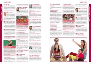 Tagesablauf,Seminarbeginnund–ende:Seite18.AlleSeminaremitMeditation,Mantra-Singen,Yogastunden.SeminarleiterabSeite165.
88 89
Anmeldeformulars.letzteSeite.Tel.InfoundAnmeldungtägl.8-20Uhr:BM05234/87-0·WW02685/8002-0·NO04426/904161-0·AL08361/92530-0BADMEINBERG
BADMEINBERG
SeptemberSeptember
6.9.-4.10. Yogalehrer Ausbildung
Intensivkurs
Intensives Training in allen Aspekten des Yoga in
Theorie und Praxis.
SL: Shankara Girgsdies, Chitra Kaspar, Christian
Bliedtner.
MZ2421€;DZ2889€;EZ3373€;S/Z/Womo2051€.
8.9. Om Namo Bhagavate
Sivanandaya-Singen
12StundenSingendesMantrasOmNamoBhaga-
vate Sivanandaya. Swami Sivanandas Gegenwart
– und damit die aller Meister/innen – wird stark
erfahrbar.IhrwechselteuchnachmehrerenStun-
den beim Singen ab. Beginn 8:00 Uhr, Ende 20:00
Uhr. VorkenntnisseinYogaundMeditationnötig.
8.9. Sivanandas Geburtstag
Lasse dich inspirieren vom Leben eines großen
Meisters.12:00-20:00UhrSingenvon„OmNamo
Bhagavate Sivanandaya“, 19:00 Uhr Video über
Swami Sivananda. 20:00 Uhr Große Puja und
Geschichten aus seinem Leben. Alles kostenlos.
Spende willkommen. SL: Sukadev Bretz.
11.-13.9. 3-Jahres-Yogalehrer -
Ausbildung Beginn
Einführungsveranstaltung,
SL: Mohini Christine Wiume.
MZ 140 €; DZ 164 €; EZ 192 €; S/Z/Womo 118 €.
11.-13.9. Asana Intensiv -
Die 84 Hauptasanas
Erweitere deine Yogapraxis um die Übungsreihe
der 84 Hauptasanas. Diese werden in den alten
Überlieferungen als besonders wirksam für den
Menschen empfohlen. Es heißt, es gibt insgesamt
8,4 Mio. Yogastellungen! Du lernst und übst die
wichtigsten 84 davon! Mittelstufe und Fortge-
schrittene. SL: Gauri Daniela Reich.
MZ 145 €; DZ 177 €; EZ 212 €; S/Z/Womo 117 €.
11.-13.9. Asana Intensiv für
Ausgeglichenheit, innere Stabilität
und Vertrauen
Durch intensives Arbeiten an Gleichgewicht und
Koordination kannst du den Zugang zu deiner
innerenMittefinden.DuentwickelstVertrauenund
StabilitätfürdeineYoga-undMeditationspraxisund
den Alltag. Techniken und Tricks zur Erhöhung von
Koordination und Kraft. Täglich 4-6 Stunden Asa-
nas,ergänztdurchMeditationundMantra-Singen.
MittelstufeundFortgeschrittene.SL:AnantaDuda.
MZ 145 €; DZ 177 €; EZ 212 €; S/Z/Womo 117 €.
NEU11.-13./15.9.Ayurveda Einführung/
Spezial: 4 Tage zum Preis von 3 Tagen
Lerne die „Wissenschaft vom Leben“ – den Ayur-
veda - kennen. Du bekommst einen Überblick
über die Bioenergien und wie sie sich in Psyche
und Körper zeigen. Du lernst die therapeuti-
schen Möglichkeiten und die ayurvedische Er-
nährungslehre kennen. Mit Massageworkshop
und Tipps für zu Hause. SL: Nanda Schetelich.
11.-13.9.:MZ178€;DZ213€;EZ248€;S/Z/Womo153€.
Spezial:11.-15.9.: MZ 230 €; DZ 282 €; EZ 334 €; S/Z/
Womo 191 €.
11.-13.9. Bogenschießen als Weg zu
mehr Gelassenheit
EsistgeradedasEinfache,wasdasBogenschießen
so besonders macht. Der sich wiederholende
Prozess des Spannungsaufbaus, des intuitiven
Loslassens und der Gedankenstille kann auch im
Alltagsleben dazu beitragen Anspannung und
Stress zu verstehen und umzuwandeln, Konzen-
tration und Achtsamkeit zu schulen.
SL: Klemens Schmelter.
MZ 178 €; DZ 213 €; EZ 248 €; S/Z/Womo 153 €.
NEU 11.-13.9.Der Yoga Code
Hatha Yoga funktioniert. Alle bio-
mechanischen Ursachen von Be-
findlichkeitsstörungen am Bewe-
gungsapparat lassen sich mit dem
Yoga Code entschlüsseln und mit Hatha Yoga
Positionen positiv beeinflussen. Interessant für
PraktizierendemitvielTransferzumAlltagundfür
Unterrichtende.MittelstufeundFortgeschrittene.
SL: Maha Devi Deemter.
MZ 178 €; DZ 213 €; EZ 248 €; S/Z/Womo 153 €.
NEU11.-13.9.Die7Bewusstseinsebenen
Ausgehend von der Inka-Tradition und den 7
Bhumikas der Yoga Vasishtha erhältst du einen
Überblick über die Stadien der menschlichen
Entwicklung. In der Bibel, bei Theresa von Avila
oder Bewusstseinsforschern wie Jung findet
sich ähnliches. Aus der Inka Tradition lernst du
Übungen für einzelne Stufen. SL: Jürgen König.
MZ 178 €; DZ 213 €; EZ 248 €; S/Z/Womo 153 €.
NEU 11.-13.9. Die vedischen
­Prophezeiungen
In vielen alten Hochkulturen wurden Vorher-
sagen über die moderne Zeit gemacht. Auch in
den vedischen Schriften findet man interessante
Informationen über die heutige Zeit und das, was
unsnochbevorsteht.WirwerdendieseVorhersagen
besprechen und analysieren. SL: Sadbhuja Dasa.
MZ 178 €; DZ 213 €; EZ 248 €; S/Z/Womo 153 €.
NEU 11.-13.9. Hatha Yoga
Prävention für Anfänger
Beschreibung siehe S. 5.
MZ 178 €; DZ 213 €; EZ 248 €; S/Z/Womo 153 €.
4.-6.9. Räkel Yoga
Räkle dich frei – so löst Räkel Yoga Blockaden! Du
nutzt den natürlichen Räkel Reflex und befreist
deinen Körper mit kreativ-natürlichen Bewe-
gungen von Verspannungen und Blockaden. Die
Übungen von Kopf bis Fuß vertiefen das Räkeln
und machen dir seine lösende und befreiende
Funktion bewusst. SL: Erkan Batmaz.
MZ 178 €; DZ 213 €; EZ 248 €; S/Z/Womo 153 €.
NEU 4.-6.9. Selbstliebe
stärken
Selbstliebe ist zutiefst heilsam. Leider
ist sie oft durch vergangene Ereig-
nisse in uns blockiert. Mit Hilfe von
Meditationen aus dem Buddhismus, Übungen
aus der Körperpsychotherapie und der Unter-
stützung der Engel wirst du eingeladen, deinen
inneren Quell der Selbstliebe wieder fließen zu
lassen. SL: Caroline de Jong.
MZ 178 €; DZ 213 €; EZ 248 €; S/Z/Womo 153 €
NEU 4.-6.9. Therapeutisches Fliegen
Erfahre Leichtigkeit und Erdung – Fliegen mit
dem Körper. Lerne den achtsamen Einstieg in die
GrundpositionendestherapeutischenFliegens.In
Meditation und mit Partnerübungen erforschst
du die Elemente der Luft und Erde. Mit Übungen
ausderintuitivenKörperarbeit,demPartnerYoga
und therapeutischem Fliegen. SL: Tina Weikard.
MZ 178 €; DZ 213 €; EZ 248 €; S/Z/Womo 153 €
NEU4.-6.9.Vegane Pizza, Pasta und Co
Du lernst von einer echten Italienerin die Spe-
zialitäten ihrer Küche auf gesunde und vegane
Art zuzubereiten. Neben Pizza und Lasagne, das
Wunder der schnellen, perfekten und einfachen
Zubereitung (max. 10 min) von Pasta Gerichten.
SL: Vilasini Valentina Greco.
MZ 178 €; DZ 213 €; EZ 248 €; S/Z/Womo 153 €
4.-6.9.Yoga und Meditation Einführung
Erfahre Yoga und Meditation in allen Aspekten.
Siehe S. 5. SL: Wolfgang Seemann.
MZ 136 €; DZ 168 €; EZ 204 €; S/Z/Womo 108 €.
4.-6.9. Yoga und Sexualität -
Für ein erfülltes Leben
EnergetischeundspirituelleAspektevonSexuali-
tät. Du bekommst eine Idee, wie du die Urkraft
in großer Bewusstheit von der Wurzel bis in jede
Zelle deines Körpers lenken kannst. Erster Einblick
in die Techniken aus dem tantrischen Kriya Yoga
und dem Tantra Yoga aus Tibet. Lerne, wie du sie
in deine Yogapraxis und in Beziehung integrieren
kannst. Grundkenntnisse in Yoga und Meditation
hilfreich. SL: Corinna Grote.
MZ 178 €; DZ 213 €; EZ 248 €; S/Z/Womo 153 €.
4.-6.9. Yogatherapie für eine
gesunde Schilddrüse
Die Schilddrüse erfüllt viele Aufgaben im Körper.
Ihre Hormone beeinflussen Stoffwechsel, Kreis-
lauf, Wachstum und Psyche. Millionen Deutsche
leiden an Krankheiten der Schilddrüse und ihren
Folgen. Erfahre, wann du gefährdet bist, wie
sichSymptomeäußernunddueinerSchilddrüsen-
erkrankungvorbeugenkannst.SL:BeateMenkarski.
MZ 178 €; DZ 213 €; EZ 248 €; S/Z/Womo 153 €.
NEU 4.-8.9. Spirit Woman -
Was verkörpere ich?
Werde die Frau, die du sein möchtest!
Durch Methoden der integrativen
Yogatherapie und Biografie Arbeit
sowie dem Beschäftigen mit deinen inner Voices
näherst du dich dir selbst. Schamanische Rituale,
Berührung,TrommelundTanzerleichterndirdabei
denZugang,damitdudichwieneugeborenfühlst.
SL: Lara-M. Vucemilovic.
MZ 334 €; DZ 401 €; EZ 469 €; S/Z/Womo 280 €
4.-13.9. Yogalehrer Weiterbildung
Intensiv F4 - Viveka Chudamani
und Asanas Intensiv
Jnana Yoga, Vedanta und der spirituelle Weg an-
handdes„VivekaChudamani“vonShankaracharya
sowie Asanas intensiv und exakt mit Narayani.
SL: Sukadev Bretz, Narayani, Vani Devi Beldzik.
MZ 714 €; DZ 865 €; EZ 1020 €; S/Z/Womo 594 €.
5.9. Kirtan mit Gauri & Friends
18:45-19:45 Uhr.
6.-11.9. Atemferienwoche
EineWochezumAufladen,RegenerierenundVer-
wöhnen. Finde mit Yoga, Meditation, Workshops
und Ausflügen zu deiner inneren Ruhe und lerne
durchintensiveAtemtechnikendiefrischeLuftauf
besondere Weise schätzen. SL: Ingrid Seemann.
MZ 324 €; DZ 409 €; EZ 496 €; S/Z/Womo 259 €
6.-11.9. Ayurveda Ernährungsberater
Ausbildung
Als Ayurveda Ernährungsberater/in kannst du
individuelle Ernährungspläne erstellen, Ernäh-
rungsberatung, Konsultationen, Workshops und
Kochkurse anbieten. SL: Janavallabha Das Wloka.
MZ 483 €; DZ 568 €; EZ 654 €; S/Z/Womo 417 €.
NEU 6.-11.9. Ayurveda Kopfmassage
Ausbildung
ErlernewirkungsvolleMassagetechnikenfürKopf
und Gesicht, sowie den Stirnguss, Shirodhara.
SL: Sabine Steenbuck.
MZ 483 €; DZ 568 €; EZ 654 €; S/Z/Womo 417 €.
6.-11.9.Filzen und Yoga für Kinder von
3-6 / 7-12 Jahren
SL: Marcel Scherreiks.
MZ 180 €; DZ 221 €; S/Z/Womo 128 €.
NEU 6.-11.9. Flow Training -
Fluss des Lebens
Du willst den Fluss des Lebens spüren? Löse Blo-
ckaden, um wieder im Flow zu sein. Mit Techniken
aus Yoga und Ayurveda, um Widerstände zu
überwinden, typgerechten Yoga Übungen, Tipps
und Tricks aus dem Ayurveda sowie visuellen
Meditationen. Stärke deine Zuversicht und erlebe
Leichtigkeit. SL: Nathalie Dahler.
MZ 386 €; DZ 469 €; EZ 555 €; S/Z/Womo 319 €
6.-11.9. Meditation der
Liebenden Güte Kursleiter
Ausbildung
LerneMetta/Maitri–Bhavanadie„Me-
ditation der liebenden Güte“ und der
4 Brahmavihara anzuleiten und zu begleiten.
Aufbau von themenbezogenen Meditations-
kursen, Workshops, Retreats und Yogastunden.
SL: Adinath Zöller.
MZ 483 €; DZ 568 €; EZ 654 €; S/Z/Womo 417 €.
NEU 6.-11.9. Schamanische
Intuition Ausbildung
Erfahre den Umgang mit der Kundalini und den
Chakrasundlerne,andereintuitivzuführensowie
schamanische Reisen anzuleiten.
SL: Satyadevi Bretz.
MZ 483 €; DZ 568 €; EZ 654 €; S/Z/Womo 417 €.
6.-11.9. Themenwoche: Gebet - Innere
Freiheit mit Swami Nityabodhananda
Erfahre, wie Gebete dir innere Freiheit schenken
können.SwamiNityabodhanandateiltseinWissen
über die spirituellen Wahrheiten als langjähriger
Schüler von Swami Dayananda mit dir. Offen
für alle. Mehr Infos s. Seite 7. Englisch mit dt.
Übersetzung.
6.-11.9.Weiterbildung für Yin
Yogalehrer
Erweitere deine Yin Yoga Kenntnisse
mit Fokus auf den San-Jiao Bereich,
den Drei-Fach-Erwärmer und korre-
spondierende Organe. Erlerne und erspüre das
Meridian System und Akupressur Punkte. Eigne
dir TCM-orientierte Techniken an.
SL: Christian Bliedtner.
MZ 386 €; DZ 469 €; EZ 555 €; S/Z/Womo 319 €.
6.-11.9. Yoga bei Bluthochdruck
In diesem spannenden Seminar erfährst du die
Ursachen von Bluthochdruck aus yogischer Sicht
und bekommst effektive Yoga Techniken an die
Hand, um, ergänzend zu anderen Maßnahmen,
deinenBlutdruckbesserindenGriffzubekommen.
SL: Saradevi Heyer.
MZ 386 €; DZ 469 €; EZ 555 €; S/Z/Womo 319 €.
6.-11.9. Yoga Ferienwoche
Eine Woche zum Aufladen, Regenerieren und
Verwöhnen. Siehe S. 6. SL: Wolfgang Seemann.
MZ 324 €; DZ 409 €; EZ 496 €; S/Z/Womo 259 €.
6.-11.9.Yoga zum halben Preis
Hier kannst du dein Budget schonen
und Yoga kennen lernen und prak-
tizieren - täglich 1-2 Yogastunden,
Meditation, Mantra-Singen, Vortrag,
gesundes biologisch-vegetarisches Essen. Du
praktizierst 3 Std. täglich einen wichtigen Aspekt
des Yoga, nämlich Karma Yoga – den Yoga des
ehrenamtlichen Mithelfens (3 Std. Mithilfe bei
Arbeiten im Haus). SL: Karina Penner.
MZ 162 €; DZ 204 €; EZ 247 €; S/Z/Womo 130 €.
6.-18.9. Yoga Grundbaustein der
Yogatherapie Ausbildung für
medizinische Berufe
Wenn du einen medizinischen Grundberuf hast
und Yogatherapie anwenden willst, kannst du dir
in mehreren Bausteinen die nötigen Kenntnisse
dafür erwerben.
MZ 1074 €; DZ 1273 €; EZ 1481 €; S/Z/Womo 915 €.
 