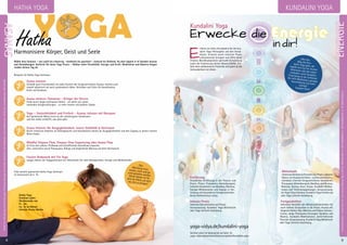 EINLEITUNG
EINLEITUNG
Y GAHarmonisiere Körper, Geist und Seele
Wähle dein Seminar – von sanft bis schwierig - meditativ bis sportlich –  statisch bis fließend. Du übst täglich 4–6 Stunden Asanas
und Atemübungen. Auftrieb für deine Yoga Praxis - fühlbar mehr Flexibilität, Energie und Kraft. Meditation und Mantra-Singen
runden deinen Tag ab.
Beispiele für Hatha-Yoga Seminare:
Asana intensiv
Schließe gute Freundschaft mit jeder Facette der fortgeschrittenen Asanas. Kommt euch
sowohl spielerisch als auch systematisch näher. Techniken und Tricks für Koordination,
Kraft und Ausdauer.
Asana intensiv: Hanuman - Krieger der Herzen
Finde durch langes achtsames Halten - vor allem von vielen
stehenden Kriegerstellungen - zu mehr innerer und äußerer Stärke.
Yoga – Unsterblichkeit und Freiheit - Asanas intensiv mit Narayani
Auf spielerische Weise lernst du die schwierigsten Variationen
und bist selbst verblüfft, was alles geht.
Asana Intensiv für Ausgeglichenheit, innere Stabilität & Vertrauen
Durch intensives Arbeiten an Gleichgewicht und Koordination kannst du Ausgeglichenheit und den Zugang zu deiner inneren
Mitte finden.
Mindful Vinyasa Flow, Vinyasa Flow Sequencing oder Asana Flow
Im Fluss des Lebens: Fließende und herzöffnende Asanaflows erwarten
dich, unterstützt durch Pranayama, Klänge und begleitende Mantras auf dem Harmonium.
Faszien Bodywork mit Yin Yoga
Langes Halten von Yogapositionen mit Hilfsmitteln für mehr Beweglichkeit, Energie und Wohlbefinden
Viele weitere spannende Hatha-Yoga-Seminare
im Seminarteil ab S. 19.
Hatha Yoga
Seminare jedes
Wochenende von
Fr. –So.
Ca. 1x im Monat
Intensiv Asana Woche
Abkürzungen:MZ=Mehrbett-,EZ=Einzel-,DZ=Doppelzimmer,Z/S/Womo=Zelt,Schlafsaal,Wohnmobil,BM=BadMeinberg,WW=Westerwald,NO=Nordsee,AL=Allgäu
Hatha
„Das
Werkzeug musssauber, stark und ge-sund gehalten werden.Dieser Körper ist fürdich ein Pferd, um dichans Ziel zu bringen.“Swami Sivananda
Anmeldeformulars.letzteSeite.Tel.InfoundAnmeldungtägl.8-20Uhr:BM05234/87-0·WW02685/8002-0·NO04426/904161-0·AL08361/92530-0
Kundalini Yoga
Erwecke die Energie
in dir!
yoga-vidya.de/kundalini-yoga
Termine siehe im Seminarteil ab Seite 19.
yoga-vidya.de/seminare/interessengebiet/kundalini-yoga
Einführung
Gründliche Einführung in die Theorie und
Praxis. Praxis: Pranayama (Atemübungen),
einfache Variationen von Bandhas, Mantras,
Energie-Meditationen und Asanas in Ver-
bindung mit besonderen Energietechniken.
Keine Vorkenntnisse nötig.
Intensiv Praxis
Intensive Konzentration auf Praxis.
Voraussetzung: Kundalini Yoga Mittelstufe
oder Yoga LehrerIn Ausbildung.
Mittelstufe
IntensivesSeminarzurErweiterung.Praxis:Längeres
Halten von Asanas mit Atem- und Konzentrations-
techniken, Erlernen fortgeschrittener Variationen,
Pranayama (Atemübungen), Bandhas und Mudras,
Mantras, Yantras, Arati, Kriyas, Kundalini Medita-
tionen und Tiefenentspannungen. Voraussetzung:
ein Yoga Vidya Seminar, Kundalini Yoga Einführung
oder Yoga LehrerIn Ausbildung.
Fortgeschritten
Intensives Vertiefen der Mittelstufentechniken für
noch tieferes Eintauchen in die Praxis: Asanas mit
längerem Halten, Bija-Mantras und Chakra-Konzen-
tration, lange Pranayama-Sitzungen, Bandhas und
Mudras, Kundalini Meditationen, weiterführende
Theorien. Voraussetzung: Kundalini Yoga Mittelstufe
oder Yoga LehrerIn Ausbildung.
„Wer den
Weg des Kun-dalini Yoga geht, derbegibt sich auf ein inneresAbenteuer, das das Lebenverändern wird. KundaliniErweckung ist der Schlüsselfür tiefe Meditation, geistigeAusstrahlung und mehrEnergie.“
Sukadev Bretz
9
E
rfahre ein tiefes Verständnis für die Kun-
dalini Yoga Philosophie und den Astral-
körper. Erwecke durch intensive Praxis
schlummernde Energien und öffne deine
Chakras. Beschleunigedeine spirituelle Entwicklung
sowie die Erweiterung deines BewusstSEINs. Ent-
falte dein vollkommenes Potential und spüre du die
Verbundenheit mit Allem.
8
ENERGIE
ASANAS
KUNDALINI YOGAHATHA YOGA
 