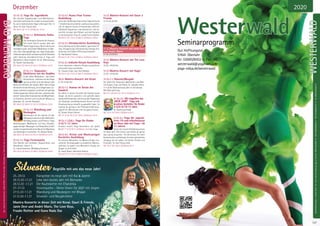 Dezember
27.-31.12. Yoga für Jugendliche
Wir werden Yogaübungen und Meditations-
techniken kennenlernen, singen und quatschen.
Du wirst erlebnisreiche Tage verbringen! Ab: 13
Jahre. SL: Kati Tripura Voß.
MZ 145 €; DZ 177 €; S/Z/Womo 103 €.
27.12.-1.1. Geheimnis Hatha
Yoga
Die verborgene Sprache der Asanas.
Tritt einen Schritt zurück, über den
Hatha Yoga hinaus. Nimm die innere
Intelligenz wahr und erfahre Meditation im Rah-
men einer Übungsabfolge von Yoga Stellungen.
ErlebediewahreKraftunddasmystischePotential
jeder Stellung. Grundkenntnisse in Yoga und
Meditation nötig. Englisch mit dt. Übersetzung.
SL: Swami Sukhananda.
MZ 386 €; DZ 469 €; EZ 555 €; S/Z/Womo 319 €.
27.12.-1.1. Vipassana-
Meditieren wie der Buddha
In der stillen Meditation – den Atem
betrachtend–erkennenwirdieDinge
wie sie wirklich sind: den Körper, den
Geist, die Gefühle, die äußere Welt. Das einzige
Hilfsmittel ist die Atmung, sie ist Gegenwart. Zu-
lassen,erkennen,loslassen,sokönnenwirgeistige
Freiheitgewinnen.DiesesSeminar„zwischenden
Jahren”bietetallenInteressiertendieMöglichkeit,
zu Klarsicht, Einsicht und intuitivem Wissen zu
gelangen. SL: Jochen Kowalski.
MZ 386 €; DZ 469 €; EZ 555 €; S/Z/Womo 319 €.
27.12.-1.1. Wandlung und
Neubeginn
Gemeinsam mit dir möchte ich den
ÜbergangindasneueJahrzelebrieren.
Mit Bewusstsein und Präsenz, Yoga,
Atemübungen, Meditation, mit Tanz, Ritualen,
gegenseitigen Massagen und Gesprächsrunden
werdenwirgemeinsameinenRaumfürWandlung
und Neubeginn erschaffen. SL: Bhajan Noam.
MZ 386 €; DZ 469 €; EZ 555 €; S/Z/Womo 319 €.
27.12.-1.1. Yoga Ferienwoche
Eine Woche zum Aufladen, Regenerieren und
Verwöhnen. Siehe S. 6.
SL: Ingrid Seemann, Wolfgang Seemann.
MZ 324 €; DZ 409 €; EZ 496 €; S/Z/Womo 259 €.
27.12.-3.1. Asana Flow Trainer
Ausbildung
Lerne den fließenden Asana Flow Yogastil (Level
1-3) selbst durchzuführen und Kurse anzuleiten,
z.B. im eigenen Center, Fitnessstudio, VHS etc.
Fließende Sequenzen, mal dynamisch, mal be-
sinnlich, bringen den Körper und die Energien
in harmonischen Fluss.SL: Lalita Furrer-Hübner.
MZ 653 €; DZ 770 €; EZ 889 €; S/Z/Womo 560 €.
27.12.-3.1. Atemkursleiter Ausbildung
Lerne Atemkurse für Gesundheit, sportliche Fit-
ness, Entspannung, Stimmtraining, Energie-Ent-
wicklung und Chakra-Öffnung anzuleiten.
SL: Ramashakti Sikora.
MZ 653 €; DZ 770 €; EZ 889 €; S/Z/Womo 560 €.
27.12.-3.1.Indische Rituale Ausbildung
Lerne klassische indische Rituale auszuführen
und andere dazu anzuleiten.
SL: Sitaram Kube, Vani Devi Beldzik.
MZ 653 €; DZ 770 €; EZ 889 €; S/Z/Womo 560 €.
29.12. Mantra-Konzert mit Keval
21.10-22.00 Uhr.
30.12.-1.1. Asanas im Geiste des
Sanskrit
Du hältst in diesen Stunden die Asanas etwas
länger als (evtl.) gewohnt und genießt dabei
Sanskritaffirmationen,dieichausdenYogasutras
von Patanjali und Vedantischen Texten von Adi
Shankaracharya bewußt ausgewählt habe. So
tauchst du geistig in die Philosohie (Kernaus-
sagen) ein. Mittelstufe und Fortgeschrittene.
SL: Atman Shanti Hoche.
MZ 131 €; DZ 163 €; EZ 198 €; S/Z/Womo 104 €.
30.12.-1.1./3./6.1. Yoga für Kinder
3-6/7-12 Jahre
Kindern macht Yoga besonders viel Spaß!
Ab MZ 71 €; DZ 90 €; S/Z/Womo 50 € für 2 Tage.
30.12.-6.1. Kirtan und Mantrasingen
Kursleiter-Ausbildung
Du erlernst Menschen ins Mantra-Singen ein-
zuführen, Kirtangruppen zu etablieren, Mantra-
seminare zu geben und Menschen Freude am
Singen zu vermitteln.
SL: Hagit Noam, Narendra Hübner.
MZ 653 €; DZ 770 €; EZ 889 €; S/Z/Womo 560 €.
31.12. Mantra-Konzert mit Gauri &
Friends
21:15-22:30Uhr.
31.12. Mantra-Konzert mit Janin Devi
und André Maris
21:30-23:00Uhr.
31.12. Mantra-Konzert mit The Love
Keys
22:30 -24:00Uhr.
31.12. Mantra-Konzert mit Hagit
22:30 -23:50Uhr.
31.12.-1.1. Silvester/Neujahr
Ab 18:00 Uhr Festessen, Meditation und Man-
tra-Singen, Puja und Homa. SL: Sukadev Bretz.
37 € ohne Übernachtung oder im Schlafsaal.
Mit Übernachtung:
MZ 73 €; DZ 90 €; EZ 107 €; S/Z/Womo 37 €.
31.12.-3.1. Wir begrüßen das
„NEUE JAHR“ Yoga und
kreatives Gestalten für Kinder
3-5/6-9/10-12 Jahre
SL: Vaishnava Keidel.
MZ 122 €; DZ 148 €; S/Z/Womo 93 €.
31.12.-3.1. Yoga für Jugend-
liche: Fit und selbstbewusst
ins Neue Jahr mit Yoga - ab
13 Jahren
Starte mit neuem Selbstbewusstsein
ins Neue Jahr. Hier lernst und erlebst du genau
das, was du brauchst - für die Schule, für mehr
KonzentrationundEnergie,füreinengeschickten
Umgang mit dir selbst, mit deiner Familie und
Freunden. SL: Kati Tripura Voß.
MZ 122 €; DZ 148 €; S/Z/Womo 93 €.
Tagesablauf,Seminarbeginnund–ende:Seite18.AlleSeminaremitMeditation,Mantra-Singen,Yogastunden.SeminarleiterabSeite165.
116
BADMEINBERG
Silvester Begrüße mit uns das neue Jahr!
25.-29.12. Klangreise ins neue Jahr mit Kai & Jasmin
26.12.20-1.1.21 Lebe dein bestes Jahr mit Bernardo
26.12.20 -1.1.21 Die Rauhnächte mit Chandrika
27.-31.12. Visionssuche – Deine Vision für 2021 mit Jürgen
27.12.20-1.1.21 Wandlung und Neubeginn mit Bhajan
31.12.20-1.1.21 Silvester- und Neujahrsfeier
Mantra Konzerte in dieser Zeit mit Keval, Gauri & Friends,
Janin Devi und André Maris, The Love Keys,
Frauke Richter und Guna Nada Das
WesterwaldSeminarprogramm
Gut Hoffnungstal
57641 Oberlahr
Tel. 02685/8002-0, Fax -20
westerwald@yoga-vidya.de
yoga-vidya.de/westerwald
YOGA VIDYA
Anmeldeformulars.letzteSeite.Tel.InfoundAnmeldungtägl.8-20Uhr:BM05234/87-0·WW02685/8002-0·NO04426/904161-0·AL08361/92530-0
117
2020
WESTERWALDWESTERWALD
 