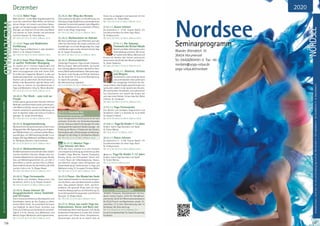 Tagesablauf,Seminarbeginnund–ende:Seite18.AlleSeminaremitMeditation,Mantra-Singen,Yogastunden.SeminarleiterabSeite165.
136
WESTERWALD
Dezember
11.-13.12. Räkel Yoga
Räkle dich frei – so löst Räkel Yoga Blockaden! Du
nutzt den natürlichen Räkel Reflex und befreist
deinen Körper mit kreativ-natürlichen Bewe-
gungen von Verspannungen und Blockaden. Die
Übungen von Kopf bis Fuß vertiefen das Räkeln
und machen dir seine lösende und befreiende
Funktion bewusst. SL: Erkan Batmaz.
MZ 178 €; DZ 213 €; EZ 248 €; Z/Womo 153 €.
11.-13.12. Yoga und Meditation
Einführung
Erfahre Yoga und Meditation in allen Aspekten.
Siehe S. 5. SL: Kalyani Friedrich.
MZ 136 €; DZ 168 €; EZ 204 €; Z/Womo 108 €.
18.-20.12. Inner Flow Vinyasa - Asanas
in sanfter fließender Bewegung
Du tauchst ein in intensive Yogastunden und
erlebst durch die meditative Annäherung an
deine Leistungsgrenzen eine tiefe innere Stille.
Du erlebst den magischen Moment, in dem aus
HandlungZustandwird-einZustandvollerFokus,
Klarheit und vor allem Kraft. Die Kraft weiter zu
fließen in der Bewusstheit, dass der Tänzer nicht
vom Tanz zu trennen ist. Grundkenntnisse in
Yoga und Meditation nötig. SL: Marco Büscher.
MZ 178 €; DZ 213 €; EZ 248 €; Z/Womo 153 €.
18.-20.12. The Work - vom Leid zur
Freude
Einfach genial, genial einfach! Die sehr effektive
Methode nach Byron Katie macht auf eindrucks-
volle Weise erfahrbar, wie wir unser eigenes Leid
kreieren und bietet ein praktisches Werkzeug, um
auch im täglichen Leben vom Leid zur Freude zu
gelangen. SL: Guido Scharfenberg.
MZ 178 €; DZ 213 €; EZ 248 €; Z/Womo 153 €.
20.-23.12. Krippenwanderung
Weihnachtliche Vorweihnachtszeit entfernt vom
Alltag genießen. Mit Tagesausflug zum Krippen-
dorf Waldbreitbach (u.a. weltweit größte Natur-
wurzelkrippe und Weihnachtspyramide) u.v.m.
Krippen.MitYoga,MeditationundMantra-Singen.
SL: Wolfgang Seemann, Ingrid Seemann.
MZ 231 €; DZ 280 €; EZ 333 €; Z/Womo 192 €.
20.-25.12. Weihnachtsretreat
Die Weihnachtszeit ist eine Zeit der stillen Einkehr
und des kindlichen Staunens. Bhajan setzt ver-
schiedene Meditationen, Atemübungen, Rituale,
Tanz und Weisheitsgeschichten ein, um dich in
deine Mitte zu führen und dein Herz zu öffnen.
Dann entdeckst du den Ort des Friedens, der Stille
und des Lichts in dir. SL: Bhajan Noam.
MZ 386 €; DZ 469 €; EZ 555 €; Z/Womo 319 €.
20.-25.12. Yoga Ferienwoche
Eine Woche zum Aufladen, Regenerieren und
Verwöhnen. Siehe S. 6. SL: Kalyani Friedrich.
MZ 324 €; DZ 409 €; EZ 496 €; Z/Womo 259 €.
23.-25.12. Asana Intensiv für
Ausgeglichenheit, innere Stabilität
und Vertrauen
Durch intensives Arbeiten an Gleichgewicht und
Koordination kannst du den Zugang zu deiner
inneren Mitte finden. Du entwickelst Vertrauen
und Stabilität für deine Praxis. Techniken und
Tricks zur Erhöhung von Koordination und Kraft.
Täglich 4-6 Sd. Asanas, plus Meditation und
Mantra-Singen.MittelstufeundFortgeschrittene.
MZ 131 €; DZ 163 €; EZ 198 €; Z/Womo 104 €.
23.-25.12. Der Weg des Herzens
Viele praktische Übungen zur Herzöffnung und
HeilungausYoga,Buddhismusundenergetischer
Heilarbeit.DulernstAchtsamkeit,Liebe,Mitgefühl,
Freude und Gelassenheit zu entwickeln. Effektiv,
leicht in den Alltag integrierbar.
MZ 154 €; DZ 188 €; EZ 221 €; Z/Womo 128 €.
23.-25.12. Weihnachten im Ashram
Wir feiern gemeinsam und reflektieren auch den
tiefen Sinn des Festes. Wir singen und beten und
beschäftigen uns mit der Bergpredigt Jesu. Yoga
und Wanderungen runden die besinnlichen Tage
ab. SL: Swami Divyananda.
MZ 154 €; DZ 188 €; EZ 221 €; Z/Womo 128 €.
24.-25.12. Weihnachtsfeier
Vielseitiges Programm: Yoga-Stunde, Festessen,
Mantra-Singen, Weihnachtslieder, spiritueller
Kurz-Vortrag,Mantra-Konzert,Kerzenlicht-Zere-
monie,Mitternachtsmeditation,Überraschungen.
Tauche ein in die Freude und Tiefe der Spirituali-
tät. Ab 16:00 Uhr. 37 Euro ohne Übernachtung.
SL: Swami Divyananda.
Bei Übernachtung insgesamt:
MZ 73 €; DZ 90 €; EZ 107 €; Z/Womo 37 €.
25.-27.12. Ayurveda bei
Rückenverspannungen
Unter therapeutischer Anleitung lernst du hoch
wirksame Techniken bei Rückenbeschwerden
kennen.VieleayurvedischeAnregungenfüreinen
rückengerechtenLebensstil.Rückenmassage-mit
Einbezug der Marma-/ Vitalpunkte des Körpers,
Kräuterpackungen,SelbstmassageundHaltungs-
übungenfürdenAlltag.SL:KuldeepKaurWulsch.
MZ 178 €; DZ 213 €; EZ 248 €; Z/Womo 153 €.
NEU 25.-27.12. Mantra Yoga -
Yoga Intensiv mit Herz
Öffne dein Herz, versetze es in eine friedvolle
und entspannte Schwingung. Elemente aus dem
Kundalini Yoga, Mantras, Asanas, Pranayama,
Gesang, Klang und Achtsamkeit führen dich
in einen Raum der Selbstbegegnung. Vipass-
ana Elemente steigern deine Achtsamkeit und
Körperempfindung. Vorkenntnisse in Yoga und
Meditation nötig. SL: Suryadev Christian Müller.
MZ 178 €; DZ 213 €; EZ 248 €; Z/Womo 153 €.
25.-27.12.Psoas - Der Muskel der Seele
UnserLebensstilbewirkteinchronischesAnspan-
nen des Psoas, was viele Beschwerden auslösen
kann. Dazu gehören Rücken- Hüft- und Knie-
probleme. Der gesunde Psoas steht für einen
kreativen Bewegungsfluss und Herzöffnung. Du
lernst Achtsamkeit ihm gegenüber und hilfreiche
Übungen. SL: Bhajan Noam.
MZ 178 €; DZ 213 €; EZ 248 €; Z/Womo 153 €.
25.-27.12. Stress lass nach! Yoga bei
Depressionen, Stress und Burn-out
Stressbedingte Beeinträchtigungen sind häufig
beobachtete Phänomene in unserer Zeit. Erfahre
spannendes zum Thema Stress, Stressfaktoren,
Auswirkungen und wie du es schafft, dem
Stress neu zu begegnen und bewusster mit ihm
umzugehen. SL: Tobias Weber.
MZ 178 €; DZ 213 €; EZ 248 €; Z/Womo 153 €.
27.12.-1.1. Asana intensiv
Du praktizierst 4 - 6 Std. Asanas täglich. Ein
Durchbrucherlebnis für deine Yoga-Paxis!.
SL: Hridaya Loosli.
MZ 324 €; DZ 409 €; EZ 496 €; Z/Womo 259 €.
27.12.-1.1. Die Satsang-
Trommeln der Kirtan-Musik
Rhythmuserleben,Taktespürenundin
Trommelklänge umsetzen. Wir lernen
auf spielerische Weise, Mantras und
Kirtans mit Djembe oder kleinen perkussiven
InstrumentenwieZimbeloderRasselzubegleiten.
SL: Assen Haydutov.
MZ 386 €; DZ 469 €; EZ 555 €; Z/Womo 319 €.
27.12.-1.1. Mantras, Kirtans
und Bhajans
Sie erscheinen vielen anfangs fremd
undunverständlich.Dochjede/rkann
die einzigartige Schönheit des Ge-
sangs erfahren. Das hingebungsvolle Singen von
spirituellen Liedern ist die Sprache des Herzens.
Mit wachsendem Verständnis und praktischem
Tun intensivieren sich sowohl das Singen wie
auch das innere Erleben. So kann das Herz Weite
erfahren. SL: Sundaram.
MZ 386 €; DZ 469 €; EZ 555 €; Z/Womo 319 €.
27.12.-1.1. Yoga Ferienwoche
Eine Woche zum Aufladen, Regenerieren und
Verwöhnen. Siehe S. 6. Buchbar ab 15.12.2020!
SL: Kalyani Friedrich.
MZ 324 €; DZ 409 €; EZ 496 €; Z/Womo 259 €.
27.12.0-1.1.Yoga für Kinder 7-12 Jahre
Kindern macht Yoga besonders viel Spaß!
SL: Evelyn Marras.
MZ 180 €; DZ 221 €; Z/Womo 128 €.
30.12.-1.1. Asana intensiv
Du praktizierst 4 - 6 Std. Asanas täglich. Ein
Durchbrucherlebnis für deine Yoga-Paxis!
SL: Hridaya Loosli.
MZ 131 €; DZ 163 €; EZ 198 €; Z/Womo 104 €.
30.12.-1.1. Yoga für Kinder 7-12 Jahre
Kindern macht Yoga besonders viel Spaß!
SL: Evelyn Marras.
MZ 71 €; DZ 90 €; Z/Womo 50 €.
31.12.-1.1. Silvester/Neujahr
18:00Uhr Festessen, Silvesterkonzert mit Sun-
daram, leckere Snacks, 23:00 Uhr Homa(Feuer-
zeremonie), 00:00 Uhr Mitternachtsmeditation,
Ab 00:20 Punsch und Naschereien, anschl. Sil-
vesterfeier. 37 € ohne Übernachtung oder im
Schlafsaal. Mit Übernachtung:
MZ 73 €; DZ 90 €; EZ 107 €; Z/Womo 37 €.
Erstab15.12.2020buchbar!,SL:SwamiDivyananda,
Sundaram.
Anmeldeformulars.letzteSeite.Tel.InfoundAnmeldungtägl.8-20Uhr:BM05234/87-0·WW02685/8002-0·NO04426/904161-0·AL08361/92530-0
137
NordseeSeminarprogramm
Wiarder Altendeich 10
26434 Horumersiel
Tel. 04426/904161-0 Fax -40
nordsee@yoga-vidya.de
yoga-vidya.de/nordsee
YOGA VIDYA
NORDSEE
2020
 