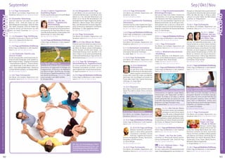 Tagesablauf,Seminarbeginnund–ende:Seite18.AlleSeminaremitMeditation,Mantra-Singen,Yogastunden.SeminarleiterabSeite165.
162 163
Anmeldeformulars.letzteSeite.Tel.InfoundAnmeldungtägl.8-20Uhr:BM05234/87-0·WW02685/8002-0·NO04426/904161-0·AL08361/92530-0
ALLGÄU
ALLGÄU
Sep / Okt / NovSeptember
27.9.-2.10. Yoga Ferienwoche
Eine Woche zum Aufladen, Regenerieren und
Verwöhnen. Siehe S. 6.
MZ 324 €; DZ 409 €; EZ 496 €
27.9.-25.10. Yogalehrer/in Ausbildung
Intensivkurs
Intensives Training in allen Aspekten des Yoga in
Theorie und Praxis. SL: Gabi Jagadishvari Dörrer.
MZ 2421 €; DZ 2889 €; EZ 3373 €
2.-4.10.YogaundMeditationEinführung
Erfahre Yoga und Meditation in allen Aspekten.
Siehe S. 5. MZ 136 €; DZ 168 €; EZ 204 €
4.-9.10. Yoga Ferienwoche
Eine Woche zum Aufladen, Regenerieren und
Verwöhnen. SieheS.6.MZ324€;DZ409€;EZ496€
9.-11.10. Harmonium Lernseminar
Lerne Harmonium zu spielen! Wenn vorhanden,
bitte eigenes Harmonium mitbringen.
SL: Jürgen Wade. MZ 178 €; DZ 213 €; EZ 248 €
11.-16.10. Yoga Ferienwoche
Eine Woche zum Aufladen, Regenerieren und
Verwöhnen. SieheS.6.MZ324€;DZ409€;EZ496€
16.-18.10. Harmonium
Aufbauseminar
Du hast deine ersten Erfahrungen
undKenntnissemitdemHarmonium-
spielen erworben und möchtest jetzt
einfach mehr lernen? Wir singen und begleiten
gemeinsam viele neue Bhajans und werden viel
Freude dabei haben! Gern eigenes Harmonium
mitbringen. SL: Jürgen Wade.
MZ 178 €; DZ 213 €; EZ 248 €
16.-25.10. Navaratri
Neun Tage zur Verehrung der göttlichen Mutter.
Täglich Puja, Mantra-Singen, Homa und Karma
Yoga. Preise:aufAnfragebzw.aufKarmaYogaBasis.
18.-23.10. Yoga Ferienwoche
Eine Woche zum Aufladen, Regenerieren und
Verwöhnen. SieheS.6.MZ324€;DZ409€;EZ496€
23.-25.10.YogaundMeditationEinführung
Erfahre Yoga und Meditation in allen Aspekten.
Siehe S. 5. MZ 136 €; DZ 168 €; EZ 204 €
25.-30.10.Yin Yoga und Klang
Meditativ, faszienfein und tiefenent-
spannt in deiner Mitte, gesammelt
und zentriert, in der Ruhe, in der die
Kraft liegt – begleitet durch etwa ein
Dutzend Klangschalen, Gesang, Harmonium,
Klangstäbe und Affirmationen.
SL: Arjuna Wingen.
MZ 386 €; DZ 469 €; EZ 555 €
25.-30.10. Yoga Ferienwoche
Eine Woche zum Aufladen, Regenerieren und
Verwöhnen. SieheS.6.MZ324€;DZ409€;EZ496€
30.10.-1.11.Yoga bei posttraumatischen
Belastungsstörungen
Das Leid als Folge eines erlebten Traumas hat
viele Gesichter, z. B. ein geringes Selbstwertge-
fühl, Alpträume, Flash-backs, Depressionen. Du
lernstu.a.ein„traumasensibles“Yogakennenund
Meditationsmethoden, die für dich ganz indivi-
duell geeignet sind, so dass du zu Hause leicht
weiterüben kannst und zunehmend weniger von
GedankenundGefühlendesTraumasüberwältigt
wirst. SL: Anke Gempke.
MZ 178 €; DZ 213 €; EZ 248 €
30.10.-1.11.YogaundMeditationEinführung
Erfahre Yoga und Meditation in allen Aspekten.
Siehe S. 5. MZ 136 €; DZ 168 €; EZ 204 €
1.-6.11. Yoga Ferienwoche
Eine Woche zum Aufladen, Regenerieren und
Verwöhnen. SieheS.6.MZ324€;DZ409€;EZ496€
1.-8./13.11. Meditationskursleiter/in
-Ausbildung
Erlerne es, Menschen in die Meditation einzu-
führen und ihre Meditationspraxis zu begleiten.
SL: Shivakami Bretz, Rama Schwab.
1.-8.11.: MZ 688 €; DZ 804 €; EZ 925 €
1.-13.11.: MZ 1074 €; DZ 1273 €; EZ 1481 €
6.-8.11.YogaundMeditationEinführung
Erfahre Yoga und Meditation in allen Aspekten.
Siehe S. 5. MZ 136 €; DZ 168 €; EZ 204 €
8.-13.11.MeditationIntensivSchweigend
Intensivseminar mit täglichen, langen Medita-
tionssitzungen, zwei Yogastunden und Mant-
ra-Singen. Du findest zu dir selbst, zu deinem
inneren spirituellen Kern, du tauchst ein in die
innere Welt. Gute Vorkenntnisse in Hatha-Yoga,
Meditation und Yoga-Philosophie nötig.
SL: Shivakami Bretz. MZ 386 €; DZ 469 €; EZ 555 €
13.-15.11.Das Feld der Ahnen
Durch Gene, Karma und Sozialisation
unterliegen wir dem Einfluss unserer
Ahnen.WirwollenmitBiografieArbeit
VerstrickungenderAhnenkraftaufspü-
ren,dieSippenseeleunddamitalteWundenheilen.
SchamanischeundvedischeRitualeunterstützen
den Prozess. SL: Maharani Fritsch de Navarrete.
MZ 178 €; DZ 213 €; EZ 248 €
13.-15.11.YogaundMeditationEinführung
Erfahre Yoga und Meditation in allen Aspekten.
Siehe S. 5. MZ 136 €; DZ 168 €; EZ 204 €
14.11. Diwali - das Fest des Lichts
Lichterfest zur Öffnung des Herzens und Ent-
faltung allumfassender Liebe. 20:00 Uhr Puja.
Kostenlos. Spenden willkommen.
Neu 15.-20.11. Achtsam leben – Yoga
im Chaos des Alltags
Du wirst traditionelle Achtsamkeitstechniken
sowie theaterpädagogische und interaktive
Übungen zur Selbstwahrnehmung kennenlernen
undpraktizieren.DieseTechnikenkönnendirdabei
helfen, den Weg des Yoga im Alltag zu gehen
und auch im bunten Treiben der Welt bewusst
zu bleiben. SL: Philipp Beuchel.
MZ 386 €; DZ 469 €; EZ 555 €
15.-20.11. Yoga Ferienwoche
Eine Woche zum Aufladen, Regenerieren und
Verwöhnen. SieheS.6.MZ324€;DZ409€;EZ496€
20.-22.11. Selbst-
reflexion und psy-
chologische Arbeit
mit Hatha Yoga
DurchAufmerksamkeits-
lenkung und Selbstreflexionstechniken in den
Asanas kommst du zu deinen tieferen Gefühlen
und Gedanken, zu dir selbst. Du lernst, die starke
SymbolikderAsanaszuentschlüsseln.Duerhältst
Techniken, um durch Zugang zur Intelligenz des
Körpers bessere Entscheidungen zu treffen, alte
Muster zu erkennen und umzustrukturieren.
Gute Vorkenntnisse in Hatha-Yoga, Meditation
und Yoga-Philosophie nötig. SL: Chandrashekara
Schönwetter, Shivani Gumler.
MZ 178 €; DZ 213 €; EZ 248 €
20.-22.11.YogaundMeditationEinführung
Erfahre Yoga und Meditation in allen Aspekten.
Siehe S. 5. MZ 136 €; DZ 168 €; EZ 204 €
22.-27.11. Kraftvolle Stille -
Zeit für seelisches Aufräumen
Nicht immer ist es Zeit, loszulegen und Neues
anzupacken. Bisweilen ist Innehalten angesagt,
Bilanz ziehen. Du lernst und übst Techniken aus
dem spirituellen Coaching, Trance und Medi-
tation. Nicht nur Meditations- sondern auch
Coaching-Seminar,dukannstübereigeneThemen
reflektieren, um Inspiration zu finden.
SL: Susanne Sirringhaus.
MZ 386 €; DZ 469 €; EZ 555 €
22.-27.11. Yoga Ferienwoche
Eine Woche zum Aufladen, Regenerieren und
Verwöhnen. SieheS.6.MZ324€;DZ409€;EZ496€
27.-29.11. Mantra-
Singen und Yoga
- Freude im Herzen
Klassisch indische Nada
Klänge entführen dich tief
in dein Herz. Ruhige Mantra Musik oder Latino
Rhythmen erfrischen die Seele. Ausreichend
Theorie und Praxis, wie Mantra Musik gestaltet
wird: Mantras und Chakras, Stimmübungen für
Nada Klänge und indische Musikskala, Rhyth-
musübungen, Kirtan Singen, Mantra Konzert,
Meditation, Mantra Yogastunde.
SL: Gruppe Mudita. MZ 178 €; DZ 213 €; EZ 248 €
27.-29.11.YogaundMeditationEinführung
Erfahre Yoga und Meditation in allen Aspekten.
Siehe S. 5. MZ 136 €; DZ 168 €; EZ 204 €
6.-11.9. Yoga Ferienwoche
Eine Woche zum Aufladen, Regenerieren und
Verwöhnen. SieheS.6.MZ324€;DZ409€;EZ496€
8.9. Sivanandas Geburtstag
Lasse dich inspirieren vom Leben eines großen
Meisters. 12:00 - 20:00 Uhr Singen von „Om
Namo Bhagavate Sivanandaya“, 19:00 Uhr Video
über Swami Sivananda. 20:00 Uhr Große Puja
(indisches Ritual) und Geschichten aus dem
Leben von Swami Sivananda. Alles kostenlos.
Spende willkommen.
11.-13.9. Kundalini Yoga Einführung
Gründliche Einführung in Theorie und Praxis.
Siehe S. 9. SL: Nilakantha Christian Enz.
MZ 145 €; DZ 177 €; EZ 212 €
11.-13.9.YogaundMeditationEinführung
Erfahre Yoga und Meditation in allen Aspekten.
Siehe S. 5. MZ 136 €; DZ 168 €; EZ 204 €
13.-18.9. Praktische Schritte zum
inneren Frieden
Ein sehr wirkungsvolles, transformatorisches Se-
minar mit vielen Anregungen. Unter anderem zu:
Mehr Energie im Alltag – Umgang mit Emotionen
– Unverarbeitetes integrieren – Positives Denken
– gute Beziehungen zu den Mitmenschen auf-
bauen – seine Lebensaufgabe finden – Beziehung
zuetwasHöheremaufbauen.SL:ShivakamiBretz.
MZ 386 €; DZ 469 €; EZ 555 €
13.-18.9. Yoga Ferienwoche
Eine Woche zum Aufladen, Regenerieren und
Verwöhnen. SieheS.6.MZ324€;DZ409€;EZ496€
18.-20.9. 3-Jahres-Yogalehrer/in
Ausbildung Beginn
Einführungsveranstaltung, SL: Karuna M. Wapke.
MZ 140 €; DZ 164 €; EZ 192 €
18.-20.9. Yoga für den
Rücken - Yogalehrer/in
Weiterbildung
Dulernstu.a.diehäufigstenUrsachen
und Symptome für Rückenprobleme,
die Anpassung der Yoga Vidya Reihe an spezi-
fischeRückenbeschwerdenunddenAufbaueiner
Rückenstunde. SL: Susan Holze-Apell.
MZ 178 €; DZ 213 €; EZ 248 €
18.-20.9.YogaundMeditationEinführung
Erfahre Yoga und Meditation in allen Aspekten.
Siehe S. 5. MZ 136 €; DZ 168 €; EZ 204 €
20.9. Tag der offenen Tür
Ab 09:00 Uhr bis 21:00 Uhr. Zum unverbindlichen
Kennenlernen,mitYogastundenfürAnfängerund
Fortgeschrittene, Einführung in die Meditation
und Mantra-Singen, Hausführung, Vorträge,
Info-Vortrag zur Yogalehrerausbildung, 2 x Voll-
wert-Buffet und Verlosung. Alles kostenlos! Bitte
vorher anmelden unter 08361-925300.
SL: Shivakami Bretz.
20.-25.9. Bergwandern und Yoga
Je nach Wetter und Lust unternehmen wir aus-
sichtsreiche Wanderungen in den Bergen (reine
Gehzeit ca. 3-5h, 300-500 Höhenmeter) und
kühlen uns im See ab. Mit Gehmeditation und
Schweigeeinheiten.TäglichYogastunde,Satsang,
Meditation, Mantra-Singen. Bitte mitbringen:
Berg- oder Wanderstiefel, Rucksack, Regenklei-
dung, Sonnenschutz, Badesachen, Trinkflasche,
Brotzeitdose. SL: Gabi Jagadishvari Dörrer.
MZ 386 €; DZ 469 €; EZ 555 €
20.-25.9. Yoga Ferienwoche
Eine Woche zum Aufladen, Regenerieren und
Verwöhnen. SieheS.6.MZ324€;DZ409€;EZ496€
Neu 25.-27.9. Das Wesen der Bäume
Erlebe die natürliche Vielfalt des Lebens im Kon-
takt zwischen Mensch und Natur. Einblicke in
das Wesen der Bäume anhand wildnispädago-
gischer Übungen vertiefen deine Körper- und
Umweltwahrnehmung. Durch das Üben in der
Natur erfährst du die gemeinschaftsbildende,
friedensstiftendeWirkungvonYogaundTanz.SL:
MonikaAdeleCamara.MZ178€;DZ213€;EZ248€
25.-27.9. Yoga für Schwangere -
Weiterbildung für Yogalehrer/innen
Du lernst geeignete Asana-Variationen für
Schwangere auszuwählen und Atem- und Ent-
spannungstechniken entsprechend anzuleiten.
SL:SusannevonSomm.MZ178€;DZ213€;EZ248€
25.-27.9.YogaundMeditationEinführung
Erfahre Yoga und Meditation in allen Aspekten.
Siehe S. 5. MZ 136 €; DZ 168 €; EZ 204 €
Alle Aus- und  Weiterbildungen findest
du ausführlich beschrieben im Aus- und
Weiterbildungskatalog2020(bitteanfor-
dern)oderunteryoga-vidya.de/ausbildung
 