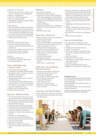 Meditation

• Verstehen des menschlichen Körpers, insbesondere im Hinblick auf die Yogaübungen
• Muskel- und Skelettsystem
• Atmungs- und Verdauungssystem
• Nerven- und Hormonsystem
• Physiologische Wirkungen der Yoga-Übungen
• Sportliche Trainingslehre

• Konzentrationstechniken
• Achtsamkeit im täglichen Leben
• Meditationstechniken: Mantra-Meditation,
Tratak, Chakra-Meditation, Energie-Meditation, Achtsamkeits-Meditation, AusdehnungsMeditation, abstrakte Meditation und kreative
Visualisierung
• Stufen der Meditation
• Überwindung der Hindernisse in der Meditation
• Meditation in Naturwissenschaft und Forschung
• Meditationserfahrungen

Gesundheitslehre
• Was ist Gesundheit? Ursachen der Krankheit
• Gesunde Lebensführung: Ganzheitlich leben
• Wirkungsvolle yogische Hausrezepte bei einfachen Krankheiten wie: Erkältung, Heuschnupfen, Kopfweh, Allergien, Verdauungsprobleme
• Yoga als Therapie. Gesund bis ins hohe Alter
• Heilung durch mentales Training
Ernährung
• Natürliche Ernährung des Menschen
• Gründe für die vegetarische Ernährung
• 3 Gunas: geistige und energetische Wirkung
der Nahrung
• Ernährung für fortgeschrittenes Hatha Yoga
• Fasten. Schlank werden und bleiben
• Spezielle Ernährungsformen/Diäten
Ayurveda
• Gesundheit und Krankheit
• Die 3 Doshas. Typgerechte Lebensweise
• Ayurvedische Ernährung

Karma Yoga – Yoga der Tat
•
•
•
•
•
•
•
•
•
•
•
•
•
•

Tantra und Kundalini Yoga
– Yoga der Energie
• Theorie: Shiva-Shakti-Philosophie
• Energiekörper: Prana, Nadis, Chakras, Kundalini
• Astralwelten, Geister und Leben nach dem
Tod. Hilfe für die Verstorbenen
• Die Öffnung der Chakras
• Parapsychologische Phänomene, außersinnliche Wahrnehmung
• Die Erweckung der Kundalini: Methoden, Erfahrungen, Gefahren und Vorsichtsmaßnamen
• Die Techniken des Kundalini Yoga: Mantra,
Laya, Yantra, Nada, Hatha Yoga
• Weißes, rotes und schwarzes Tantra
• Sexualität und Partnerschaft

Raja Yoga – Mentales Training
• Die menschliche Psyche voll nutzen: Unterbewusstsein, Bewusstsein und Überbewusstsein
• Gedankenkraft und positives Denken. Mind
Control. Gedanken als Schöpfer des Schicksals
• Persönlichkeitsentwicklung
• Selbsterkenntnis und Selbstverwirklichung
• Entwicklung von Erinnerungsvermögen, Willenskraft, Konzentration, Kreativität und Intuition
• Umgang mit Gefühlen und Emotionen
• Kontakt zum Höheren Selbst: Was will ich
wirklich?
• Affirmationen und Visualisierung
• Charisma und persönliche Ausstrahlung
• Wie man schlechte Gewohnheiten überwindet
• Yoga-Sutras von Patanjali
• Bewusstseinserweiterung
• Raja Yoga und moderne Hirnforschung
• Indische und westliche Psychologie im Vergleich

Karma, das Gesetz von Ursache und Wirkung
Dharma: rechtes Handeln
Ethik im täglichen Leben
Ahimsa: Gewaltlosigkeit und Nichtverletzen
Swadharma und Swarupa: Die Kunst, die richtigen Entscheidungen zu treffen
Selbstloser Dienst und Spiritualität
Umgang mit schwierigen Mitmenschen
Rede- und Kommunikationstraining
Beziehungen mit anderen verbessern
Freunde gewinnen
Familie und Partnerschaft
Der Weg der Entsagung
Ökologisches Bewusstsein und soziales Engagement
Einfach leben – erhaben denken

Bhakti Yoga – Den Kontakt zum
Göttlichen herstellen
•
•
•
•
•
•
•
•
•
•

Gefühlstraining. Gefühle und Emotionen
Das Wunder der Liebe. Was ist Gott?
Erfahrungen des Göttlichen
Den Kontakt zum Göttlichen herstellen
Gott im täglichen Leben, Gebet
Hinduistische Mythologie
Kirtan: Mantra-Singen
Rituale: Arati, Puja und Homa
Möglichkeit zur Mantra-Einweihung
Guru und Schüler

Jnana Yoga – Der Yoga des Wissens

• Klassische Schriften des Hinduismus: Vedas,
Smritis, Itihasas und Puranas (kurze Erläuterung)
• Wichtigste Schriften des Yoga: Upanishaden,
Brahma Sutras, Bhagavad Gita, Yoga Sutras,
Hatha Yoga Pradipika und Bhakti Sutras
• Physischer Körper, Astralkörper, Kausalkörper• Stufen der spirituellen Entwicklung (7 Bhumikas)
• Kosmologie und Schöpfung. Zeit, Raum, Kausalität
• Vedanta: Philosophie des Absoluten. Wer bin
ich? Was ist wirklich? Was ist Bewusstsein?
Was ist Glück?
• Das Selbst als Sein, Wissen und Glückseligkeit
• Moderne Physik und Vedanta

Yoga Unterrichtsmethodik
• Grundprinzipien des Yoga-Unterrichtes
• Persönlichkeit und innere Haltung des Yogalehrers
• Vortragstechnik und Stimmschulung
• Aufbau einer Yogastunde
• Aufbau von Yogakursen und Zyklen: Anfänger-, Aufbau-, Fortgeschrittenenkurse, offene
Stunden
• Yoga für den Rücken
• Haltungskorrektur durch Yoga
• Einfühlsame und wirkungsvolle Formen der
individuellen Korrektur
• Hilfsmittel im Yoga
• Yoga für Schwangere, Kinder, Senioren
• Möglichkeiten und Grenzen der Yoga Therapie

Benötigte Literatur
(1) „Das Yoga Vidya Asana Buch“, Sukadev Bretz
(2) „Das Große Illustrierte Yogabuch“ von Swami
Vishnu-devananda
(3) „Bhagavad Gita“, Text und Erläuterungen von
Swami Sivananda
(4) „Handbuch Anatomie – Bau und Funktion des
menschlichen Körpers“
Erhältlich im Haus Yoga Vidya, im Yoga Vidya Versand
(www.yoga-vidya.de/shop) sowie im Buchhandel.

• Karma: Das Gesetz von Ursache und Wirkung
• Reinkarnationslehre: Tod, Leben nach dem
Tod, Wiedergeburt

Anmeldeformular s. letzte Seite. Tel. Info und Anmeldung tägl. 8-20 Uhr: BM 05234/87-0 · WW 02685/8002-0 · NO 04426/904161-0 · AL 08361/92530-0

163

Yogalehrer/in Ausbildung

Physiologie und Gesundheit

 
