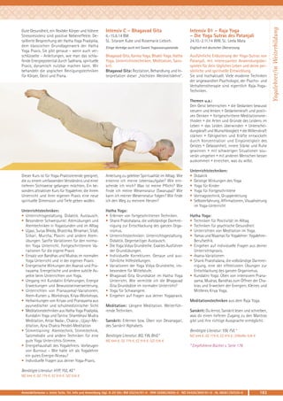 Intensiv C – Bhagavad Gita
6.-15.6.14 BM
SL: Sitaram Kube und Rosemarie Liebich.

Intensiv D1 – Raja Yoga
– Die Yoga Sutras des Patanjali
24.10.-2.11.14 WW, SL: Leela Mata

Einige Vorträge auch mit Swami Yogaswarupananda

Englisch mit deutscher Übersetzung

Bhagavad Gita, Karma Yoga, Bhakti Yoga, Hatha
Yoga. Unterrichtstechniken, Meditation, Sanskrit.
Bhagavad Gita: Rezitation, Behandlung und Interpretation dieser „höchsten Weisheitslehre“.

Ausführliche Erläuterung der Yoga-Sutras von
Patanjali, mit interessanten Anwendungsbeispielen für dein tägliches Leben und deine persönliche und spirituelle Entwicklung.
Sie sind hochaktuell: Viele moderne Techniken
der angewandten Psychologie, der Psycho- und
Verhaltenstherapie sind eigentlich Raja-YogaTechniken.
Themen u.a.:
Den Geist beherrschen • die Gedanken bewusst
steuern und lenken • Gedankenkraft und positives Denken • fortgeschrittene Meditations